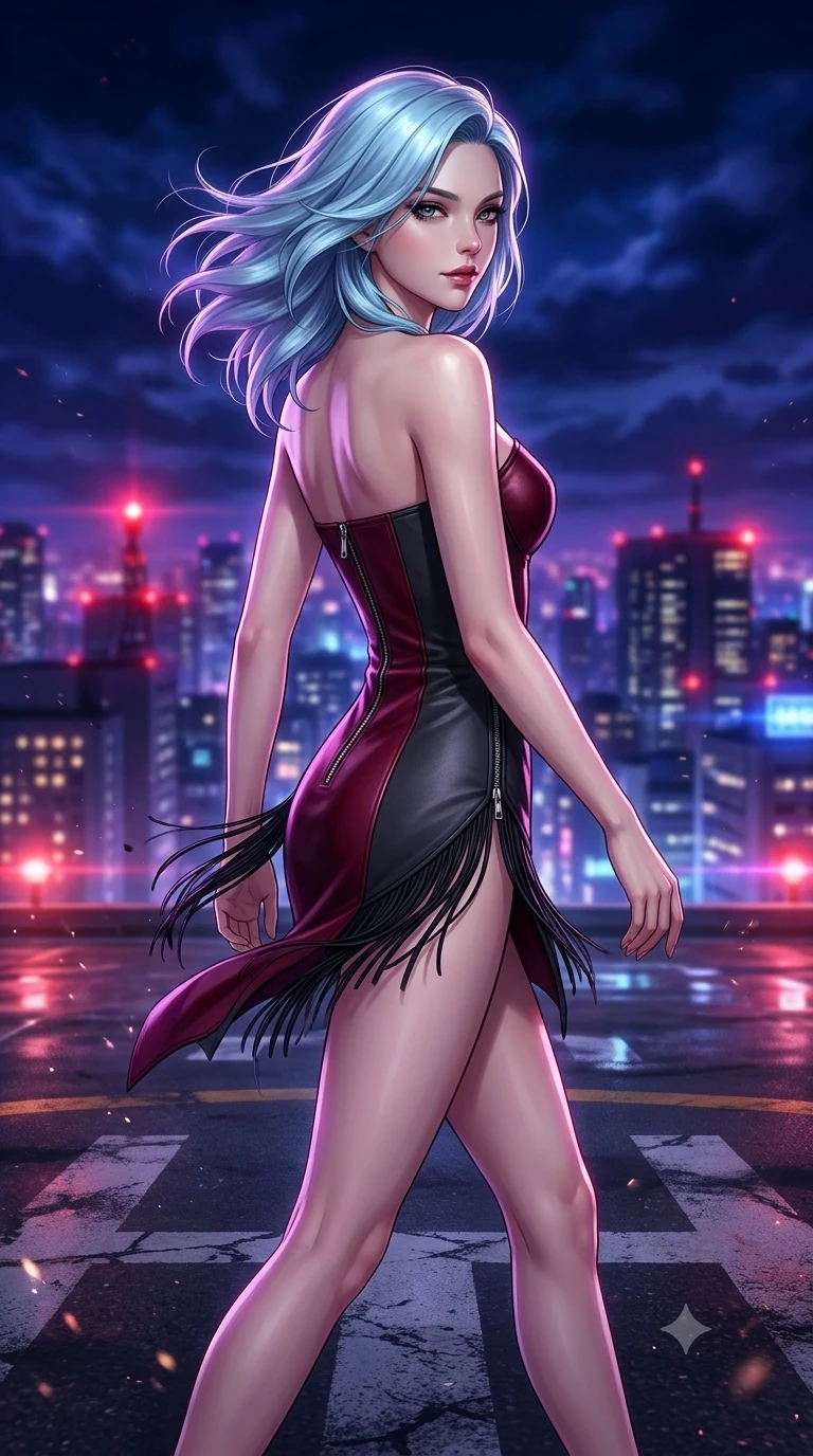 score_9, masterpiece, best quality, ultra-detailed, high-budget anime keyframe, semi-realistic 3D game render, editorial fashion photography, tasteful artistic composition, Korean woman. close-up cowboy shot from the waist and thighs up, the character dominates the composition, filling the frame with her large presence. posing in an alluring rear three-quarter angle, turning over a bare shoulder with an intoxicating, smoldering gaze while striding confidently across the tarmac markings, nocturnal gale-force breezes whipping her garments open to accentuate her long slender legs. The background shows a soft-focus infinite horizon of Tokyo skyscraper spires, flashing red aviation beacons, and deep indigo midnight clouds blurred into violet, ruby, and cobalt bokeh. She has an exceptionally elegant, slender, and willowy female figure with an ultra-slim waist, flat toned midriff, narrow ribcage, and sculpted feminine hips creating an alluring, slim hourglass silhouette without bulk. sharp v-shaped jawline, high-bridge nose, intricate jewel-like dark sparkling eyes with hypnotic seductive depth, thick curled eyelashes, glossy parted lips with a natural wine sheen, alluring bedroom-eyes with an enigmatic smoldering smile, exuding magnetic sovereign charisma and dark avant-garde glamour, flawlessly proportioned anatomical accuracy, strict slender model proportions, natural body alignment, perfectly sculpted long slender limbs, ultra-slim waistline, clean dynamic posture without body distortion. wearing a glove-like stretch lambskin leather corset dress with double-ended front zipper in deep crimson burgundy and matte charcoal, woven from bespoke high-density barathea wool with refined ceremonial hold, finished with delicate jet-black micro-fringe fluttering softly along her hips with each step, accentuating her gracefully sculpted slender torso and statuesque proportions. bathed in rhythmic pulsing violet strobe flashes contrasted with ambient city light glow. highly saturated vibrant anime colors, detailed shading with soft gradients, rich glossy textures, high-contrast stereoscopic depth, volumetric dynamic lighting, master piece, 9:16 ratio