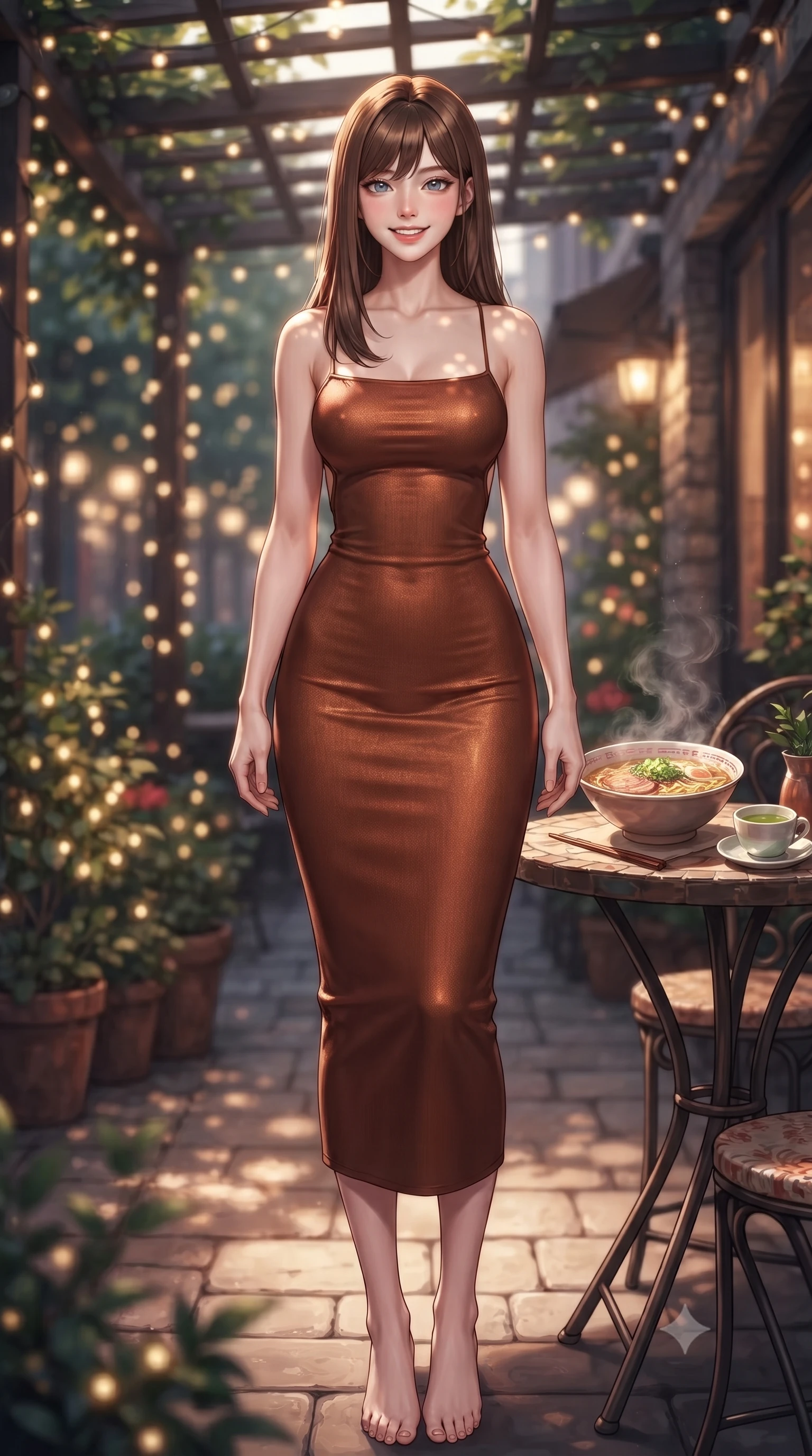 score_9, masterpiece, best quality, ultra-detailed, high-budget anime keyframe, editorial fashion photography, tasteful artistic composition, Korean woman. low angle full-body shot from head to toe showing her feet, filling the entire 9:16 vertical frame with her statuesque presence, stretching her vertical silhouette. standing with a cute, bright pose, tilting her head with a beaming smile set against a soft-focus background of at an outdoor garden table of a cozy Italian bistro decorated with fairy lights with a steaming bowl of ramen and a small cup of hot green tea nearby. She has an absolutely perfect, statuesque 8.5-heads proportion, an exceptionally tall and slender model-like female figure with impossibly long slender legs and an ultra-slim waist. sharp v-shaped jawline, high-bridge nose, intricate jewel-like eyes with depth, thick eyelashes, glossy lips with a natural sheen. wearing slim-fit body-hugging knit midi dress with a tasteful open-back design and thin straps. dappled sunlight filtering through the outdoor trellis onto her shoulders. ultra-reflective glossy finish, specular highlights, metallic sheen, high-contrast stereoscopic depth, volumetric dynamic lighting, 2k, ultra detail, master piece, 9:16 ratio