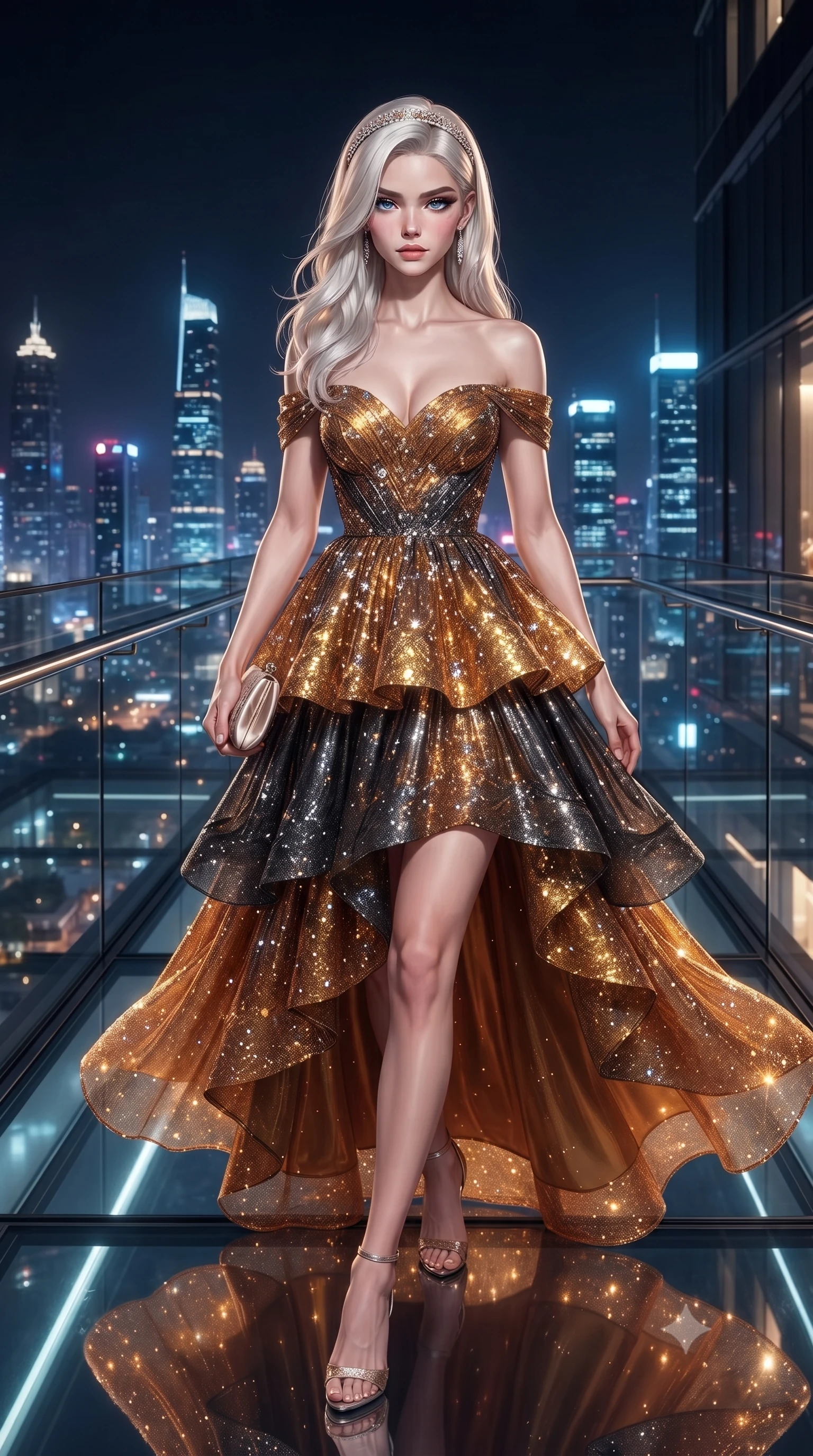 score_9, masterpiece, best quality, ultra-detailed, high-budget anime keyframe, editorial fashion photography, tasteful artistic composition, Caucasian woman. close-up cowboy shot from the waist and thighs up, the character dominates the composition, filling the frame with her large presence. radiating intense magnetic charisma with jewel-like eyes locked onto the viewer, her upper body turning in a dynamic, fluid S-curve while striding along the illuminated glass deck with effortless high-fashion authority and statuesque poise. The surrounding environment is rendered in vivid detail and crisp panoramic clarity. sleek modern luxury chiaroscuro and futuristic skyline elegance rendered with environmental precision. She has an exceptionally elegant, slender, and willowy female figure with an ultra-slim waist, a gracefully sculpted slender torso, toned flat midriff, and a refined slim silhouette. sharp v-shaped jawline, high-bridge nose, intricate jewel-like eyes with depth, thick eyelashes, glossy lips with a natural sheen, captivating and magnetic expression, flawlessly proportioned anatomical accuracy, strict slender model proportions, natural body alignment, perfectly sculpted long slender limbs, ultra-slim waistline, clean dynamic posture without body distortion. wearing a tiered crystal-embellished tulle ballgown with an exposed clavicle neckline and sweetheart bustier in molten amber-gold and dark gunmetal, crafted from luxurious metallic lamé that shifts radiance with every step, accessorized with a sparkling tiara headband and delicate satin clutch, the breezy yet form-flattering drape swaying gracefully with her steps, accentuating her long willowy limbs and slim waistline. illuminated by crisp directional edge lights sharply sculpting her slender waist and long slender legs. ultra-reflective glossy finish, specular highlights, rich textural contrasts, high-contrast stereoscopic depth, volumetric dynamic lighting, 2k, ultra detail, master piece, 9:16 ratio