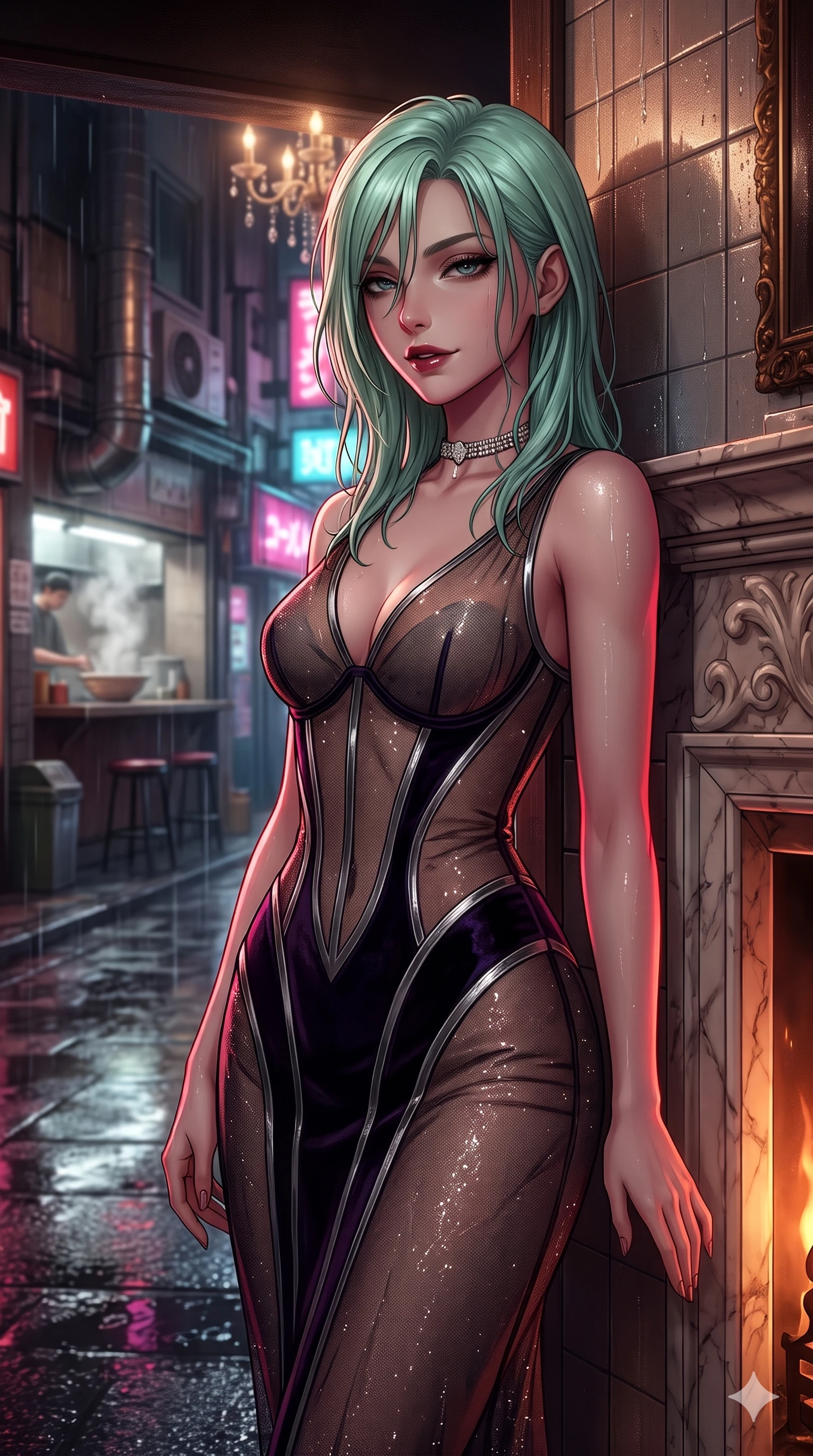 score_9, masterpiece, best quality, ultra-detailed, high-budget anime keyframe, semi-realistic 3D game render, editorial fashion photography, tasteful artistic composition, Japanese woman. close-up cowboy shot from the waist and thighs up, the character dominates the composition, filling the frame with her large presence. standing poised beside a towering marble fireplace with hips cocked back, casting an alluring, sovereign gaze toward the viewer while leaning back against the rain-slicked tile wall with hips cocked back, looking through dark wet strands of hair with heavy-lidded bedroom-eyes. The background shows a soft-focus steaming noodle bar vents and wet Tokyo alley facades softened in rainy night shallow focus. She has an exceptionally elegant, slender, and willowy female figure with an ultra-slim waist, flat toned midriff, narrow ribcage, and sculpted feminine hips creating an alluring, slim hourglass silhouette without bulk. sharp v-shaped jawline, high-bridge nose, intricate jewel-like dark sparkling eyes with dangerous depth, thick curled eyelashes, glossy parted lips with a rich wine sheen, smoldering seductive half-smile with bedroom-eyes, exuding effortless superiority and intoxicating dark allure, flawlessly proportioned anatomical accuracy, strict slender model proportions, natural body alignment, perfectly sculpted long slender limbs, ultra-slim waistline, clean dynamic posture without body distortion. wearing a sheer-illusion mesh corset gown with strategic opaque velvet panels framing her waist and hips in metallic liquid silver and pitch black, woven from metallic lurex thread casting subtle starlight glints across the fabric, finished with a delicate diamond choker catching the chandelier light, the impeccably tailored cut draping gracefully along her slender figure with aristocratic noir poise. illuminated by wet pavement neon puddle bounce and sharp scarlet-magenta rim lights sculpting her razor-sharp jawline, narrow waist, and curvy hips. highly saturated vibrant anime colors, detailed shading with soft gradients, rich glossy textures, high-contrast stereoscopic depth, volumetric dynamic lighting, master piece, 9:16 ratio