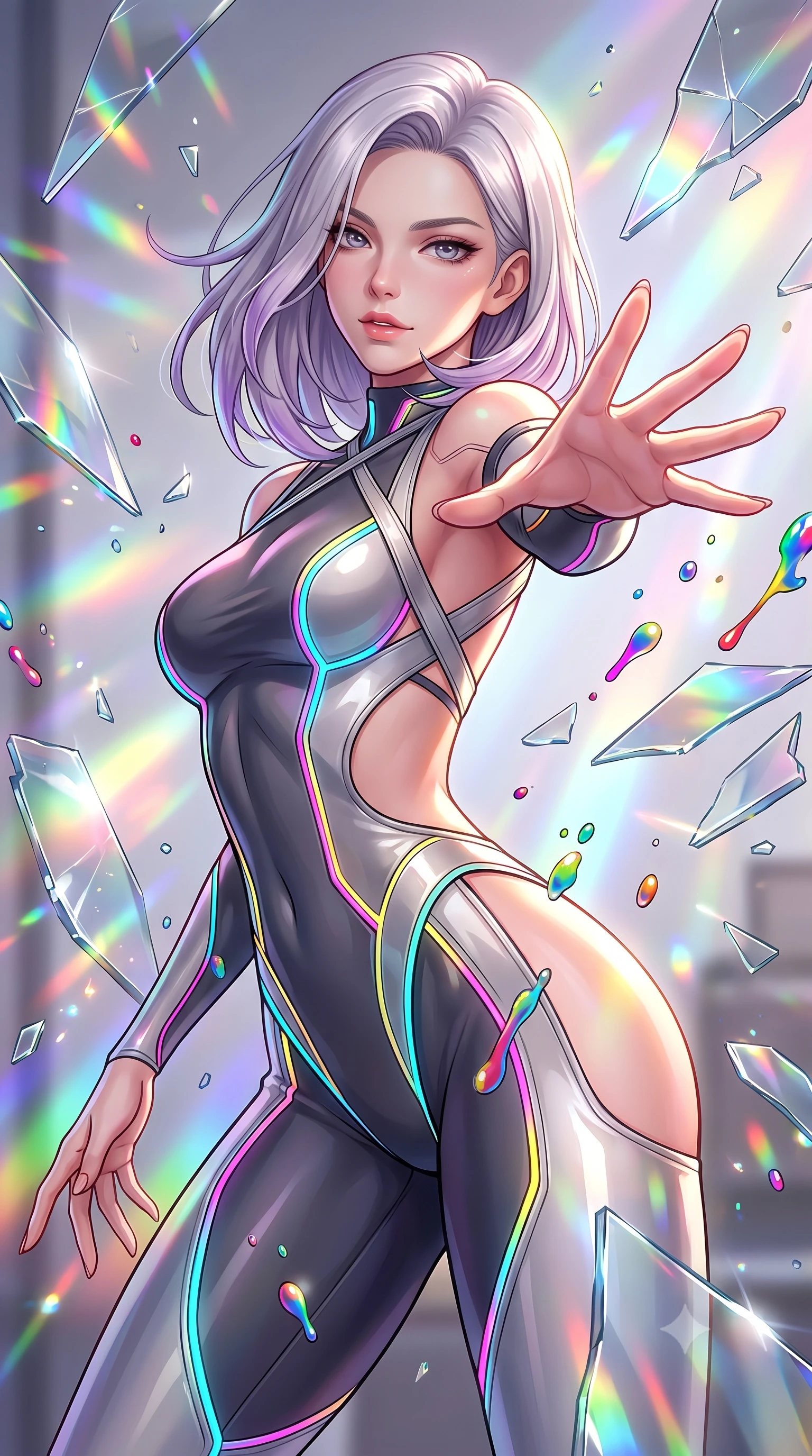 score_9, masterpiece, best quality, ultra-detailed, high-budget anime keyframe, editorial fashion photography, tasteful artistic composition, Caucasian woman. close-up cowboy shot from the waist and thighs up, the character dominates the composition, filling the frame with her large presence, background elements kept in soft focus. Reaching her hand gracefully toward the camera with magnetic allure, her torso turning in a dynamic S-curve alignment while poised in a dynamic low-angle stance as shattered mirror shards freeze around her, vibrant paint droplets frozen in time casting specular highlights. She has an exceptionally elegant, slender, and willowy female figure with an ultra-slim waist, a gracefully sculpted slender torso, and a refined silhouette. sharp v-shaped jawline, high-bridge nose, intricate jewel-like eyes with depth, thick eyelashes, glossy lips with a natural sheen, flawlessly proportioned anatomical accuracy, natural body alignment, perfectly sculpted elegant limbs, clean dynamic posture without body distortion. wearing a skin-tight cybernetic bodysuit with glowing neon seams and side cutouts in charcoal grey and platinum, tailored from high-gloss patent leather, complemented by criss-cross back straps highlighting her bare shoulders, the elegant draped fit framing her graceful clavicle and slender torso. bathed in brilliant multi-color rainbow light refracting through mirror fragments. highly saturated vibrant anime colors, detailed shading with soft gradients, rich glossy textures, high-contrast stereoscopic depth, volumetric dynamic lighting, master piece, 9:16 ratio