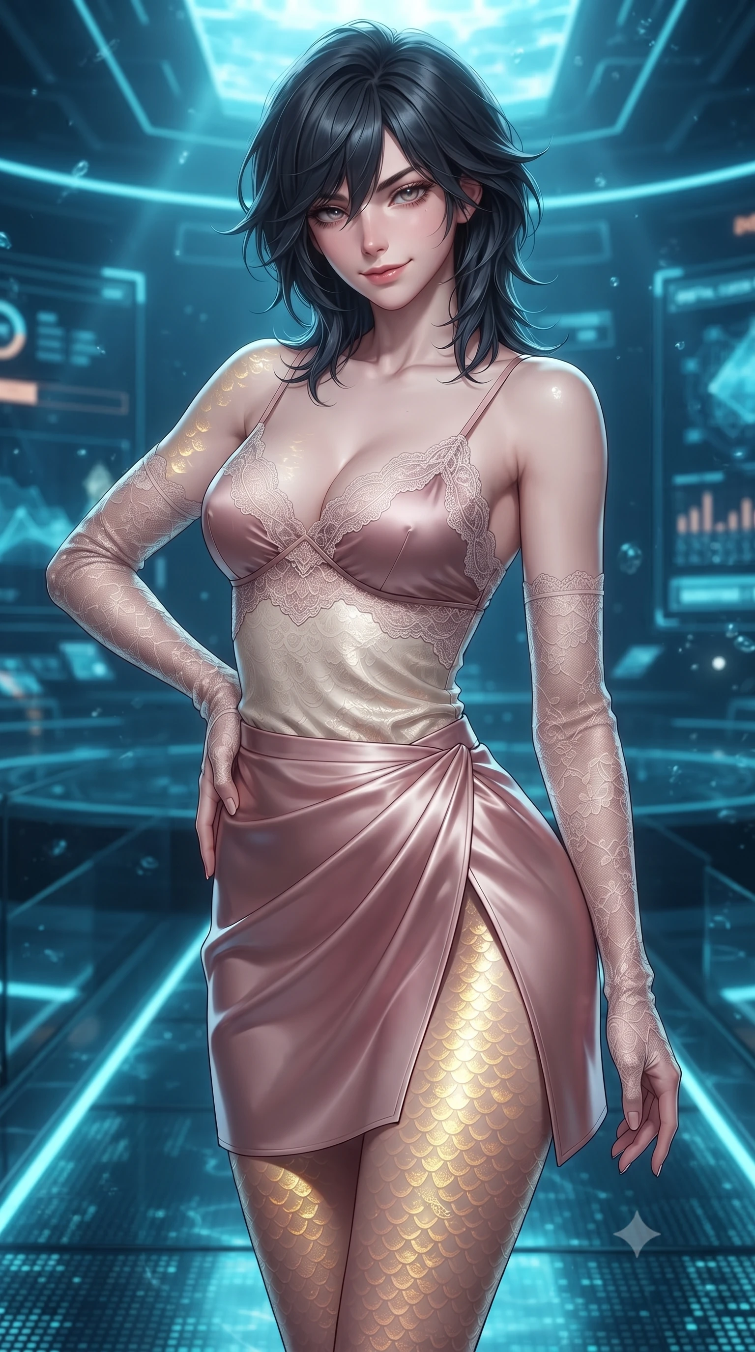 score_9, masterpiece, best quality, ultra-detailed, high-budget anime keyframe, editorial fashion photography, tasteful artistic composition, Caucasian woman. close-up cowboy shot from the waist and thighs up, the character dominates the composition, filling the frame with her large presence. tilting her head with a teasing half-smile, running one hand slowly down the side of her hip in a flirtatious S-curve as ambient light caresses her silhouette while twisting her slender torso in an alluring S-curve, underwater digital screen projections painting shifting golden scales across her curves. The surrounding environment is rendered in vivid detail and crisp panoramic clarity: sharp digital screen sub-pixel patterns under water, glass catwalk tread edges, and polished titanium coping in deep focus. She has an exceptionally elegant, slender, and willowy female figure with an ultra-slim waist, flat toned midriff, narrow ribcage, and sculpted feminine hips creating an alluring, slim hourglass silhouette without bulk. sharp v-shaped jawline, high-bridge nose, sparkling eyes with hypnotic seductive depth, thick curled eyelashes, glossy parted lips with a natural dewy peach sheen, alluring bedroom-eyes with an enchanting coquettish smile, exuding magnetic siren charisma and sophisticated glamour, flawlessly proportioned anatomical accuracy, strict slender model proportions, natural body alignment, perfectly sculpted long slender limbs, ultra-slim waistline, clean dynamic posture without body distortion. wearing a delicate lace-trimmed silk camisole paired with a draped satin wrap sarong mini skirt with high side slit in dusky blush pink and warm ivory lace, crafted from wet-look high-gloss vinyl fabric with dazzling specular surface reflections, complemented by sheer opera-length lace evening gloves tracing her slender arms, the high-slit wrap tailoring accentuating her ultra-slim waistline and the enchanting curve of her feminine hips with alluring seductive charm. illuminated by water surface caustic reflections and sharp electric-cyan rim lights defining her delicate clavicles, narrow waist, and curvy hips. ultra-reflective glossy finish, specular highlights, rich textural contrasts, high-contrast stereoscopic depth, volumetric dynamic lighting, 2k, ultra detail, master piece, 9:16 ratio