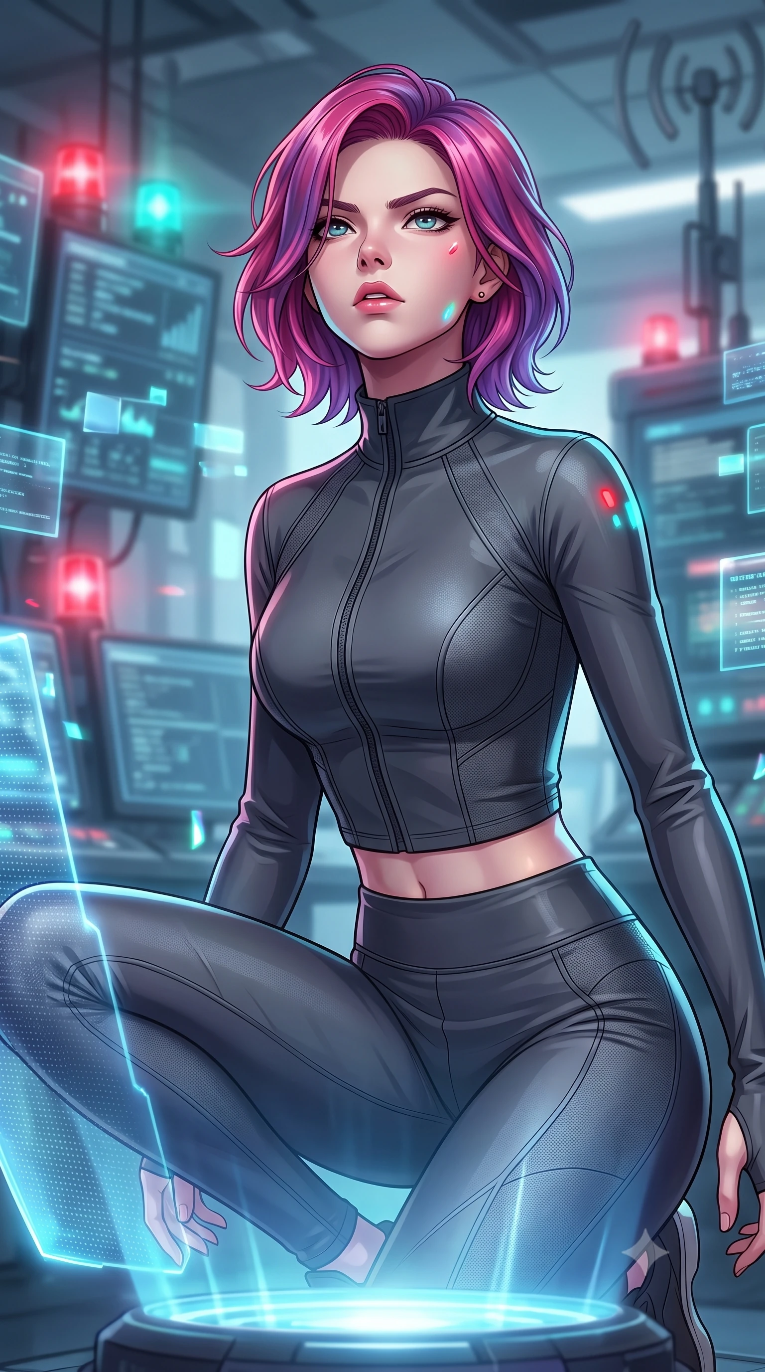 score_9, masterpiece, best quality, ultra-detailed, high-budget anime keyframe, editorial fashion photography, tasteful artistic composition, Caucasian woman. close-up cowboy shot from the waist and thighs up, the character dominates the composition, filling the frame with her large presence, background elements kept in soft focus. crouching slightly behind a glowing holographic shield emitter, looking up with defiance and lips slightly parted, the background shows a soft-focus a communications bay filled with glowing data-shards and signal antennas. She has an exceptionally elegant, slender, and willowy female figure with an ultra-slim waist, a gracefully sculpted slender torso, and a refined silhouette. sharp v-shaped jawline, high-bridge nose, intricate jewel-like eyes with depth, thick eyelashes, glossy lips with a natural sheen. wearing a body-hugging body-hugging high-neck activewear set of a tailored zip-up long-sleeve crop top and matching leggings in carbon-grey. pulsing red and cyan beacon lights casting subtle, colorful highlights on her profile. highly saturated vibrant anime colors, detailed shading with soft gradients, rich glossy textures, high-contrast stereoscopic depth, volumetric dynamic lighting, master piece, 9:16 ratio