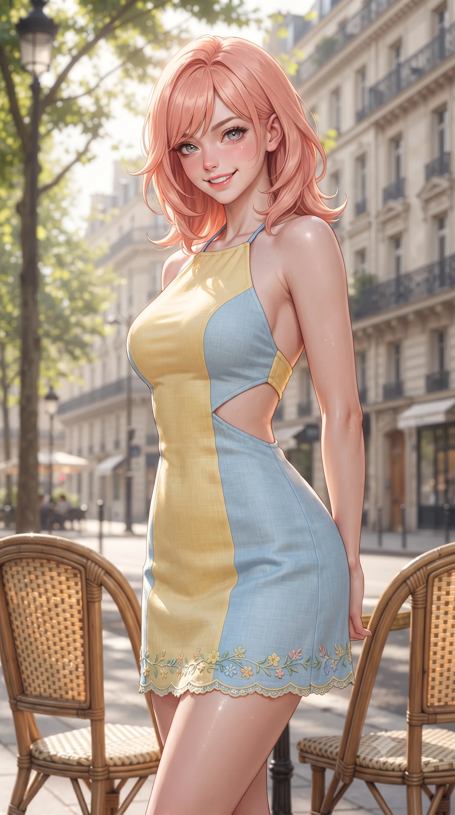 score_9, masterpiece, best quality, ultra-detailed, high-budget anime keyframe, editorial fashion photography, tasteful artistic composition, Japanese woman. close-up cowboy shot from the waist and thighs up, the character dominates the composition, filling the frame with her large presence. resting both hands lightly behind her back while leaning toward the lens with a cheerful, teasing grin, her form-fitting outfit hugging her narrow waist and feminine hip curve while standing poised beside the woven rattan chairs, twisting her slender torso in an alluring contrapposto stance as morning light filters through plane trees. The surrounding environment is rendered in vivid detail and crisp panoramic clarity. detailed tailored jacket and skirt texture, morning sun glints on skin, and Paris boulevard architecture in high clarity. She has an exceptionally elegant, slender, and willowy female figure with an ultra-slim waist, flat toned midriff, narrow ribcage, and sculpted feminine hips creating an alluring, slim hourglass silhouette without bulk. sharp v-shaped jawline, high-bridge nose, intricate jewel-like sparkling eyes with depth, thick eyelashes, glossy parted lips with a natural peach sheen, bright cheerful beaming smile with an enchanting and coquettish sensual glint, exuding both youthful cute charm and seductive allure, flawlessly proportioned anatomical accuracy, strict slender model proportions, natural body alignment, perfectly sculpted long slender limbs, ultra-slim waistline, clean dynamic posture without body distortion. wearing a backless pastel halter sundress with side-waist diamond cutouts and an ultra-fitted hip-hugging silhouette in sunny daffodil yellow and clear sky blue, crafted from soft breathable linen with effortless natural drape, complemented by delicate embroidered floral trim along the hem, the form-fitting cut adhering flawlessly to her sculpted flat midriff and slender torso, emphasizing her long leg lines and perfectly proportioned willowy build. bathed in soft, flattering morning Parisian sunlight filtering through tree canopies. ultra-reflective glossy finish, specular highlights, rich textural contrasts, high-contrast stereoscopic depth, volumetric dynamic lighting, 2k, ultra detail, master piece, 9:16 ratio