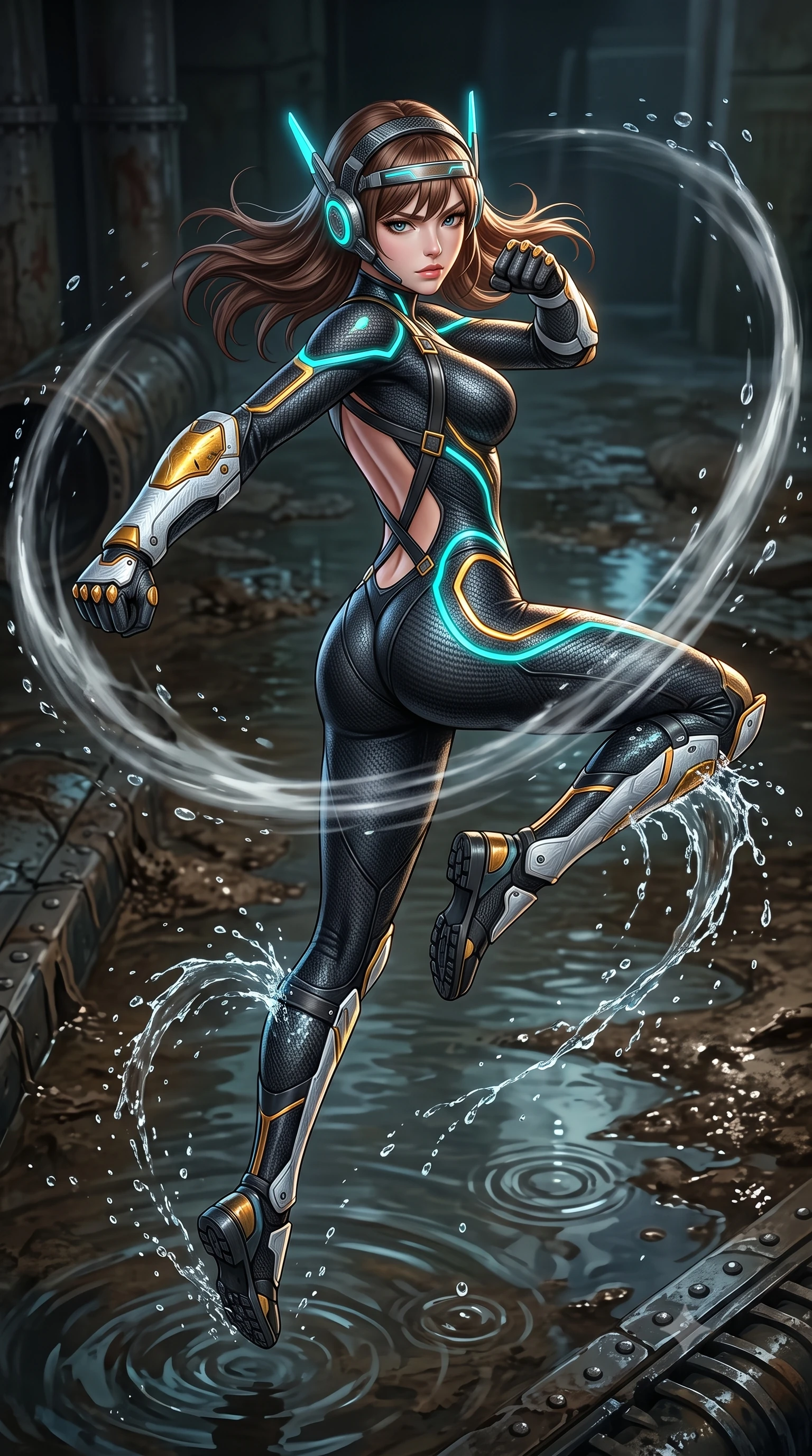 score_9, masterpiece, best quality, ultra-detailed, high-budget anime keyframe, semi-realistic 3D game render, editorial fashion photography, tasteful artistic composition, Korean woman. low angle full-body shot from head to toe showing her feet, filling the entire 9:16 vertical frame with her statuesque presence, stretching her vertical silhouette. leaping into mid-air with an athletic yet alluring arch of her spine, driving a downward kinetic strike surrounded by a ring of displaced air while executing a soaring 180-degree spinning hook kick above black industrial floodwaters with reinforced kinetic shin guards spraying water arcs. The surrounding environment is rendered in vivid detail and crisp panoramic clarity. detailed drainage pipe rivets, water ripple caustics, and mud-scuffed armor accents in high resolution. She has an absolutely perfect, statuesque 8.5-heads proportion, an exceptionally tall and slender model-like female figure with impossibly long slender legs, a toned flat midriff, and an ultra-slim waist. sharp v-shaped jawline, high-bridge nose, intricate jewel-like eyes with depth, thick eyelashes, glossy lips with a natural sheen, fierce and resolute heroine expression, flawlessly proportioned anatomical accuracy, strict slender model proportions, natural body alignment, perfectly sculpted long slender limbs, ultra-slim waistline, clean dynamic posture without body distortion. wearing a lightweight carbon-fiber tactical sensory headpiece with glowing cyan ear-antennae and an ultra-thin forehead HUD brow-band, paired with a skin-tight dark carbon-weave combat bodysuit with glowing neon energy conduits and reinforced Damascus-pattern forearm strike guards in arctic white carbon composite with scratched solar gold armor plating, crafted from ultra-strong woven carbon-fiber composite with battle-tested satin luster, complemented by criss-cross back harness straps highlighting her completely bare spine, the form-contouring material adhering flawlessly to her sculpted flat midriff and slender torso, emphasizing her long leg lines and perfectly proportioned willowy build. illuminated by wet reflective highlights tracing her sculpted collarbones, waistline, and long slender legs. rich saturated anime colors with glowing neon highlights, detailed shading with soft gradients, rich glossy textures, high-contrast stereoscopic depth, volumetric dynamic lighting, master piece, 9:16 ratio