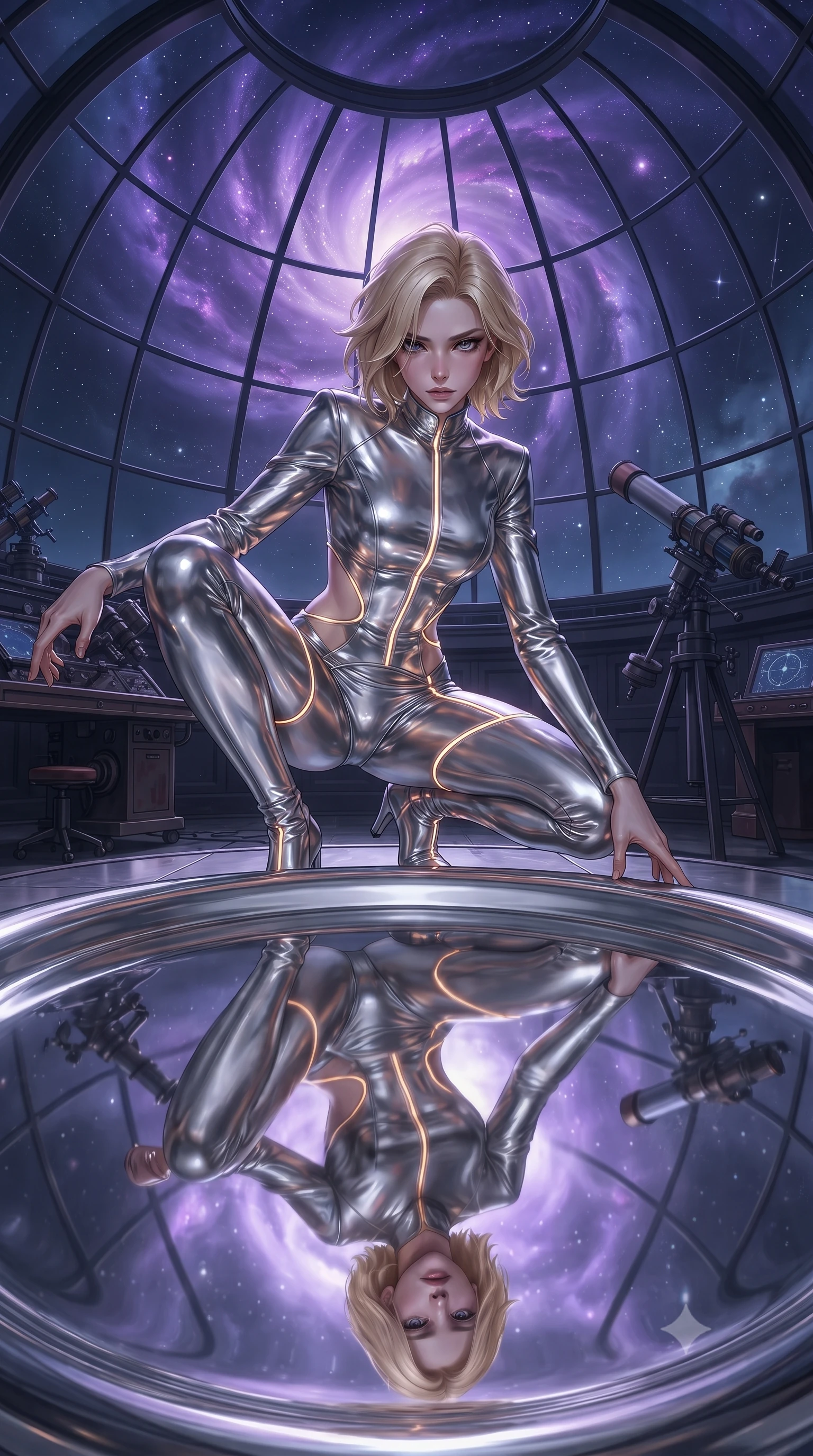 score_9, masterpiece, best quality, ultra-detailed, High-budget Anime Keyframe, editorial fashion photography, tasteful artistic composition, realistic cosplay photography, Caucasian woman, strictly human ears. Low angle cowboy shot filling the entire 9:16 frame with her statuesque presence. Scenario 279: gazing at her reflection in a pool of liquid silver in a high-altitude observatory dome under a swirling violet nebula. Her presence is magnetic and overpowering in this high-budget cinematic scene. Outfit 279: a tailored molten liquid silk garter with a strategic side cut-outs and glowing LED seams. The clothing is designed to emphasize her exceptionally tall and slender 8-heads proportion. 8-heads proportion, towering silhouette, ultra-slim waist. sharp v-shaped jawline, intricate jewel-like eyes with depth, thick eyelashes, glossy lips. ultra-reflective glossy finish, specular highlights, metallic sheen, high-contrast stereoscopic depth, volumetric dynamic lighting, 2k, ultra detail, master piece, 9:16 ratio