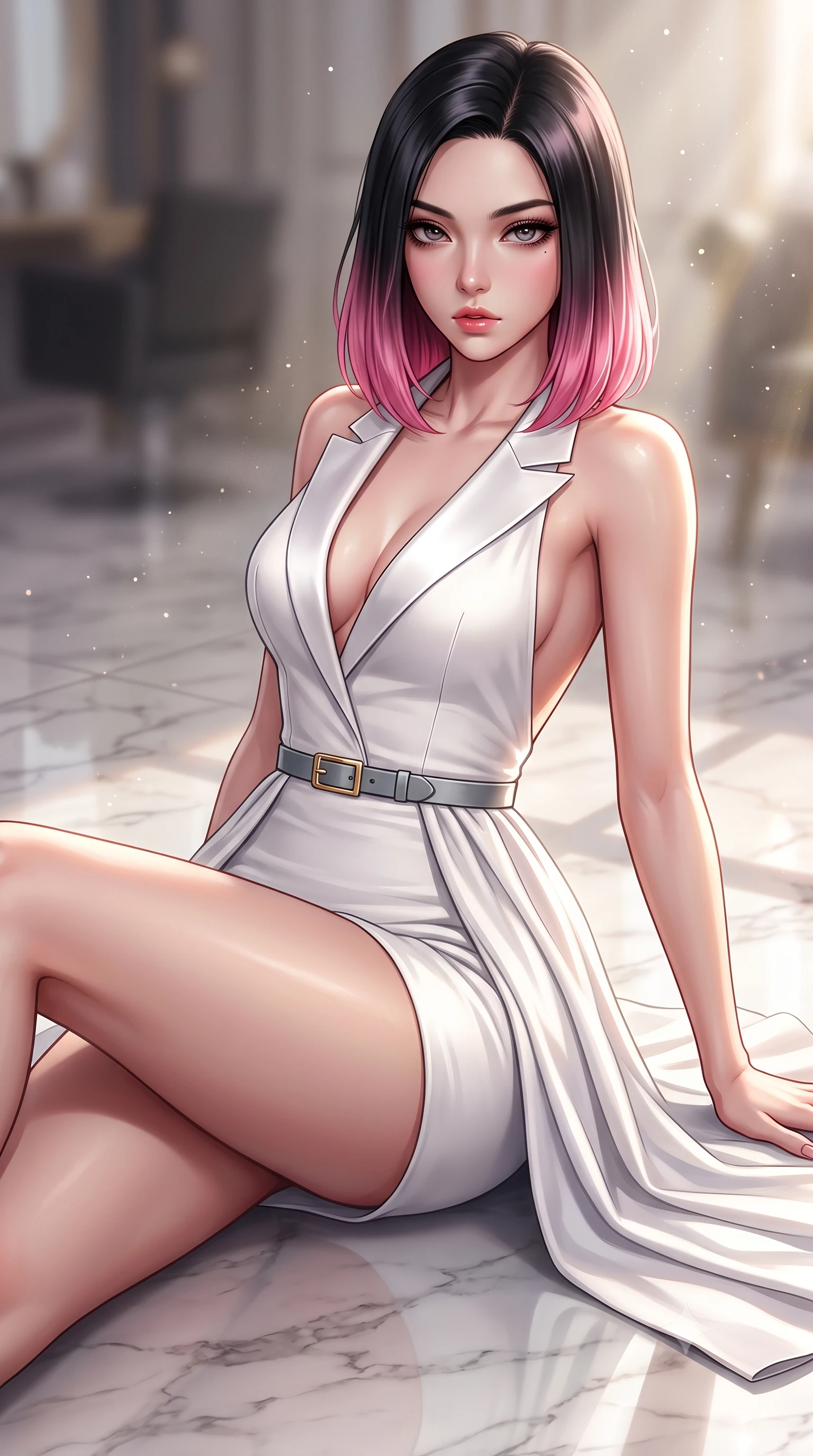 score_9, masterpiece, best quality, ultra-detailed, high-budget anime keyframe, semi-realistic 3D game render, editorial fashion photography, tasteful artistic composition, Korean woman. close-up cowboy shot from the waist and thighs up, the character dominates the composition, filling the frame with her large presence. leaning back with relaxed seductive grace, her sculpted collarbones and narrow waist highlighted as she casts smoldering bedroom-eyes directly into the camera while lying languidly on the polished marble studio floor, legs extended in an alluring dancer line as north light pours over her form. The composition keeps background elements in soft focus with creamy bokeh. refracted afternoon sunbeams and floating dust motes scattering timeless radiant light across the salon. She has an exceptionally elegant, slender, and willowy female figure with an ultra-slim waist, a gracefully sculpted slender torso, toned flat midriff, and rounded feminine hips creating an alluring hourglass silhouette. sharp v-shaped jawline, high-bridge nose, intricate jewel-like eyes with depth, thick eyelashes, glossy parted lips with a natural sheen, intensely captivating and seductive bedroom-eyes expression, flawlessly proportioned anatomical accuracy, strict slender model proportions, natural body alignment, perfectly sculpted long slender limbs, ultra-slim waistline, clean dynamic posture without body distortion. wearing a tailored white tuxedo vest dress with satin lapels and a slim gold-buckle waist belt in cool slate grey and metallic silver, made of fluid silk crepe with delicate inner corsetry boning, finished with fluid drapery folds cascading gracefully from her hip line to the floor, the dramatically scooped open back descending to the base of her spine, accentuating her razor-sharp statuesque lines and curvy hourglass silhouette. surrounded by a divine, timeless, and breathtakingly majestic living sculpture goddess aura. highly saturated vibrant anime colors, detailed shading with soft gradients, rich glossy textures, high-contrast stereoscopic depth, volumetric dynamic lighting, master piece, 9:16 ratio