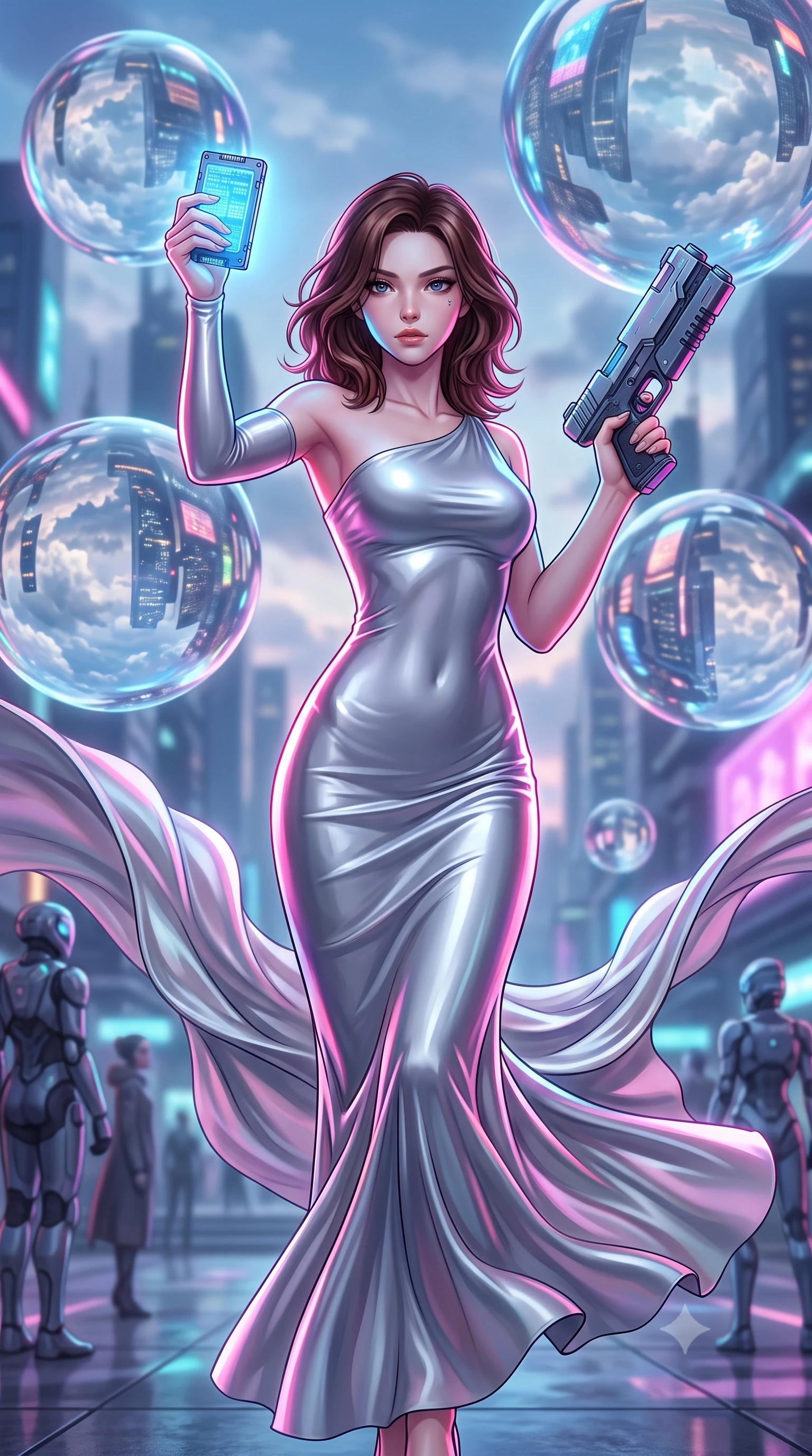 score_9, masterpiece, best quality, ultra-detailed, high-budget anime keyframe, editorial fashion photography, tasteful artistic composition, Korean woman. close-up cowboy shot from the waist and thighs up, the character dominates the composition, filling the frame with her large presence, background elements kept in soft focus. Holding a glowing data drive aloft while reloading a futuristic plasma pistol, ready for the next wave. set against a soft-focus background of a city square where giant spheres of water float in the air, refracting the city lights and clouds. She has an exceptionally elegant and slender, willowy female figure with an ultra-slim waist, a gracefully sculpted slender torso, and a refined slim physique. sharp v-shaped jawline, high-bridge nose, intricate jewel-like eyes with depth, thick eyelashes, glossy lips with a natural sheen. wearing the lightweight fabric rippling and billowing dramatically with her movement, a body-hugging liquid silver asymmetric one-shoulder gown that clings to her slender frame, cascading down to a floor-length hem. highly saturated vibrant anime colors, intense vivid color palette, soft 3D volumetric shading, volumetric dynamic lighting, brilliant cinematic volumetric lighting with intense neon rim light outlining her form. 2k, ultra detail, master piece, 9:16 ratio