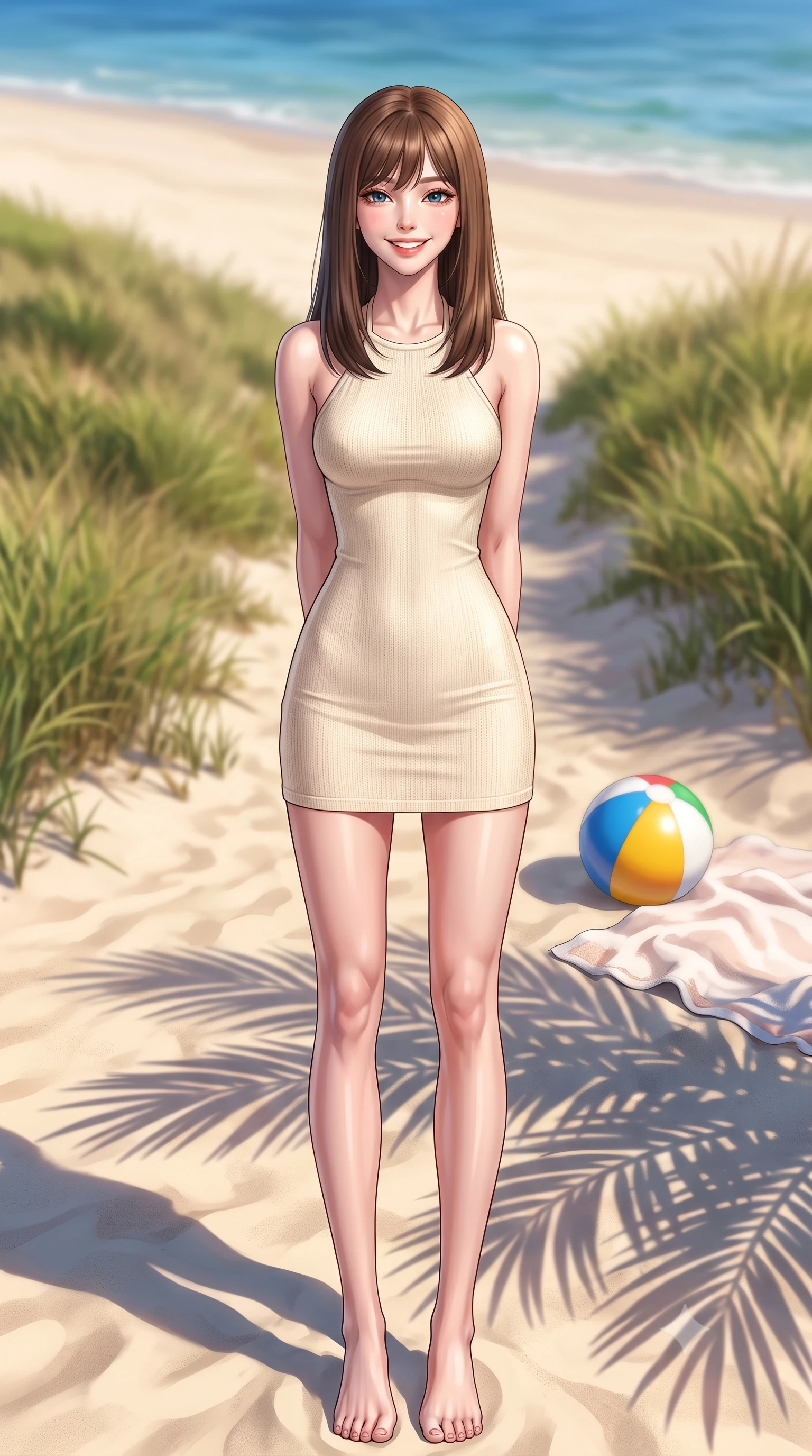 score_9, masterpiece, best quality, ultra-detailed, high-budget anime keyframe, editorial fashion photography, tasteful artistic composition, Korean woman. low angle full-body shot from head to toe showing her feet, filling the entire 9:16 vertical frame with her statuesque presence, stretching her vertical silhouette. standing with a cute, bright pose, tilting her head with a beaming smile set against a soft-focus background of on a grassy dune path overlooking a wide sandy beach and blue water with a colorful beach ball and a soft cotton towel on the sand nearby. She has an absolutely perfect, statuesque 8.5-heads proportion, an exceptionally tall and slender model-like female figure with impossibly long slender legs and an ultra-slim waist. sharp v-shaped jawline, high-bridge nose, intricate jewel-like eyes with depth, thick eyelashes, glossy lips with a natural sheen. wearing slim-fit sleek, tight-fitting knit halter dress in cream, tracing her slender silhouette. soft late afternoon sunbeams casting long shadows of palm leaves on the sand. highly saturated vibrant anime colors, detailed shading with soft gradients, rich glossy textures, high-contrast stereoscopic depth, volumetric dynamic lighting, master piece, 9:16 ratio
