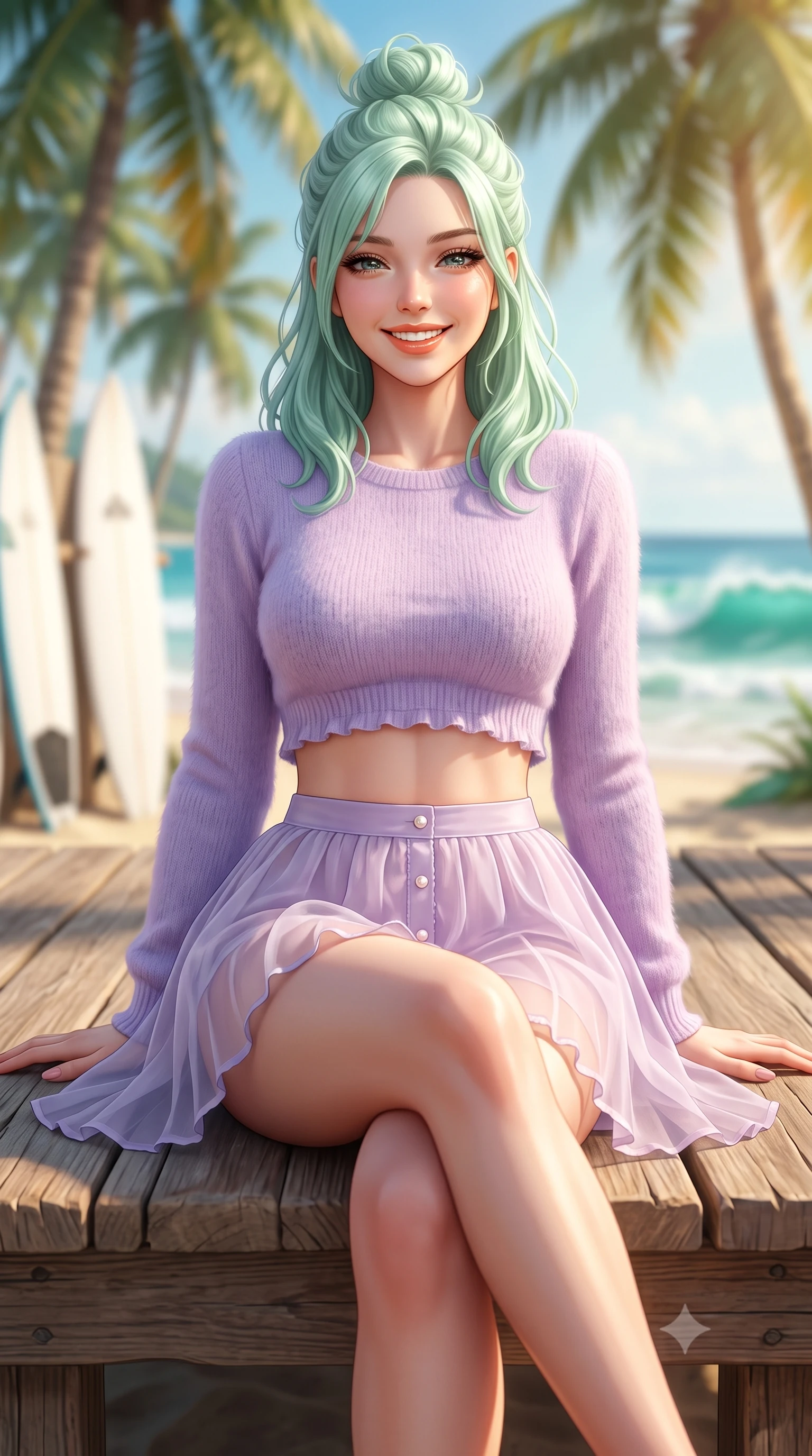 score_9, masterpiece, best quality, ultra-detailed, high-budget anime keyframe, semi-realistic 3D game render, editorial fashion photography, tasteful artistic composition, Japanese woman. close-up cowboy shot from the waist and thighs up, the character dominates the composition, filling the frame with her large presence. leaning forward with playful cute grace while arching her lower back to accentuate her curvy hips, looking into the camera with a bright cheerful smile and alluring coquettish bedroom-eyes while sitting perched on the sunlit timber deck with legs crossed, her toned flat midriff and curvy hips glowing in the radiant Hawaiian sun. The composition keeps background elements in soft focus with dreamy creamy bokeh. swaying coconut palm groves, white surf shack boards, and turquoise Pacific breakers blurred into jade, cyan, and golden amber bokeh. She has an exceptionally elegant, slender, and willowy female figure with an ultra-slim waist, flat toned midriff, narrow ribcage, and sculpted feminine hips creating an alluring, slim hourglass silhouette without bulk. sharp v-shaped jawline, high-bridge nose, intricate jewel-like sparkling eyes with depth, thick eyelashes, glossy parted lips with a natural peach sheen, bright cheerful beaming smile with an enchanting and coquettish sensual glint, exuding both youthful cute charm and seductive allure, flawlessly proportioned anatomical accuracy, strict slender model proportions, natural body alignment, perfectly sculpted long slender limbs, ultra-slim waistline, clean dynamic posture without body distortion. wearing a soft angora crop knit sweater with a sheer pleated organza mini skirt over an opaque silk slip in delicate lavender violet and pearlescent white, tailored from fine lightweight chiffon that flutters gently in the breeze, finished with subtle ruffle trims and delicate pearl buttons, the high-waisted tailoring accentuating her ultra-slim waistline and the enchanting curve of her feminine hips with alluring charm. bathed in brilliant tropical afternoon golden sunlight and radiant turquoise water bounce fill. highly saturated vibrant anime colors, detailed shading with soft gradients, rich glossy textures, high-contrast stereoscopic depth, volumetric dynamic lighting, master piece, 9:16 ratio