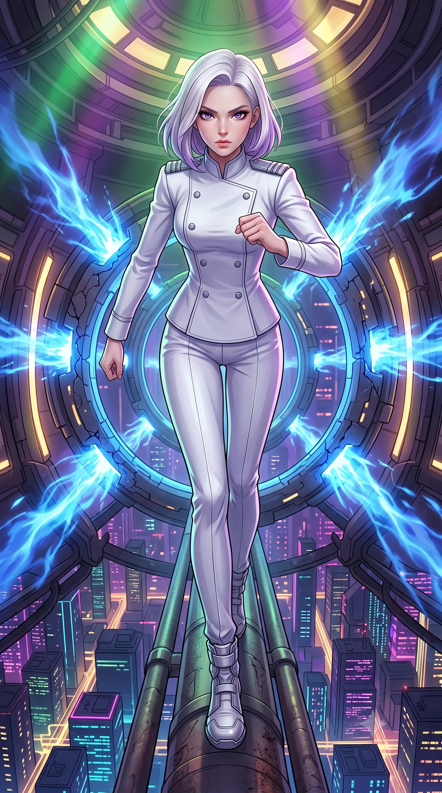 score_9, masterpiece, best quality, ultra-detailed, high-budget anime keyframe, editorial fashion photography, tasteful artistic composition, Caucasian woman, strictly human ears. low angle full-body shot from head to toe showing her feet, filling the entire 9:16 vertical frame with her statuesque presence, stretching her vertical silhouette. dashing forward aggressively along a narrow pipe high above the neon city grid through the core chamber of a starship during a reactor overload, blue plasma venting from cracked generator rings. She has a statuesque 8.5-heads proportion, an exceptionally tall, slender and willowy model-like build with impossibly long legs and a highly sculpted ultra-slim waist. sharp v-shaped jawline, high-bridge nose, intricate jewel-like eyes with depth, thick eyelashes, glossy lips with a natural sheen. wearing tailored for maximum mobility, sleek form-contouring panels that allow fluid movement, a form-contouring pristine white orbital navy officer uniform featuring a structured double-breasted jacket with silver shoulder epaulets, a high collar, and matching slacks. highly saturated vibrant anime colors, intense vivid color palette, soft 3D volumetric shading, volumetric dynamic lighting, illuminated by a shifting aurora palette of green violet and gold from above. 2k, ultra detail, master piece, 9:16 ratio