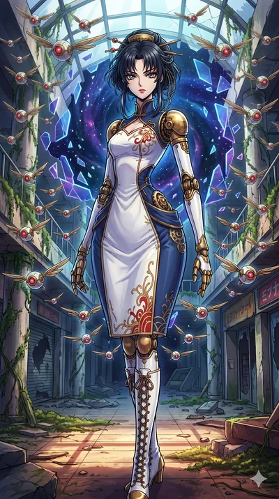 score_9, masterpiece, best quality, ultra-detailed, Set A: High-budget Anime Keyframe, Japanese woman. Upper body close-up from the thighs up, character filling the screen for maximum presence. Theme: Historical Remix. shattering the fabric of realit