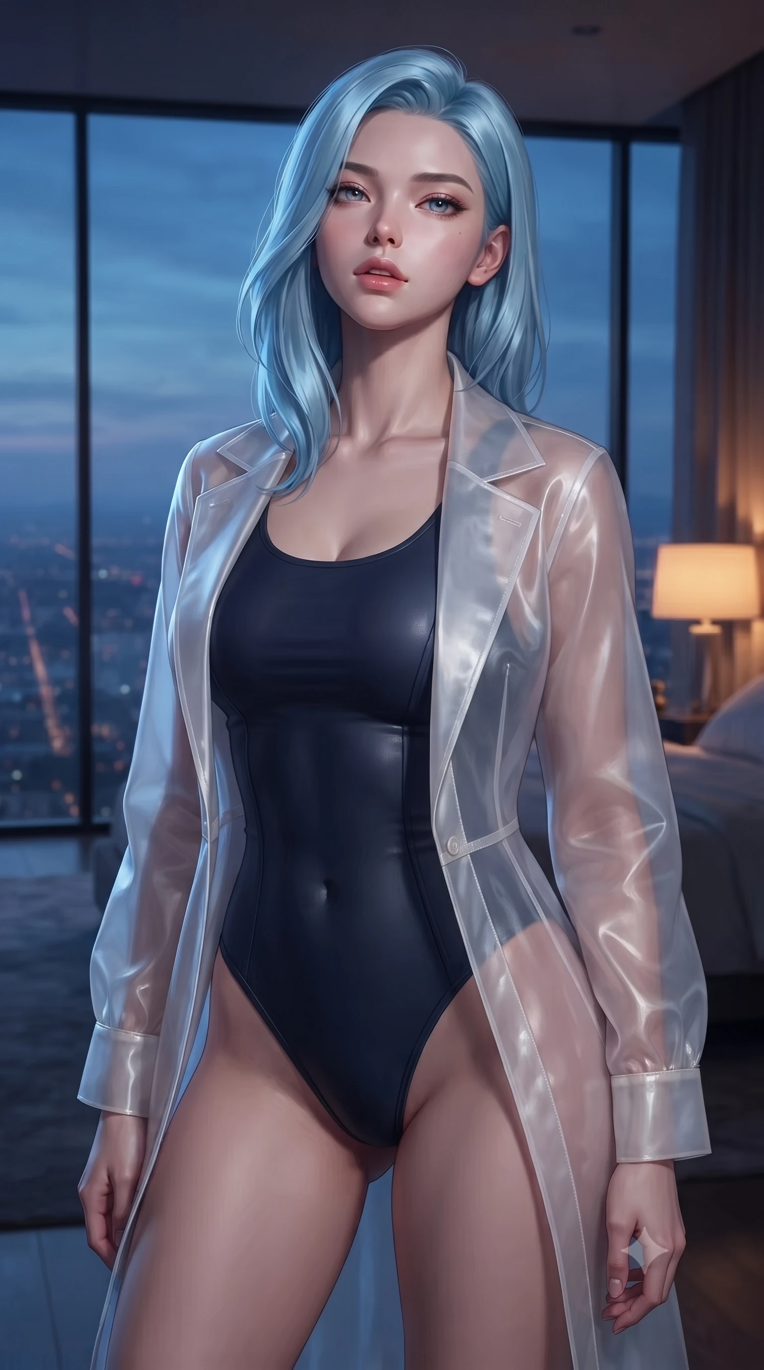score_9, masterpiece, best quality, ultra-detailed, high-budget anime keyframe, editorial fashion photography, tasteful artistic composition, Korean woman woman. close-up cowboy shot from the waist and thighs up, the character dominates the composition, filling the frame with her large presence, background elements kept in soft focus. tilting her chin up slightly with lips parted in a composed, provocative expression the background shows a soft-focus a private penthouse bedroom with floor-to-ceiling glass walls overlooking a distant city grid. She has an exceptionally elegant, slender, and willowy female figure with an ultra-slim waist, a gracefully sculpted slender torso, and a refined silhouette. sharp v-shaped jawline, high-bridge nose, intricate jewel-like eyes with depth, thick eyelashes, glossy lips with a natural sheen. wearing a tailored semi-transparent white organza resort cover-up worn over a form-fitting one-piece swimsuit. cool blue city twilight key light contrasting with the warm amber glow of a bedside lamp. ultra-reflective glossy finish, specular highlights, metallic sheen, high-contrast stereoscopic depth, volumetric dynamic lighting, 2k, ultra detail, master piece, 9:16 ratio