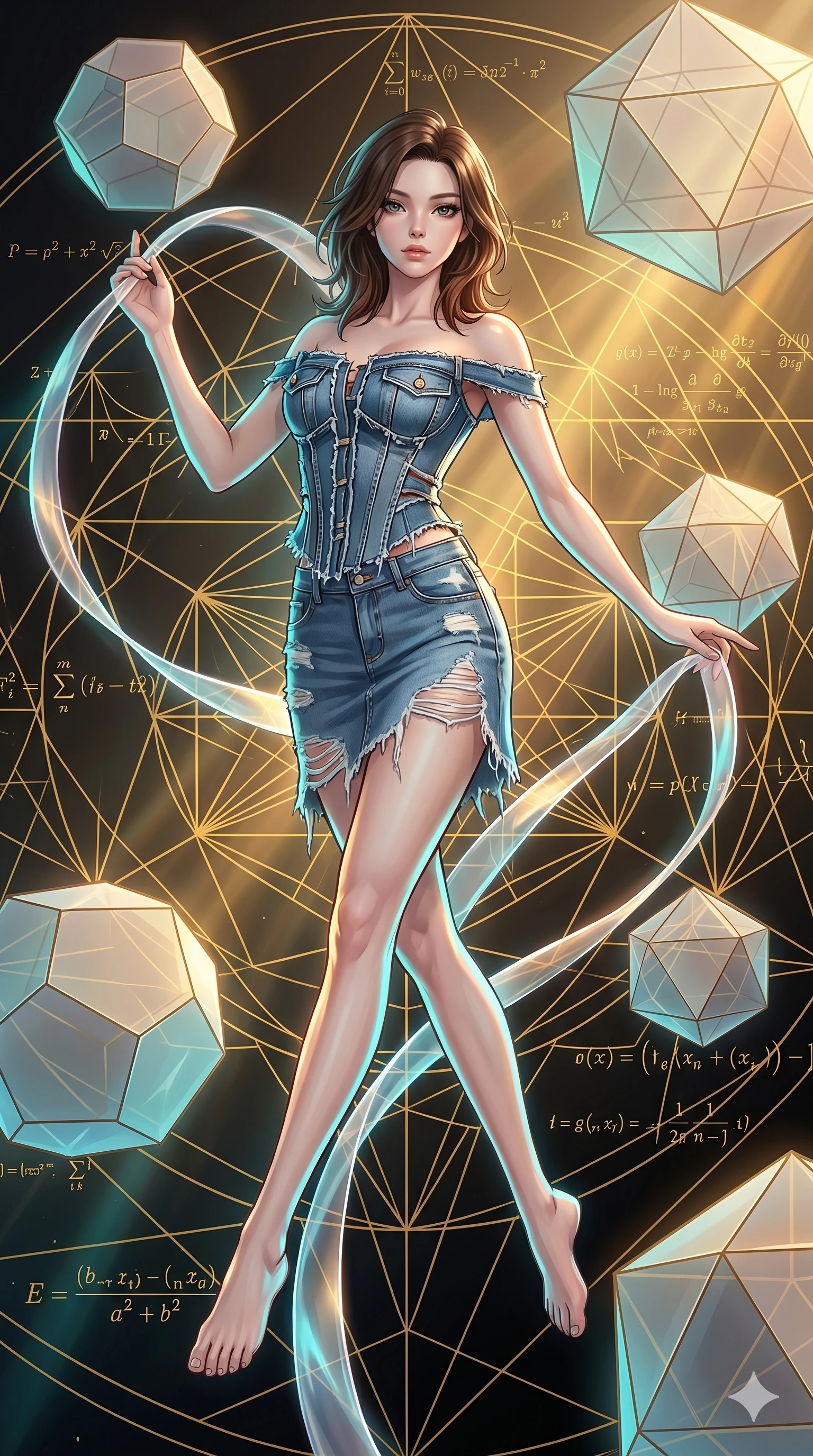 score_9, masterpiece, best quality, ultra-detailed, high-budget anime keyframe, Korean woman. low angle full-body shot filling the entire 9:16 frame with her statuesque presence, stretching the vertical silhouette. floating gracefully in a mathematical mandala void filled with golden geometric lines of complex formulas, holding a translucent ribbon as she glides between floating regular polyhedrons. She has an absolutely perfect 8-heads proportion, an exceptionally tall and slender female figure with impossibly long slender legs and an ultra-slim waist. V-shaped jawline, high-bridge nose, intricate jewel-like eyes with depth, thick eyelashes, glossy lips with a natural sheen.. wearing a deconstructed denim corset and an asymmetric ripped denim structured mini skirt, showcasing a rugged yet chic off-shoulder style. showcasing a beautiful play of light and shadow, with warm golden rays clashing against cool cyan highlights. 2k, ultra detail, master piece, 9:16 ratio