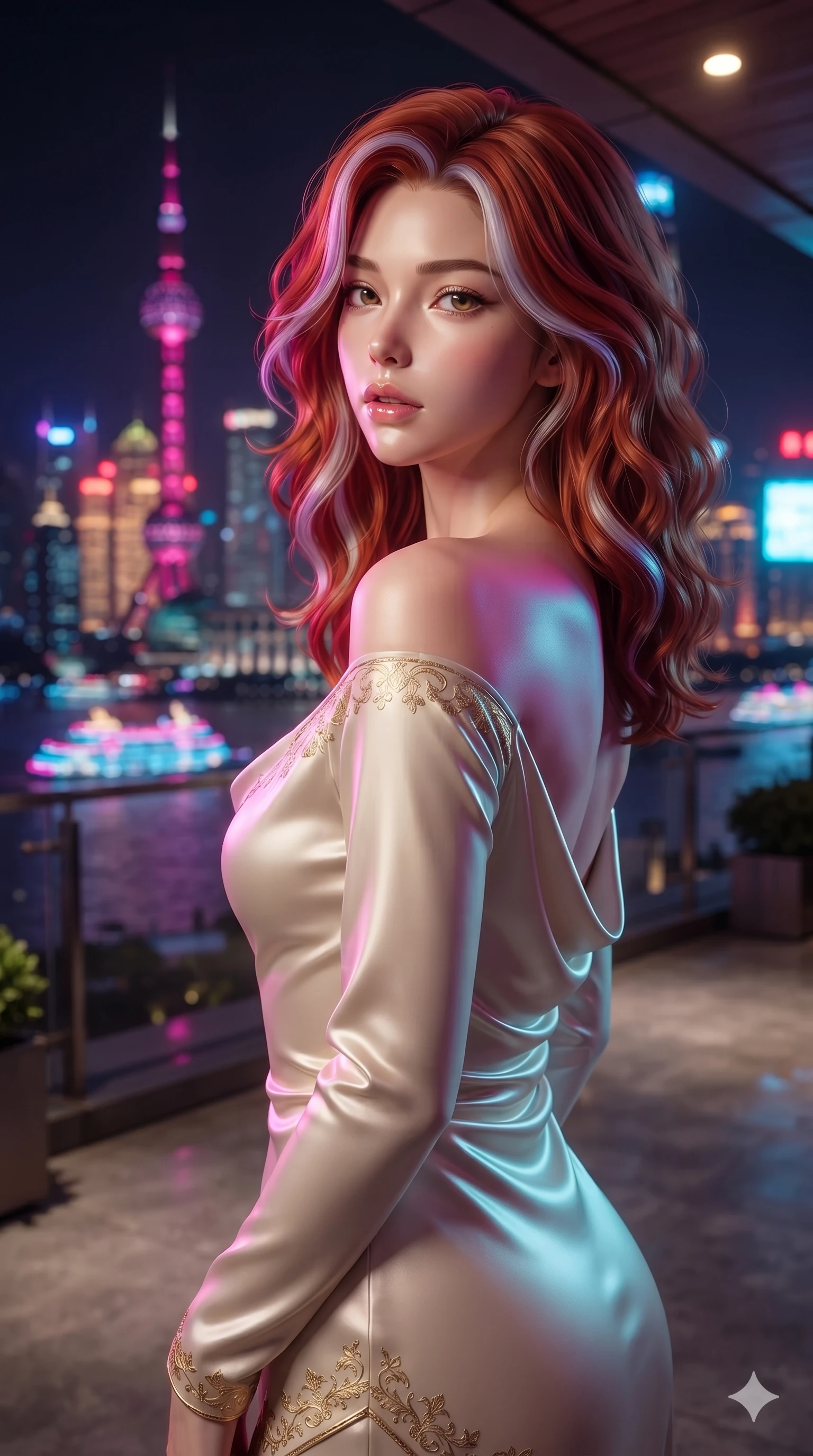 score_9, masterpiece, best quality, ultra-detailed, high-budget anime keyframe, editorial fashion photography, tasteful artistic composition, Caucasian woman. close-up cowboy shot from the waist and thighs up, the character dominates the composition, filling the frame with her large presence. posing in an alluring rear three-quarter angle, looking over a bare shoulder with parted glossy lips, her hips cocked back to highlight her slim hourglass curve while striding across the penthouse terrace as river breezes whip her high-slit dress open, accentuating her long slender legs and curvy hips. The background shows a soft-focus blazing neon spires of the Oriental Pearl Tower, illuminated Huangpu river cruise ships, and geometric Art Deco railings blurred into magenta, electric cyan, and deep obsidian bokeh. She has an exceptionally elegant, slender, and willowy female figure with an ultra-slim waist, flat toned midriff, narrow ribcage, and sculpted feminine hips creating an alluring, slim hourglass silhouette without bulk. sharp v-shaped jawline, high-bridge nose, intricate jewel-like sparkling eyes with depth, thick eyelashes, glossy parted lips with a natural sheen, intensely captivating and seductive bedroom-eyes expression, exuding both youthful cute charm and sovereign luxury allure, flawlessly proportioned anatomical accuracy, strict slender model proportions, natural body alignment, perfectly sculpted long slender limbs, ultra-slim waistline, clean dynamic posture without body distortion. wearing a modest long-sleeve cowl-neck satin column gown draping gracefully to the floor with aristocratic poise in Istrian stone cream and antique gold-leaf, crafted from bespoke double-faced cashmere with an exceptionally soft tactile finish, finished with sleek jade frog closures glinting along her high collar, the bespoke structured tailoring following the natural line of her 8.5-heads silhouette with refined elegance. bathed in vibrant magenta and electric cyan river skyline reflections contrasting with warm amber interior downlights. ultra-reflective glossy finish, specular highlights, rich textural contrasts, high-contrast stereoscopic depth, volumetric dynamic lighting, 2k, ultra detail, master piece, 9:16 ratio