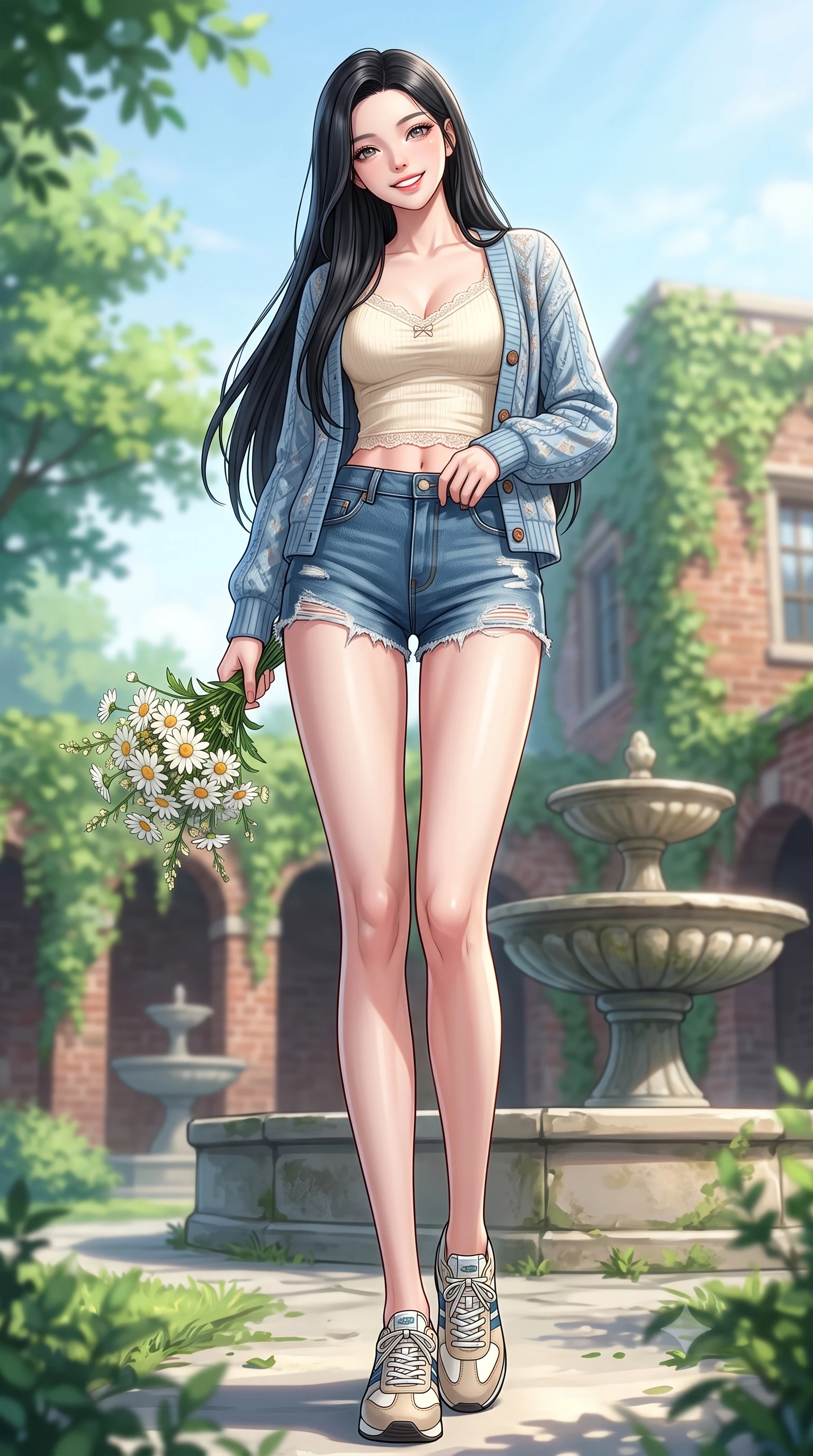 score_9, masterpiece, best quality, ultra-detailed, high-budget anime keyframe, editorial fashion photography, tasteful artistic composition, Korean woman. low angle full-body shot from head to toe showing her feet, filling the entire 9:16 vertical frame with her statuesque presence, stretching her vertical silhouette. standing with a cute, bright pose, tilting her head with a beaming smile set against a soft-focus background of walking down a leafy pathway of a quiet university garden with stone fountains while holding a delicate bouquet of white daisies. She has an absolutely perfect, statuesque 8.5-heads proportion, an exceptionally tall and slender model-like female figure with impossibly long slender legs and an ultra-slim waist. sharp v-shaped jawline, high-bridge nose, intricate jewel-like eyes with depth, thick eyelashes, glossy lips with a natural sheen. wearing slim-fit delicate lace-trim crop top in cream, worn under an open preppy cardigan and denim shorts. cool morning sunlight creating a fresh, energetic ambiance. highly saturated vibrant anime colors, detailed shading with soft gradients, rich glossy textures, high-contrast stereoscopic depth, volumetric dynamic lighting, master piece, 9:16 ratio