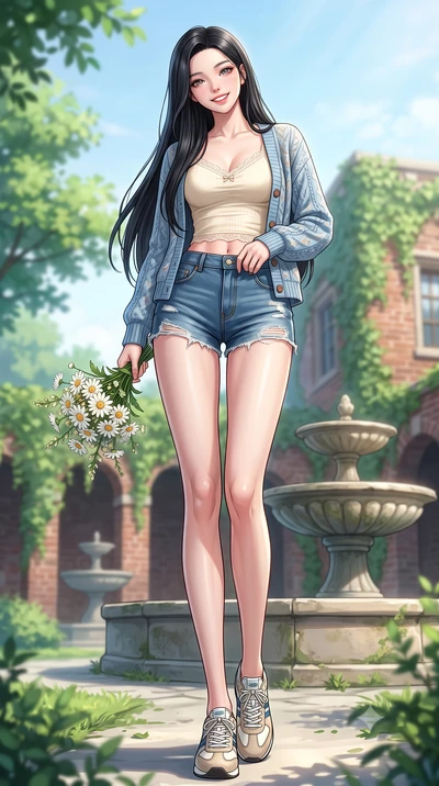 score_9, masterpiece, best quality, ultra-detailed, high-budget anime keyframe, editorial fashion photography, tasteful artistic composition, Korean woman. low angle full-body shot from head to toe showing her feet, filling the entire 9:16 vertical f