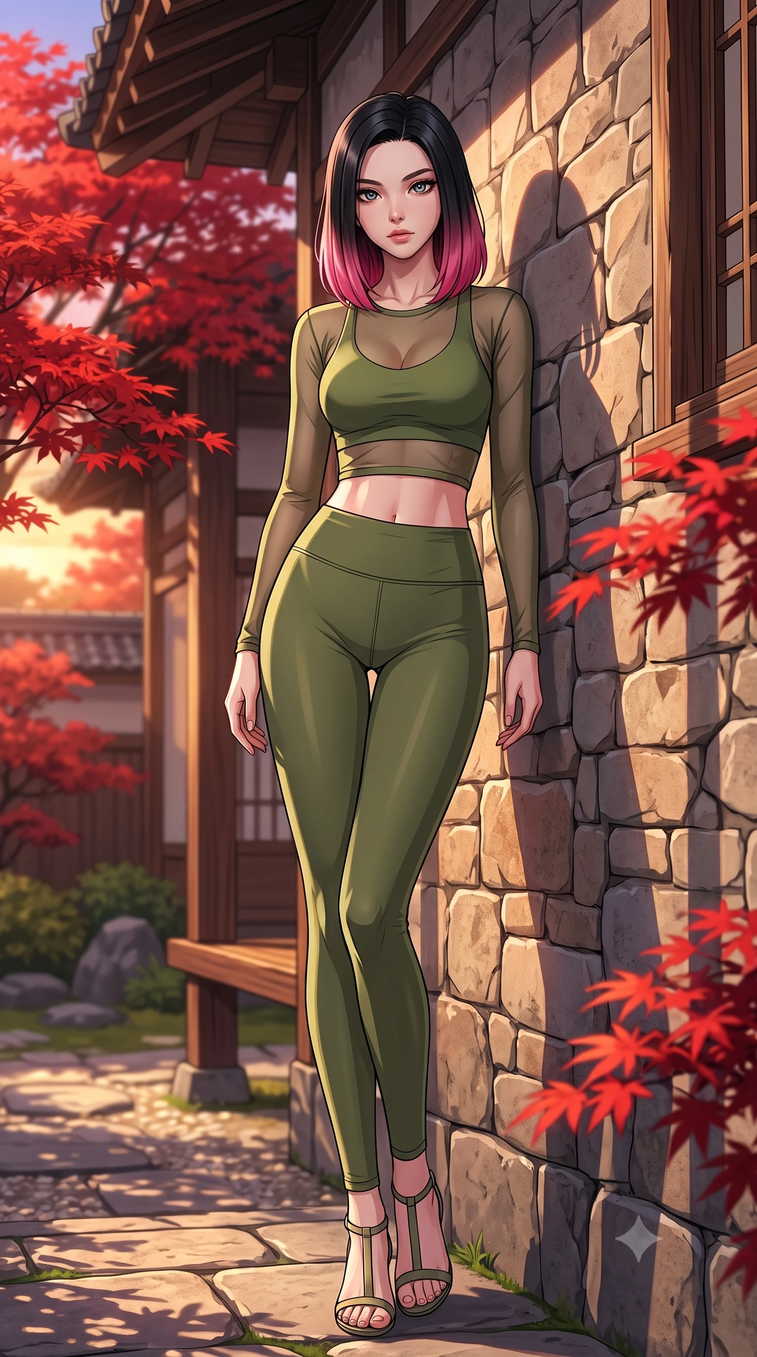score_9, masterpiece, best quality, ultra-detailed, high-budget anime keyframe, tasteful artistic composition, Korean woman. low angle full-body shot from head to toe showing her feet, filling the entire 9:16 vertical frame with her statuesque presence, stretching her vertical silhouette. leaning back against a rustic stone wall, casting a slow, alluring gaze at the camera the background shows a soft-focus a private garden tea deck surrounded by red maple trees at dusk. She has an absolutely perfect, statuesque 8.5-heads proportion, an exceptionally tall and slender model-like female figure with impossibly long slender legs and an ultra-slim waist. sharp v-shaped jawline, high-bridge nose, intricate jewel-like eyes with depth, thick eyelashes, glossy lips with a natural sheen. wearing a form-contouring sheer mesh long-sleeve crop top in olive green, worn over a matching sports bra and leggings. warm sunset light casting long, clean shadow lines from the garden's architecture. highly saturated vibrant anime colors, cel-shading, 2d style, master piece, 9:16 ratio