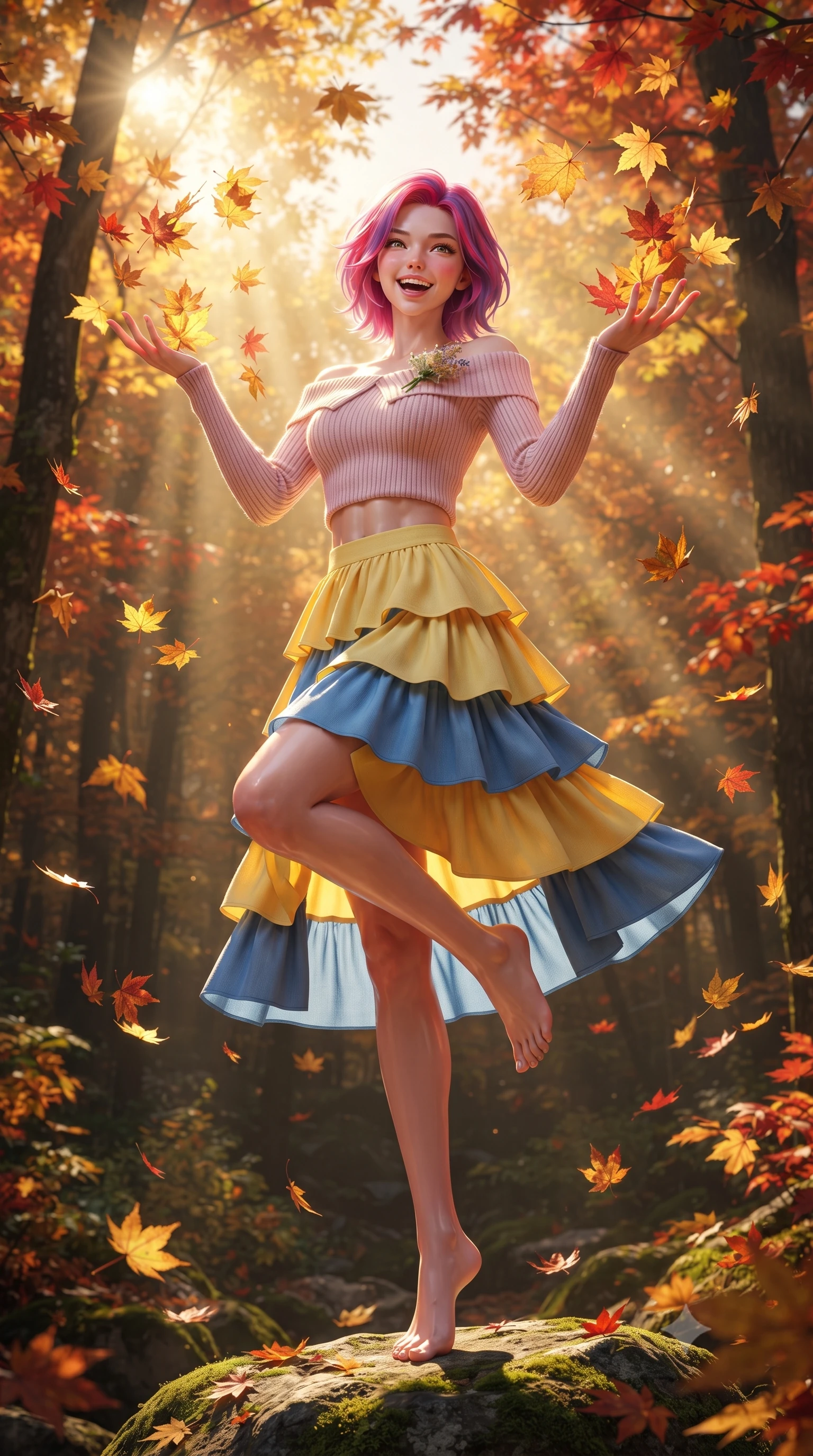 score_9, masterpiece, best quality, ultra-detailed, high-budget anime keyframe, editorial fashion photography, tasteful artistic composition, Caucasian woman. low angle full-body shot from head to toe showing her feet, filling the entire 9:16 vertical frame with her statuesque presence, stretching her vertical silhouette. standing poised on one leg with a playful hop and joyful expression, her long legs and slender figure highlighted against the landscape while tossing a handful of golden maple leaves into the crisp autumn air with a bright, childlike laugh. The surrounding environment is rendered in vivid detail and crisp panoramic clarity. rich autumn chiaroscuro and breathtaking seasonal forest foliage captured with environmental precision. She has an absolutely perfect, statuesque 8.5-heads proportion, an exceptionally tall and slender model-like female figure with impossibly long slender legs, a toned flat midriff, and an ultra-slim waist. sharp v-shaped jawline, high-bridge nose, intricate jewel-like eyes with depth, thick eyelashes, glossy lips with a natural sheen, pure and lovely fresh girlhood expression, flawlessly proportioned anatomical accuracy, strict slender model proportions, natural body alignment, perfectly sculpted long slender limbs, ultra-slim waistline, clean dynamic posture without body distortion. wearing a fresh off-shoulder ribbed knit top paired with a tiered white cotton midi skirt in sunny daffodil yellow and french blue, tailored from soft pastel lightweight wool blend with subtle texture, complemented by a delicate wildflower corsage pinned to the lapel, the relaxed yet flattering fit accentuating her naturally graceful and slender figure, highlighting her youthful charm and lovely silhouette. illuminated by crisp directional sunbeams accentuating her slender waistline and cozy layered outfit. ultra-reflective glossy finish, specular highlights, rich natural textures, high-contrast stereoscopic depth, volumetric dynamic lighting, 2k, ultra detail, master piece, 9:16 ratio