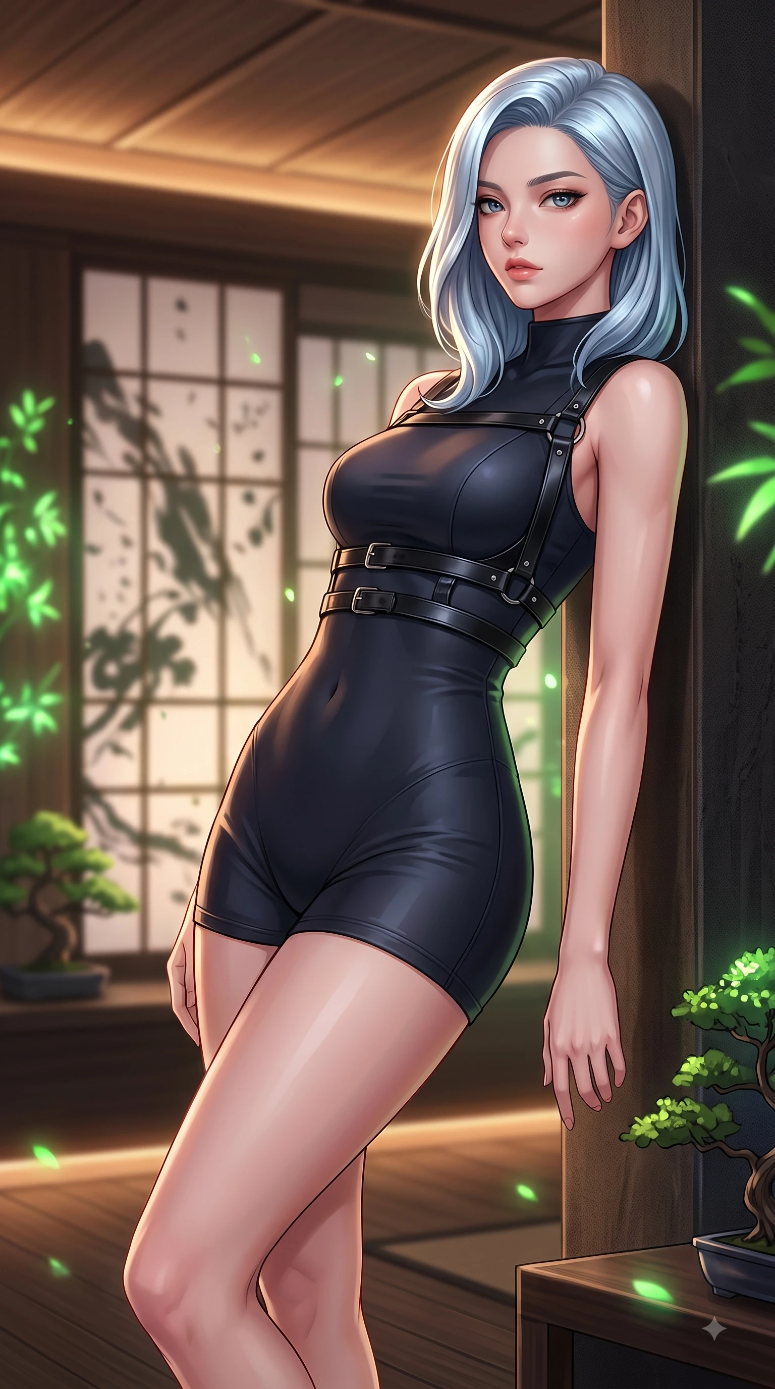 score_9, masterpiece, best quality, ultra-detailed, high-budget anime keyframe, editorial fashion photography, tasteful artistic composition, Korean woman woman. close-up cowboy shot from the waist and thighs up, the character dominates the composition, filling the frame with her large presence, background elements kept in soft focus. She has an exceptionally elegant, slender, and willowy female figure with an ultra-slim waist, a gracefully sculpted slender torso, and a refined silhouette. leaning back effortlessly against the surrounding architecture with an air of magnetic superiority, flawlessly proportioned anatomical accuracy, natural body alignment, perfectly sculpted elegant limbs, clean dynamic posture without body distortion. set against a soft-focus background of a cyber-zen tea room with digital shoji screens and bonsai. wearing a black structured leather harness over a fitted second-skin micro-shorts set. bathed in soft warm wooden ambient glow with gentle green digital plant highlights. highly saturated vibrant anime colors, detailed shading with soft gradients, rich glossy textures, high-contrast stereoscopic depth, volumetric dynamic lighting, master piece, 9:16 ratio