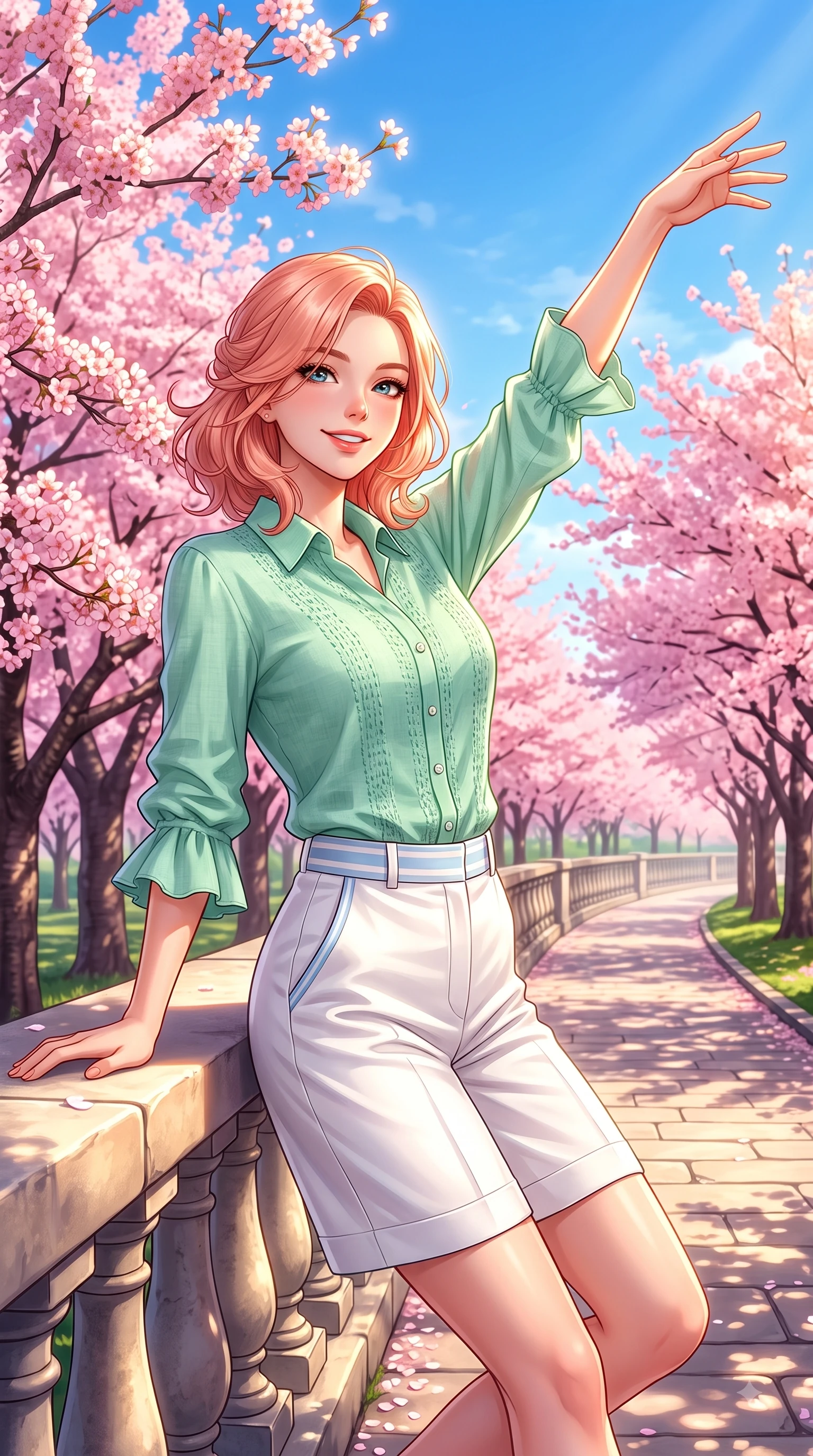score_9, masterpiece, best quality, ultra-detailed, high-budget anime keyframe, editorial fashion photography, tasteful artistic composition, Japanese woman. close-up cowboy shot from the waist and thighs up, the character dominates the composition, filling the frame with her large presence. Extending one arm in an elegant stretch toward the light while smiling with vibrant, youthful self-assurance while leaning gracefully against a sunlit park railing framed by vibrant pink flower canopies. The surrounding environment is rendered in vivid detail and crisp panoramic clarity. endless pink sakura tree arcades, sunlit stone pathways, and clear spring blue sky in deep focus. She has an exceptionally elegant, slender, and willowy female figure with an ultra-slim waist, a gracefully sculpted slender torso, and a refined silhouette. sharp v-shaped jawline, high-bridge nose, intricate jewel-like eyes with depth, thick eyelashes, glossy lips with a natural sheen, flawlessly proportioned anatomical accuracy, natural body alignment, perfectly sculpted elegant limbs, clean dynamic posture without body distortion. wearing a fresh mint green linen button-down shirt paired with tailored white Bermuda shorts in baby blue and cloud white, crafted from smooth fluid silk satin, accented with soft smocked details and fluttery cuffs, the tailored casual silhouette highlighting her fresh and youthful presence. surrounded by a fresh, sweet, and nostalgic spring park atmosphere. highly saturated vibrant anime colors, detailed shading with soft gradients, rich glossy textures, high-contrast stereoscopic depth, volumetric dynamic lighting, master piece, 9:16 ratio