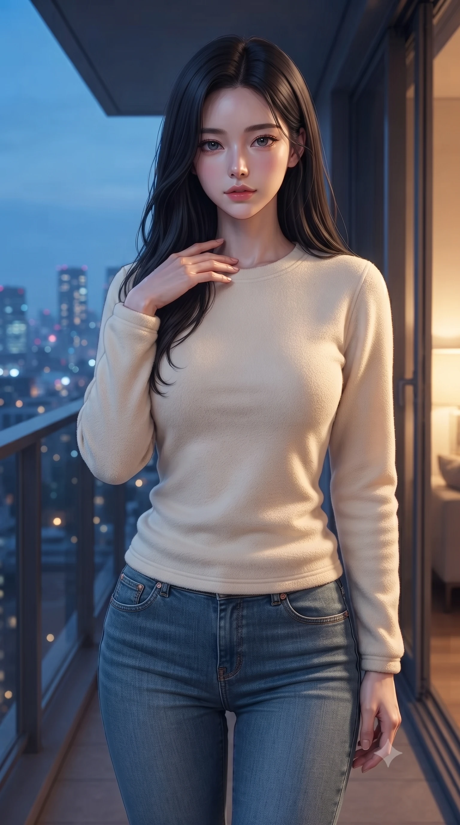 score_9, masterpiece, best quality, ultra-detailed, high-budget anime keyframe, editorial fashion photography, tasteful artistic composition, Korean woman woman. close-up cowboy shot from the waist and thighs up, the character dominates the composition, filling the frame with her large presence, background elements kept in soft focus. standing with one hand resting on her collarbone, looking at the viewer with bedroom-eyes the background shows a soft-focus a modern apartment balcony overlooking a distant glittering city skyline at dusk. She has an exceptionally elegant, slender, and willowy female figure with an ultra-slim waist, a gracefully sculpted slender torso, and a refined silhouette. sharp v-shaped jawline, high-bridge nose, intricate jewel-like eyes with depth, thick eyelashes, glossy lips with a natural sheen. wearing a body-hugging comfortable cream fleece sweater over blue denim jeans. the cool blue twilight sky contrasting with the warm golden lights of the room inside. ultra-reflective glossy finish, specular highlights, metallic sheen, high-contrast stereoscopic depth, volumetric dynamic lighting, 2k, ultra detail, master piece, 9:16 ratio