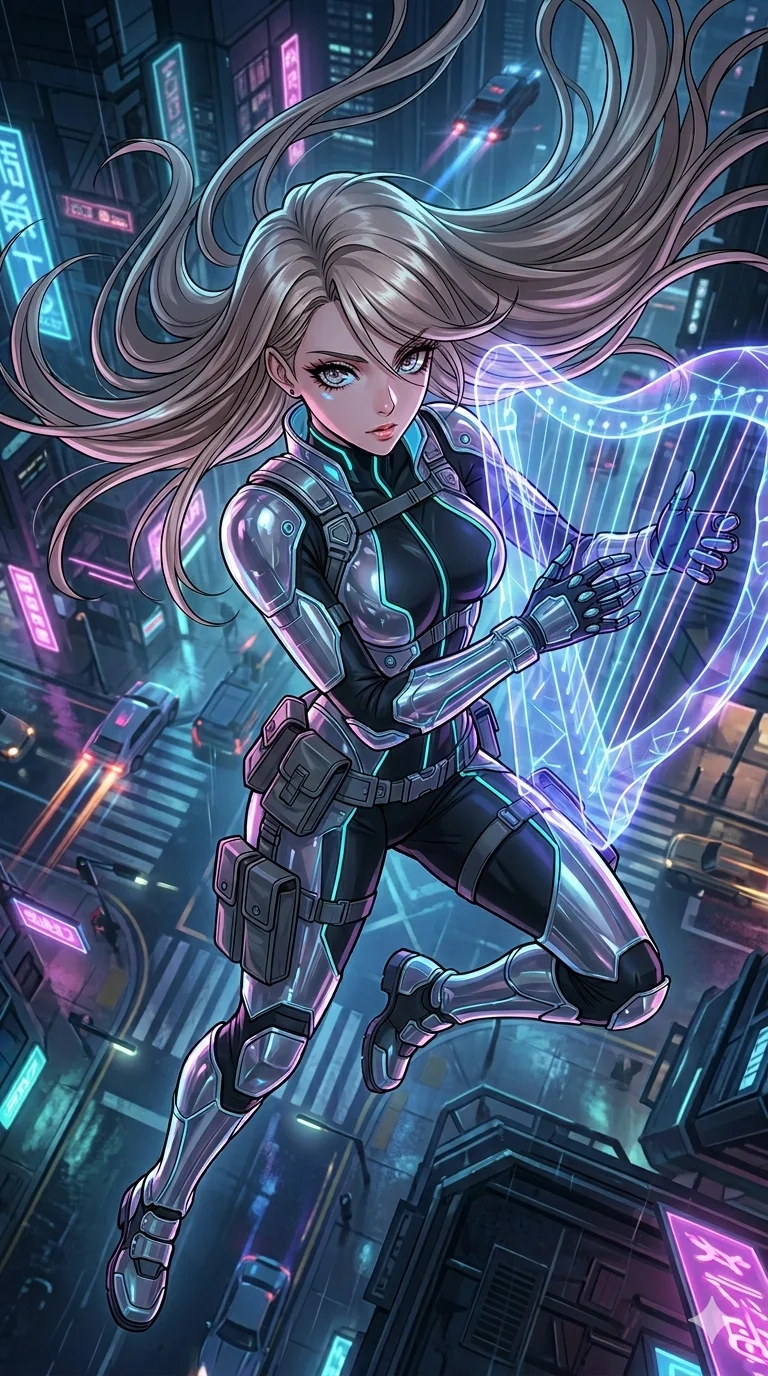 score_9, masterpiece, best quality, ultra-detailed, high-budget anime movie keyframe, cinematic anime lighting, intricate line art, Caucasian (strictly human ears) anime girl. Extreme high angle shot as she leaps towards the camera, filling the frame. twisting in mid-air while playing a holographic harp. She has an absolutely perfect 8-heads proportion, an exceptionally tall and slender female figure with an ultra-slim waist and impossibly long slender legs. strictly human anatomy, two legs only, no extra limbs, clearly defined legs and arms, perfect anatomy, perfect hands and fingers. sharp v-shaped jawline, high-bridge nose, intricate jewel-like eyes, thick eyelashes, glossy lips. Wearing Tech-Fantasy: Cybernetic tech-suit with glowing seams, translucent PVC over leotard, and modular tactical gear. The scene is illuminated by dramatic atmospheric lighting and vibrant color palettes. , 2k, ultra detail, master piece, 9:16 ratio