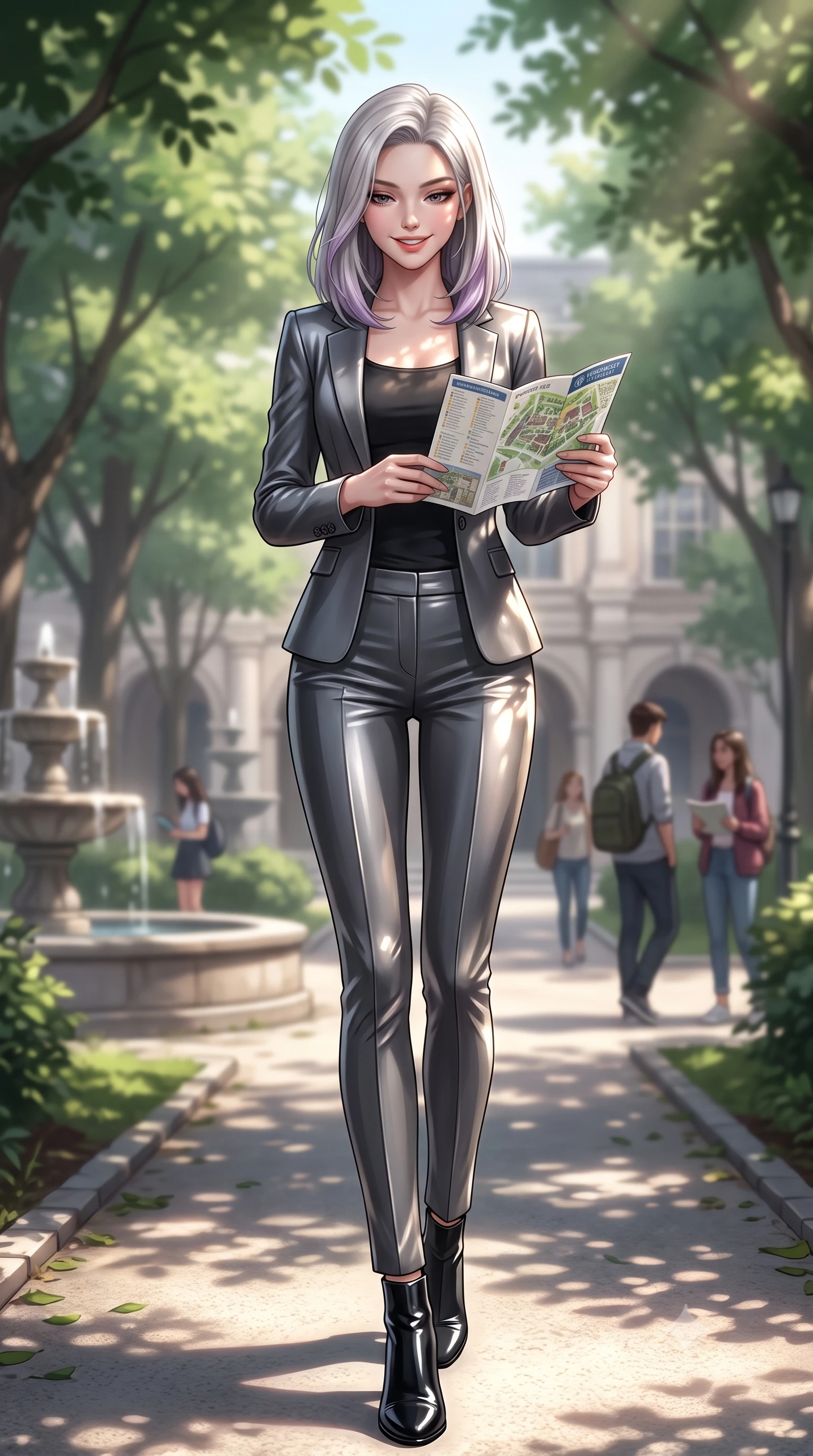 score_9, masterpiece, best quality, ultra-detailed, high-budget anime keyframe, editorial fashion photography, tasteful artistic composition, Caucasian woman. low angle full-body shot from head to toe showing her feet, filling the entire 9:16 vertical frame with her statuesque presence, stretching her vertical silhouette. stepping forward with an alluring, magnetic smile, her graceful posture highlighting her statuesque silhouette set against a soft-focus background of walking down a leafy pathway of a quiet university garden with stone fountains looking at a campus map brochure with a cheerful, curious look. She has an absolutely perfect, statuesque 8.5-heads proportion, an exceptionally tall and slender model-like female figure with impossibly long slender legs and an ultra-slim waist. sharp v-shaped jawline, high-bridge nose, intricate jewel-like eyes with depth, thick eyelashes, glossy lips with a natural sheen. wearing body-hugging tight-fitting tailored blazer in charcoal, closed over a body-hugging black top and slim trousers. dappled sunlight creating beautiful light patterns on her skin and the ground. ultra-reflective glossy finish, specular highlights, metallic sheen, high-contrast stereoscopic depth, volumetric dynamic lighting, 2k, ultra detail, master piece, 9:16 ratio