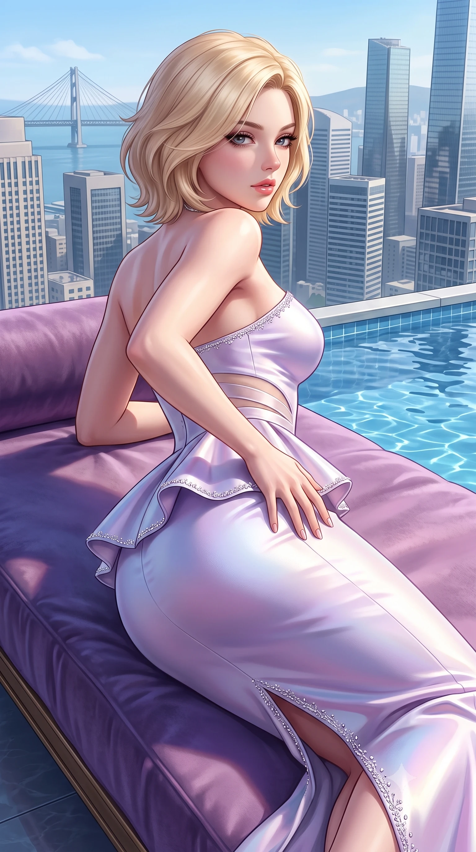 score_9, masterpiece, best quality, ultra-detailed, high-budget anime keyframe, semi-realistic 3D game render, editorial fashion photography, tasteful artistic composition, Caucasian woman. close-up cowboy shot from the waist and thighs up, the character dominates the composition, filling the frame with her large presence. posing in an alluring rear three-quarter angle, arching her lower back in a pronounced S-curve with one hand on her hip, glancing seductively over her bare shoulder with parted glossy lips while reclining on her side across a floating velvet infinity daybed, one leg extended and torso propped on one elbow to accentuate the sweeping line of her curvy hips. The surrounding environment is rendered in vivid detail and crisp panoramic clarity. detailed skyscraper skyline panoramas, distant suspension bridges, and pool water ripples in high resolution. She has an exceptionally elegant, slender, and willowy female figure with an ultra-slim waist, a gracefully sculpted slender torso, toned flat midriff, and rounded feminine hips creating an alluring hourglass silhouette. sharp v-shaped jawline, high-bridge nose, intricate jewel-like eyes with depth, thick eyelashes, glossy parted lips with a natural sheen, intensely captivating and seductive bedroom-eyes expression, flawlessly proportioned anatomical accuracy, strict slender model proportions, natural body alignment, perfectly sculpted long slender limbs, ultra-slim waistline, clean dynamic posture without body distortion. wearing a structural geometric peplum gown with sheer side-ribbon cutouts and form-fitting skirt in pearlescent opal with soft violet luster, tailored from ultra-smooth duchess satin with a pearlescent sheen, finished with delicate crystal embroidery along the neckline and hem, the form-contouring material adhering flawlessly to her sculpted flat midriff and slender torso, emphasizing her long leg lines and perfectly proportioned willowy build. surrounded by a cosmopolitan, elite, and intensely magnetic modern royalty aura. highly saturated vibrant anime colors, detailed shading with soft gradients, rich glossy textures, high-contrast stereoscopic depth, volumetric dynamic lighting, master piece, 9:16 ratio