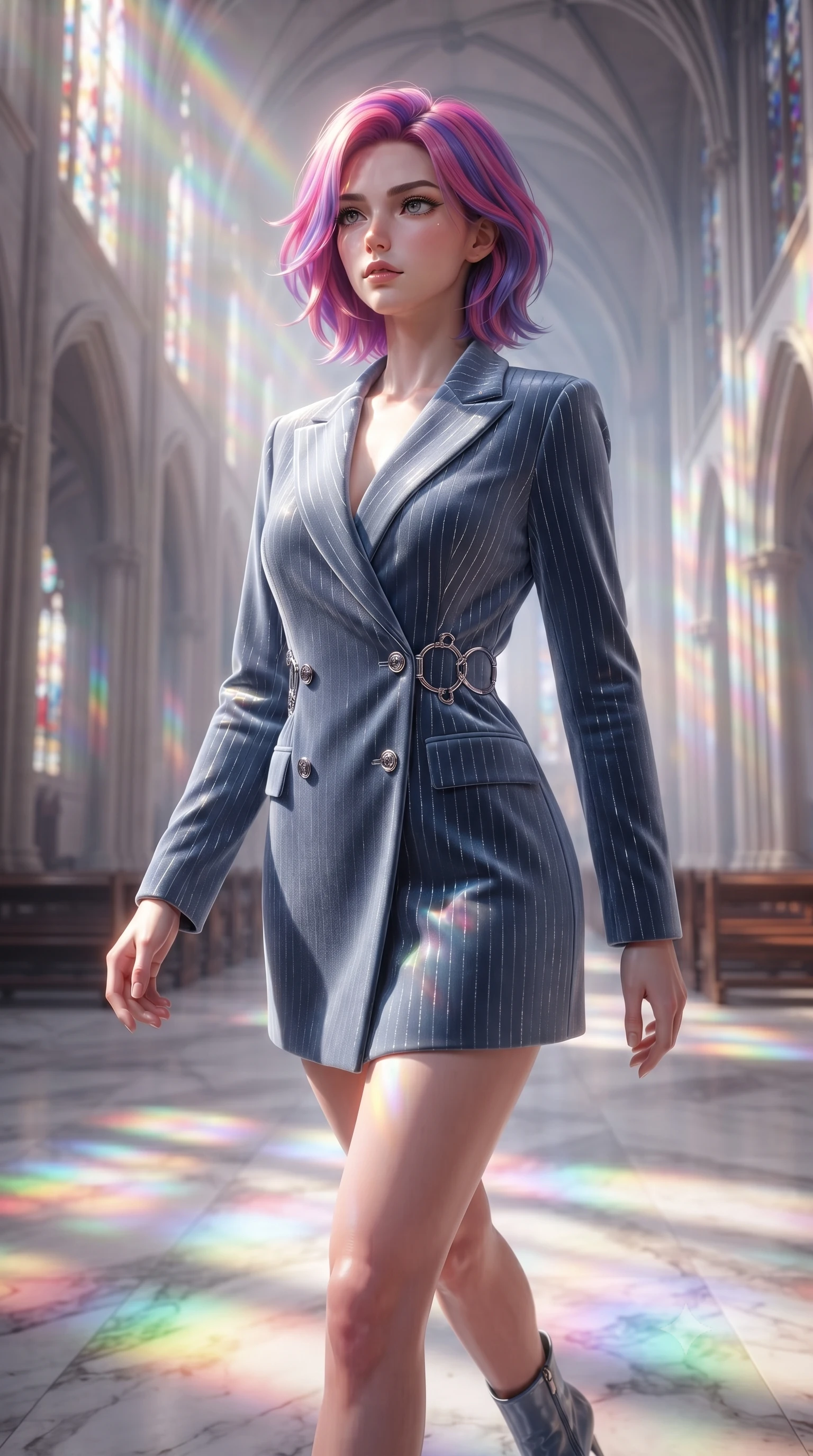 score_9, masterpiece, best quality, ultra-detailed, high-budget anime keyframe, editorial fashion photography, tasteful artistic composition, Caucasian woman. close-up cowboy shot from the waist and thighs up, the character dominates the composition, filling the frame with her large presence, background elements kept in soft focus. Gazing past the camera with an air of effortless elegance and mysterious confidence walking down a polished marble nave lined with tall stained glass arcades, majestic vaulted ceilings rising high into a luminous atmosphere. She has an exceptionally elegant, slender, and willowy female figure with an ultra-slim waist, a gracefully sculpted slender torso, and a refined silhouette. sharp v-shaped jawline, high-bridge nose, intricate jewel-like eyes with depth, thick eyelashes, glossy lips with a natural sheen. wearing a double-breasted blazer dress with metallic pin-stripes in slate blue and metallic silver, made of premium stretch velvet with a rich sheen, accented with delicate chrome ring hardware framing her waist, the elegant draped fit framing her graceful clavicle and slender torso. bathed in cascading rainbow prismatic light refracting through stained glass. ultra-reflective glossy finish, specular highlights, metallic sheen, high-contrast stereoscopic depth, volumetric dynamic lighting, 2k, ultra detail, master piece, 9:16 ratio