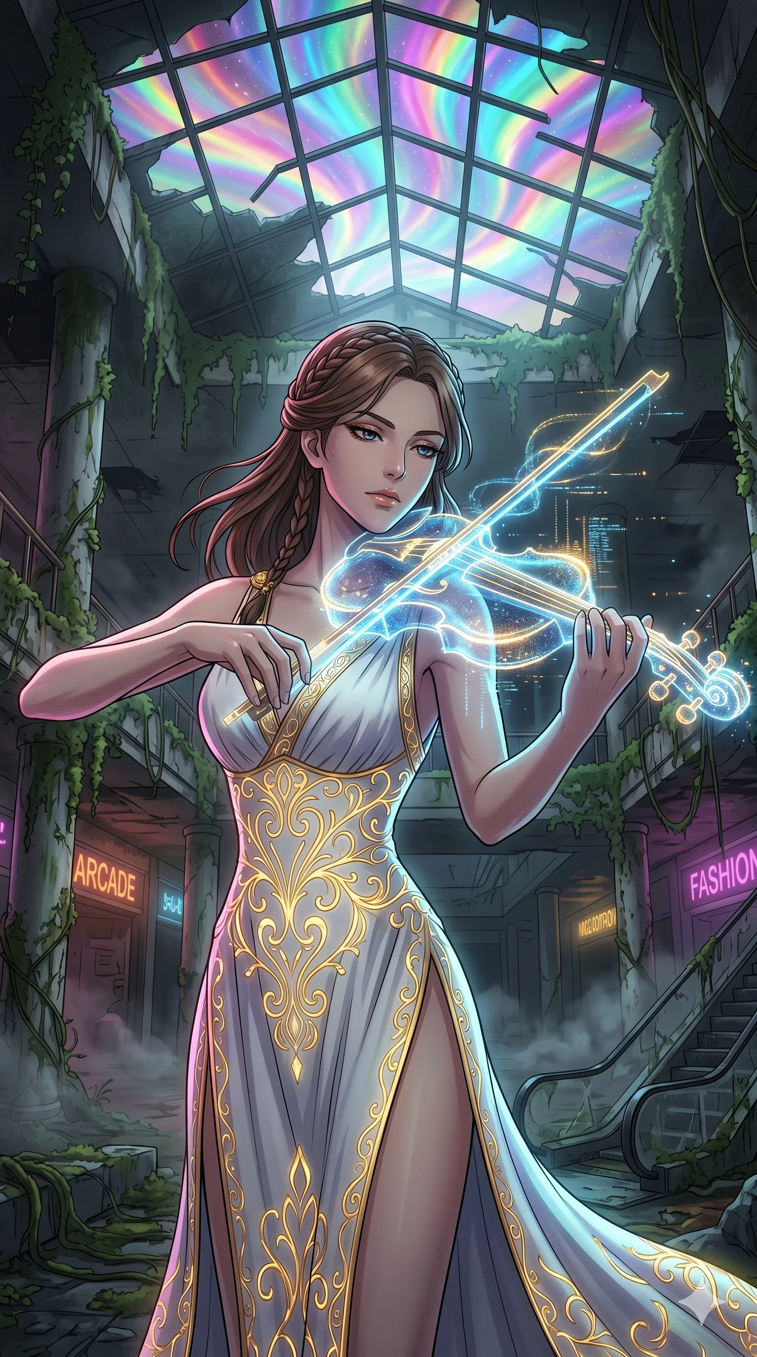 score_9, masterpiece, best quality, ultra-detailed, Set A: High-budget Anime Keyframe, Caucasian (human ears) woman. Upper body close-up from the thighs up, character filling the screen for maximum presence. Theme: Ethereal Dream. playing a holographic violin in a ruined overgrown shopping mall, with a look of serene power as the sky splits into 88 colors. The atmosphere is filled with heavy smog with neon flares. She has an absolutely perfect 8-heads proportion, an exceptionally tall and slender female figure with impossibly long slender legs and an ultra-slim waist. Sharp v-shaped jawline, high-bridge nose, intricate jewel-like eyes with depth, glossy lips. Wearing Ancient Roman-style tech-toga with glowing gold filigree and a high side slit. Cinematic lighting, vivid colors, dramatic shadows, 2k, ultra detail, master piece, 9:16 ratio