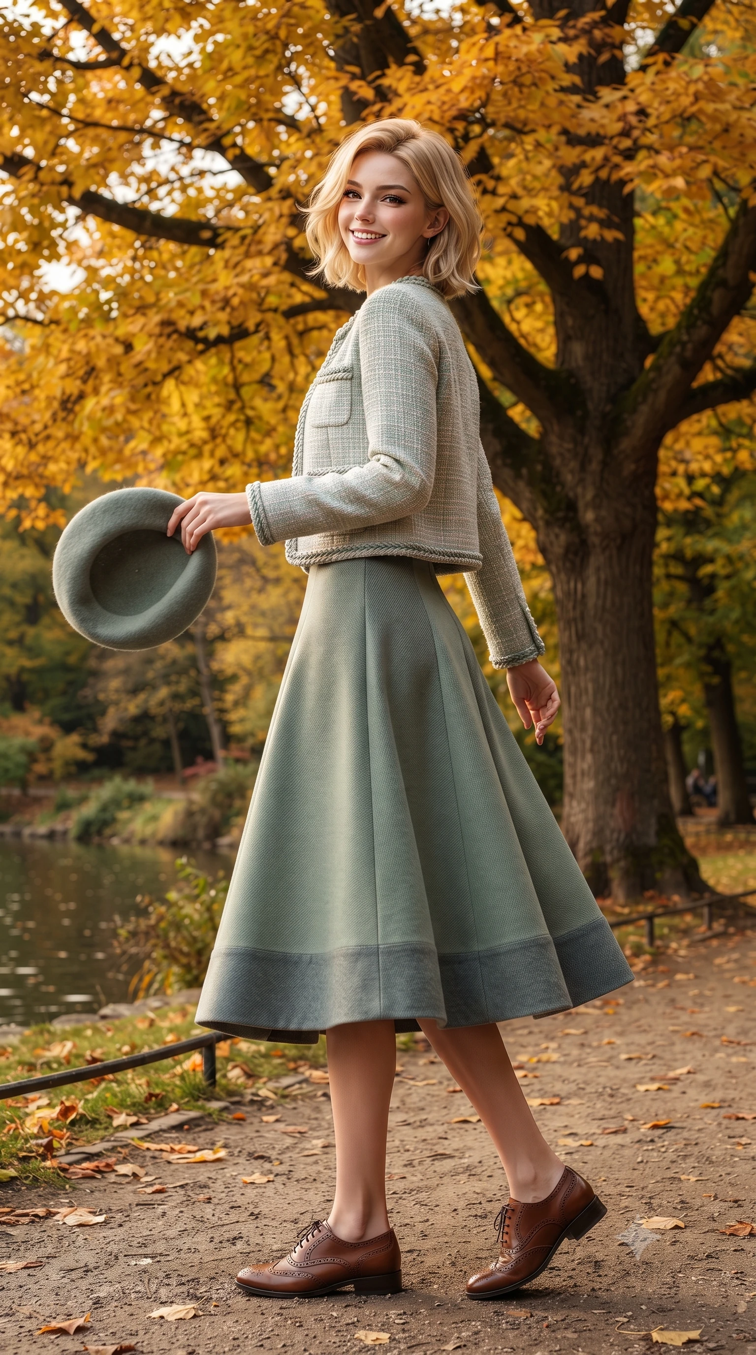 score_9, masterpiece, best quality, ultra-detailed, high-budget anime keyframe, editorial fashion photography, tasteful artistic composition, Caucasian woman. low angle full-body shot from head to toe showing her feet, filling the entire 9:16 vertical frame with her statuesque presence, stretching her vertical silhouette. pausing along the promenade and turning back toward the camera with an infectious, delightful smile and perfect posture while pausing beneath a monumental golden beech tree, one hand lightly holding her wool beret as an autumn breeze sweeps by. The surrounding environment is rendered in vivid detail and crisp panoramic clarity: detailed equestrian wool blazer tailoring, leather elbow patch textures, and natural royal park foliage in high resolution. She has an exceptionally tall and slender model-like 8.5-heads proportion, an ultra-slim waist, a flat toned midriff, narrow delicate ribcage, and beautifully sculpted feminine hips creating a graceful, slim hourglass silhouette without any bulky heaviness, with impossibly long slender legs. sharp v-shaped jawline, high-bridge nose, intricate jewel-like sparkling eyes with depth, thick eyelashes, glossy parted lips with a natural peach sheen, bright cheerful beaming smile with an enchanting and coquettish sensual glint, exuding both youthful cute charm and seductive allure, flawlessly proportioned anatomical accuracy, strict slender model proportions, natural body alignment, perfectly sculpted long slender limbs, ultra-slim waistline, clean dynamic posture without body distortion. wearing a collarless pastel bouclé tweed jacket with braided trims paired with a coordinating high-waisted A-line midi skirt in misty Arashiyama bamboo green and slate grey, tailored from heavyweight double-faced wool with clean architectural edges, complemented by classic polished leather oxfords with brogue perforations, the bespoke architectural tailoring hugging her natural waistline with sartorial precision, creating a clean graceful hourglass silhouette with tall model elegance. illuminated by lake water shimmer fill and rich copper-gold rim lights defining her razor-sharp jawline and tall slender figure. ultra-reflective glossy finish, specular highlights, rich textural contrasts, high-contrast stereoscopic depth, volumetric dynamic lighting, 2k, ultra detail, master piece, 9:16 ratio