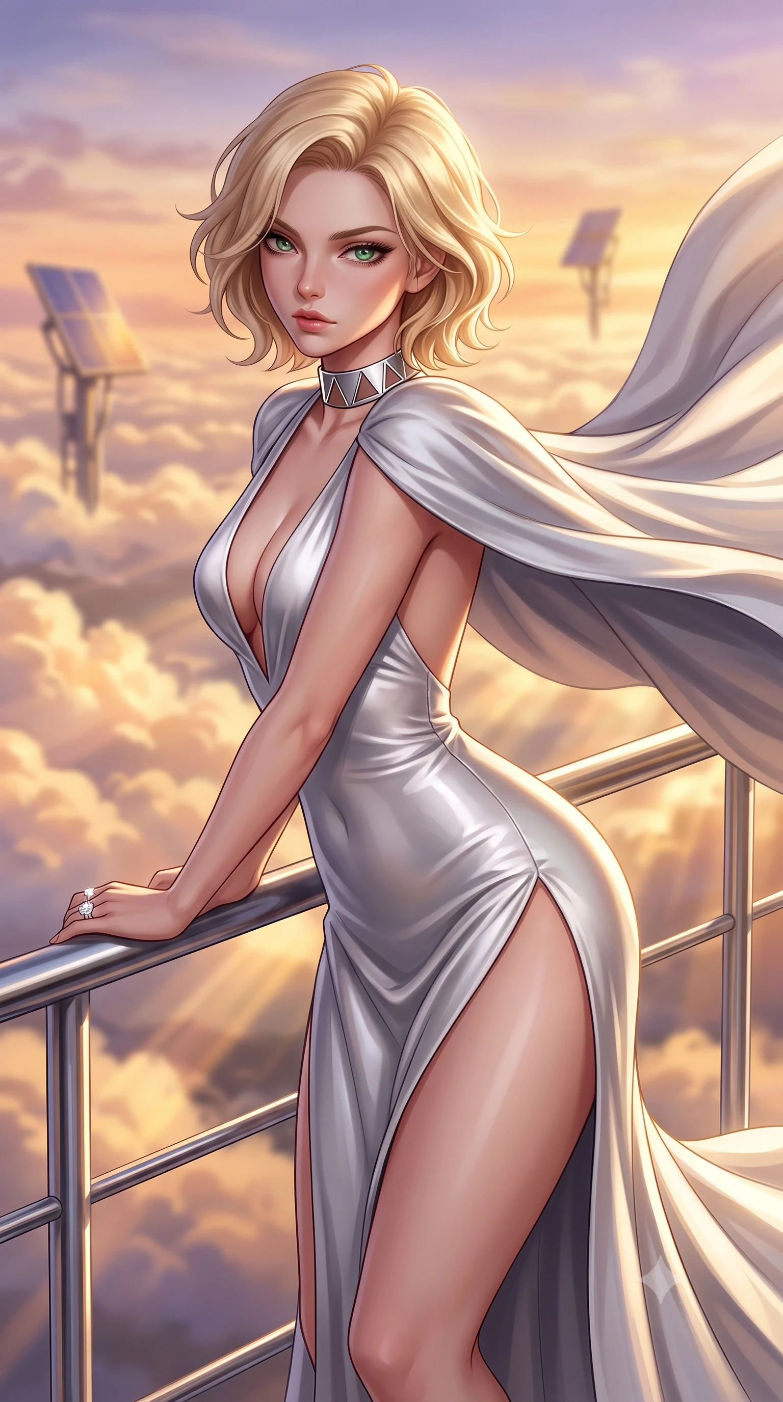 score_9, masterpiece, best quality, ultra-detailed, high-budget anime keyframe, semi-realistic 3D game render, editorial fashion photography, tasteful artistic composition, Caucasian woman. close-up cowboy shot from the waist and thighs up, the character dominates the composition, filling the frame with her large presence. leaning forward against the polished railing with her hips cocked back, creating an intoxicating curve from her narrow waist to sculpted hips as she gazes back into the lens while standing poised on the high-altitude sun deck, twisting her slender torso in an alluring S-curve as stratospheric trade winds flutter her sweeping cape. The composition keeps background elements in soft focus with creamy bokeh. billowing sunset cumulus clouds and floating solar collector pylons blurred into molten gold, apricot, and lavender bokeh. She has an exceptionally elegant, slender, and willowy female figure with an ultra-slim waist, flat toned midriff, narrow ribcage, and sculpted feminine hips creating an alluring, slim hourglass silhouette without bulk. sharp v-shaped jawline, high-bridge nose, intricate jewel-like eyes with depth, thick eyelashes, glossy parted lips with a natural sheen, intensely captivating and seductive bedroom-eyes expression, flawlessly proportioned anatomical accuracy, strict slender model proportions, natural body alignment, perfectly sculpted long slender limbs, ultra-slim waistline, clean dynamic posture without body distortion. wearing a plunging-V neckline duchess satin gown with high side slits ascending to the high hip in shimmering silver mercury and pearl white, tailored from water-resistant treated wool gabardine and flexible stretch silk, complemented by a bold geometric choker and sparkling cocktail ring, the second-skin form-contouring cut accentuating her sculpted flat midriff, narrow delicate ribcage, and gracefully curvy hips with supermodel precision. bathed in glorious golden hour stratospheric sunbeams streaming unobstructed across the cloud deck. highly saturated vibrant anime colors, detailed shading with soft gradients, rich glossy textures, high-contrast stereoscopic depth, volumetric dynamic lighting, master piece, 9:16 ratio