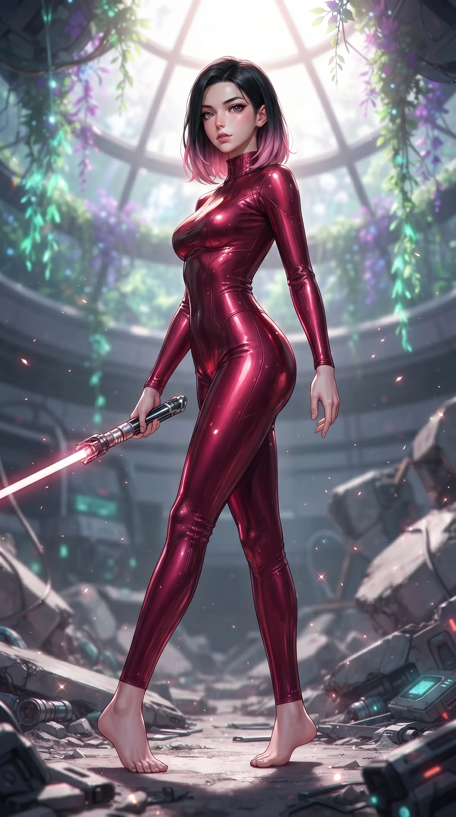 score_9, masterpiece, best quality, ultra-detailed, high-budget anime keyframe, editorial fashion photography, tasteful artistic composition, Korean woman. low angle full-body shot from head to toe showing her feet, filling the entire 9:16 vertical frame with her statuesque presence, stretching her vertical silhouette. stepping gracefully through battlefield debris with a glowing saber hilt in hand, looking back over her shoulder, the background shows a soft-focus an orbital greenhouse dome relying on raw unfiltered solar radiation. She has an absolutely perfect, statuesque 8.5-heads proportion, an exceptionally tall and slender model-like female figure with impossibly long slender legs and an ultra-slim waist. sharp v-shaped jawline, high-bridge nose, intricate jewel-like eyes with depth, thick eyelashes, glossy lips with a natural sheen. wearing a body-hugging form-contouring high-neck bodycon suit in deep crimson, contouring her athletic build like a second skin. soft green and purple bioluminescent plants filtering the intense white solar rays. ultra-reflective glossy finish, specular highlights, metallic sheen, high-contrast stereoscopic depth, volumetric dynamic lighting, 2k, ultra detail, master piece, 9:16 ratio