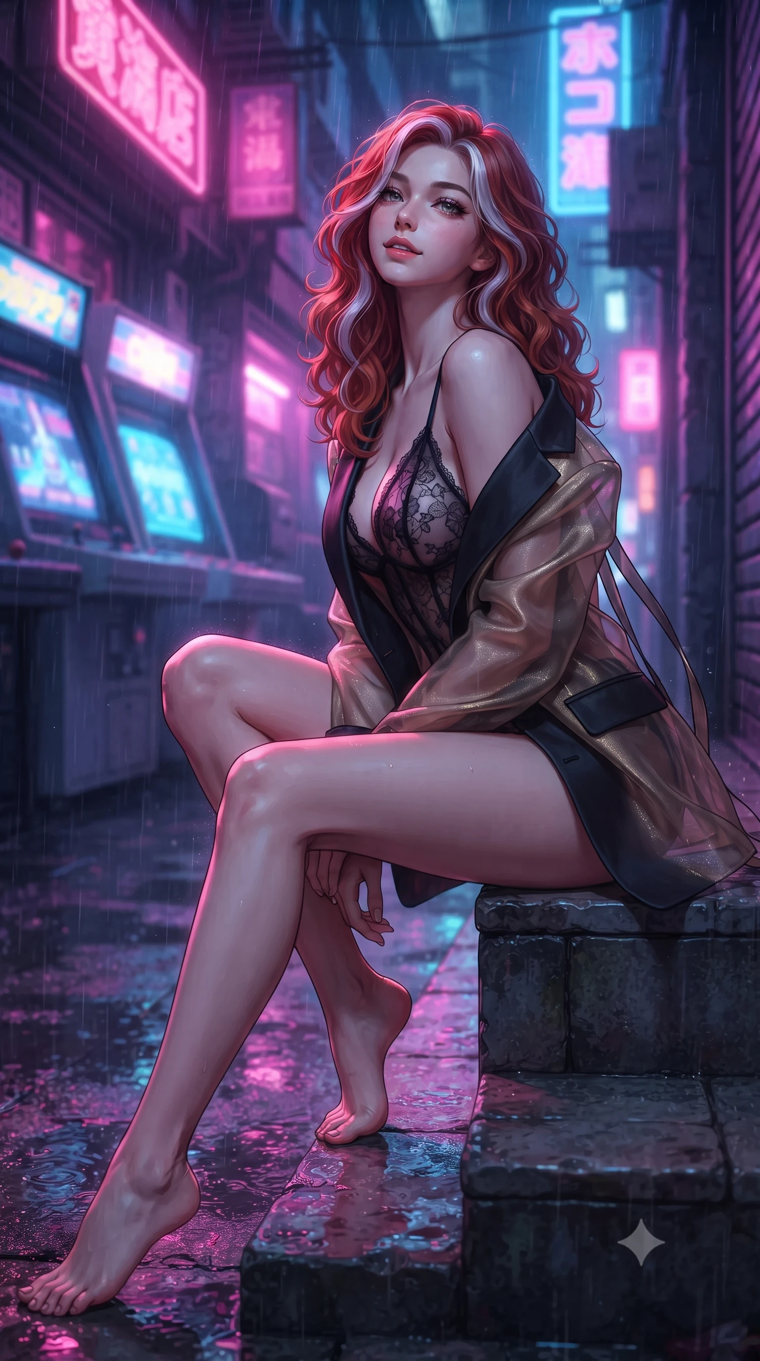 score_9, masterpiece, best quality, ultra-detailed, high-budget anime keyframe, editorial fashion photography, tasteful artistic composition, Caucasian woman. low angle full-body shot from head to toe showing her feet, filling the entire 9:16 vertical frame with her statuesque presence, stretching her vertical silhouette. sitting poised on the stone steps with one knee bent, arching her spine with supermodel elegance as she glances upward through thick eyelashes while standing poised in the middle of the rain-washed alley with hips cocked back, looking into the camera with an irresistible bedroom-smile. The background shows a soft-focus flickering CRT arcade game screens, retro kanji neon signs, and rainy street puddles blurred into neon pink, violet, and electric blue bokeh. She has an absolutely perfect, statuesque 8.5-heads proportion, an exceptionally tall and slender model-like female figure with impossibly long slender legs, an ultra-slim waist, a flat toned midriff, narrow delicate ribcage, and beautifully sculpted feminine hips creating a graceful, slim hourglass silhouette without any bulky heaviness. sharp v-shaped jawline, high-bridge nose, sparkling eyes with hypnotic seductive depth, thick curled eyelashes, glossy parted lips with a natural dewy peach sheen, alluring bedroom-eyes with an enchanting coquettish smile, exuding magnetic siren charisma and sophisticated glamour, flawlessly proportioned anatomical accuracy, strict slender model proportions, natural body alignment, perfectly sculpted long slender limbs, ultra-slim waistline, clean dynamic posture without body distortion. wearing a delicate sheer floral lace teddy layered under an open tailored oversized blazer draped casually over bare shoulders in midnight obsidian black and shimmering liquid champagne gold, made of delicate semi-sheer Korean gossamer organza with subtle pearlescent glints, finished with long silk ribbon ties fluttering down her bare spine from a backless halter, the liquid-tight tailored fabric clinging flawlessly to her narrow waist and rounded feminine hips, emphasizing every millimeter of her sculpted slim hourglass curves without any bulky heaviness. bathed in saturated neon pink and cobalt blue light spilling horizontally from arcade marquees. ultra-reflective glossy finish, specular highlights, rich textural contrasts, high-contrast stereoscopic depth, volumetric dynamic lighting, 2k, ultra detail, master piece, 9:16 ratio