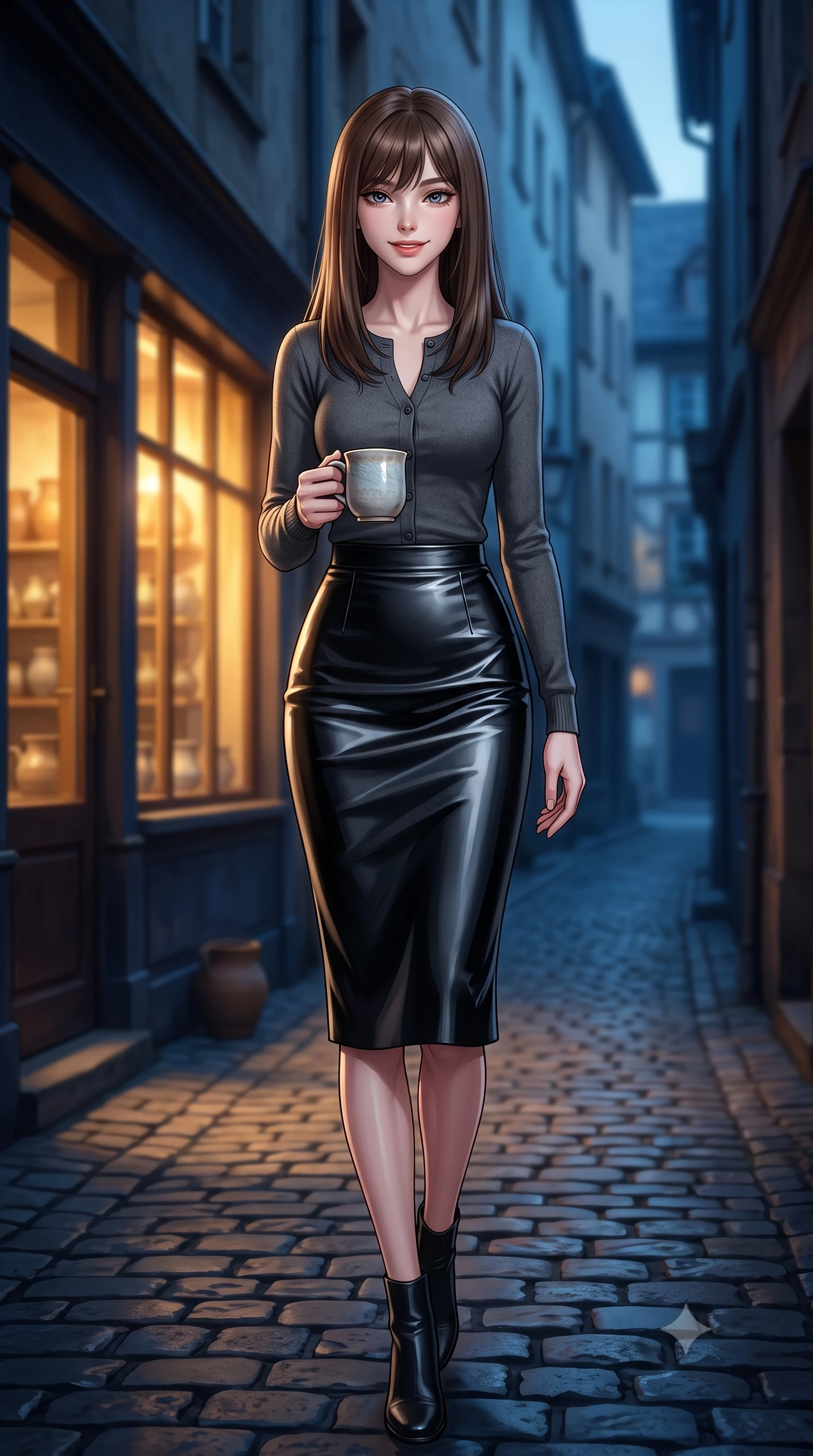 score_9, masterpiece, best quality, ultra-detailed, high-budget anime keyframe, editorial fashion photography, tasteful artistic composition, Korean woman. low angle full-body shot from head to toe showing her feet, filling the entire 9:16 vertical frame with her statuesque presence, stretching her vertical silhouette. stepping forward with an alluring, magnetic smile, her graceful posture highlighting her statuesque silhouette set against a soft-focus background of in a narrow cobblestone alley next to a cozy handmade pottery shop holding a delicate handmade ceramic mug with a warm grin. She has an absolutely perfect, statuesque 8.5-heads proportion, an exceptionally tall and slender model-like female figure with impossibly long slender legs and an ultra-slim waist. sharp v-shaped jawline, high-bridge nose, intricate jewel-like eyes with depth, thick eyelashes, glossy lips with a natural sheen. wearing slim-fit tight-fitting cashmere cardigan closed, paired with a sleek leather midi skirt. warm glow from the shop windows clashing with the cool blue alley shadows. ultra-reflective glossy finish, specular highlights, metallic sheen, high-contrast stereoscopic depth, volumetric dynamic lighting, 2k, ultra detail, master piece, 9:16 ratio