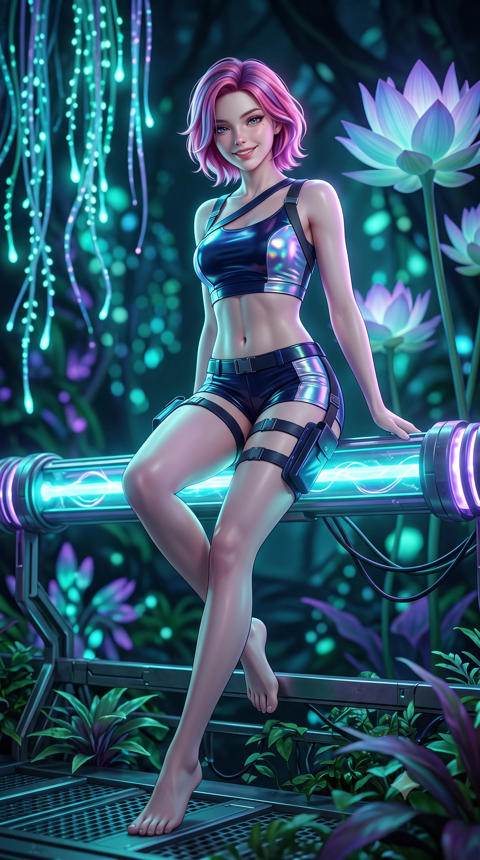 score_9, masterpiece, best quality, ultra-detailed, high-budget anime keyframe, semi-realistic 3D game render, editorial fashion photography, tasteful artistic composition, Caucasian woman. low angle full-body shot from head to toe showing her feet, filling the entire 9:16 vertical frame with her statuesque presence, stretching her vertical silhouette. leaning deep against the glowing energy conduit with hips cocked back in an unapologetically alluring high-fashion stance, flashing a warm beaming smile while sitting gracefully on the edge of an elevated botanical gantry with legs crossed, her futuristic suit glowing softly in the dark jungle. The background shows a soft-focus cascading bioluminescent tendrils and towering alien lotus blossoms blurred into vibrant turquoise, jade, and ultraviolet bokeh. She has an absolutely perfect, statuesque 8.5-heads proportion, an exceptionally tall and slender model-like female figure with impossibly long slender legs, an ultra-slim waist, a flat toned midriff, narrow delicate ribcage, and beautifully sculpted feminine hips creating a graceful, slim hourglass silhouette without any bulky heaviness. sharp v-shaped jawline, high-bridge nose, intricate jewel-like sparkling eyes with depth, thick eyelashes, glossy parted lips with a natural sheen, bright confident smile with an enchanting and coquettish sensual glint, exuding both youthful magnetic charm and sovereign high-tech allure, flawlessly proportioned anatomical accuracy, strict slender model proportions, natural body alignment, perfectly sculpted long slender limbs, ultra-slim waistline, clean dynamic posture without body distortion. wearing a high-tech mechanic crop top with asymmetric shoulder straps paired with ultra-fitted tactical hot-pants and thigh holsters in midnight navy blue and holographic iridescent shimmer, tailored from ultra-reflective glossy liquid vinyl with mirror-like specular highlights, finished with criss-cross Kevlar tactical straps tracing her graceful shoulder blades, the form-contouring cut accentuating her sculpted flat midriff, narrow delicate ribcage, and gracefully curvy hips with cybernetic supermodel precision. bathed in cool ethereal aqua and ultraviolet bioluminescent light radiating from living plants. highly saturated vibrant anime colors, detailed shading with soft gradients, rich glossy textures, high-contrast stereoscopic depth, volumetric dynamic lighting, master piece, 9:16 ratio