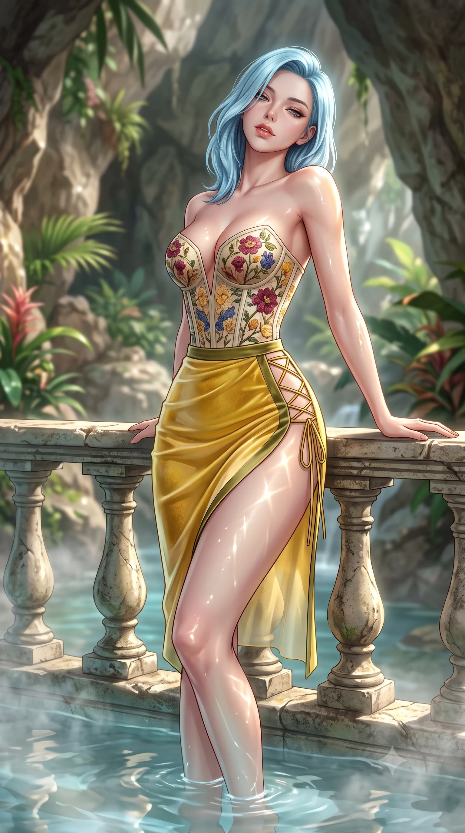 score_9, masterpiece, best quality, ultra-detailed, high-budget anime keyframe, semi-realistic 3D game render, editorial fashion photography, tasteful artistic composition, Korean woman. close-up cowboy shot from the waist and thighs up, the character dominates the composition, filling the frame with her large presence. leaning back against the balustrade with relaxed seductive grace, head tilted back slightly while casting a hypnotic, heavy-lidded gaze while standing in the shallow mist pool with water lapping at her calves, hips cocked back, looking over a bare shoulder with an alluring bedroom-smile. The background shows a soft-focus natural rock grottos softened in lush tropical paradise shallow focus. She has an exceptionally elegant, slender, and willowy female figure with an ultra-slim waist, flat toned midriff, narrow ribcage, and sculpted feminine hips creating an alluring, slim hourglass silhouette without bulk. sharp v-shaped jawline, high-bridge nose, sparkling eyes with hypnotic seductive depth, thick curled eyelashes, glossy parted lips with a natural dewy peach sheen, alluring bedroom-eyes with an enchanting coquettish smile, exuding magnetic siren charisma and sophisticated glamour, flawlessly proportioned anatomical accuracy, strict slender model proportions, natural body alignment, perfectly sculpted long slender limbs, ultra-slim waistline, clean dynamic posture without body distortion. wearing a plunging sweetheart-neckline boned corset top with pressed flower embroidery paired with a sheer organza wrap skirt in sunlit daisy yellow and gardenia cream with olive accents, tailored from ultra-plush velvet with rich tactile depth and deep shadow gradients, featuring fine criss-cross lace-up side ties revealing tantalizing glimpses of her hip curve, the glove-like clinging cut tightly following the natural contour of her hips and long slender legs with youthful 8.5-heads elegance. bathed in diffused tropical greenhouse sunlight mixed with pool water caustic bounce. highly saturated vibrant anime colors, detailed shading with soft gradients, rich glossy textures, high-contrast stereoscopic depth, volumetric dynamic lighting, master piece, 9:16 ratio