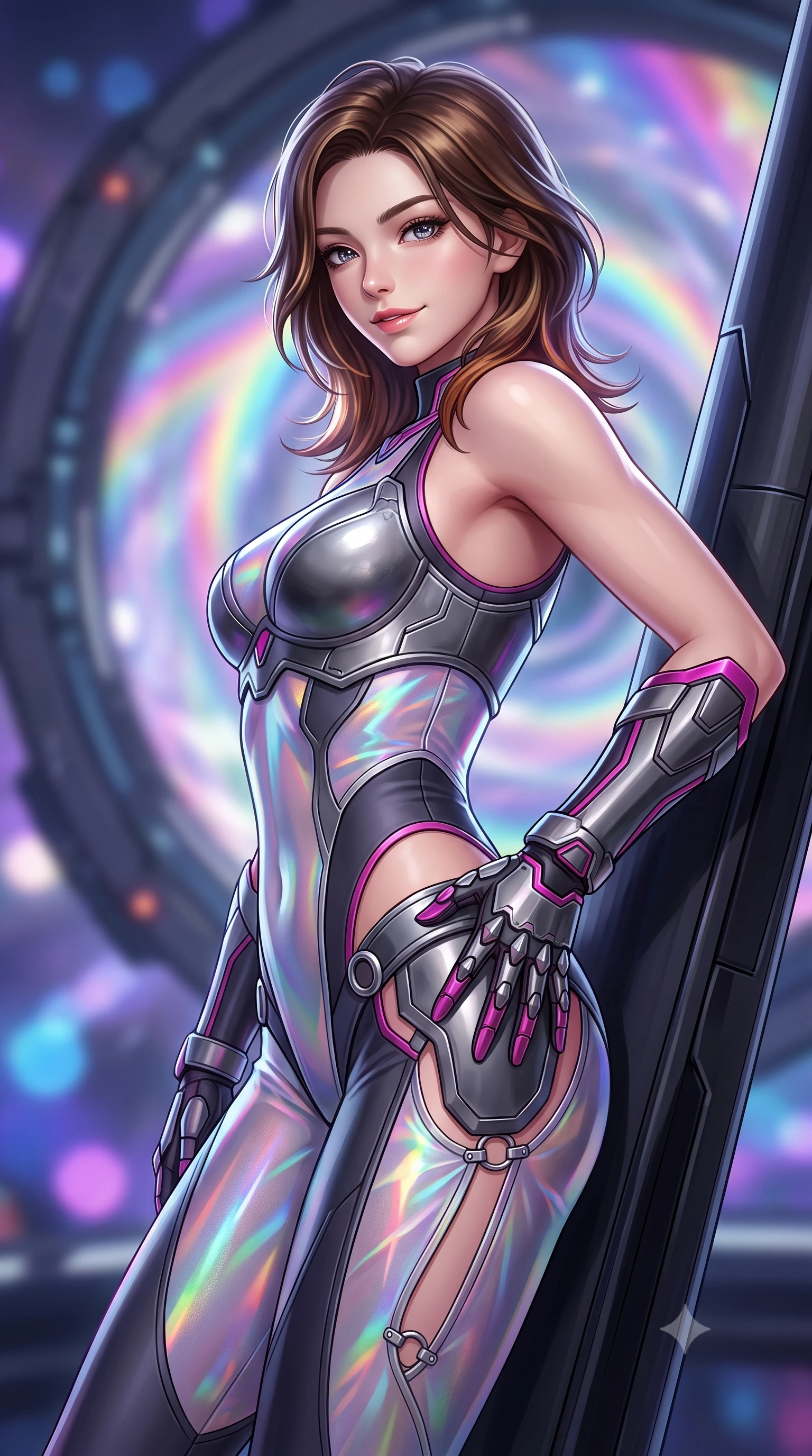 score_9, masterpiece, best quality, ultra-detailed, high-budget anime keyframe, semi-realistic 3D game render, editorial fashion photography, tasteful artistic composition, Korean woman. close-up cowboy shot from the waist and thighs up, the character dominates the composition, filling the frame with her large presence. twisting her slender torso in an alluring contrapposto stance, one hand resting on her sculpted hip armor while glancing back with effortless sovereign poise while leaning against the massive magnetic acceleration rail with hips cocked back, looking over a bare shoulder with an intoxicating, fearless smile. The background shows a soft-focus the colossal spinning warp gate ring and swirling rainbow vortex of folded spacetime blurred into prism, violet, and electric blue bokeh. She has an exceptionally elegant, slender, and willowy female figure with an ultra-slim waist, flat toned midriff, narrow ribcage, and sculpted feminine hips creating an alluring, slim hourglass silhouette without bulk. sharp v-shaped jawline, high-bridge nose, intricate jewel-like sparkling eyes with depth, thick eyelashes, glossy parted lips with a natural sheen, bright confident smile with an enchanting and coquettish sensual glint, exuding both youthful magnetic charm and sovereign high-tech allure, flawlessly proportioned anatomical accuracy, strict slender model proportions, natural body alignment, perfectly sculpted long slender limbs, ultra-slim waistline, clean dynamic posture without body distortion. wearing a sculpted titanium-alloy breastplate bodice worn over an ultra-tight matte stretch bodysuit with side hip cutouts in deep titanium gunmetal and radiant magenta neon, woven from layered gossamer holographic organza casting chromatic prism reflections, finished with sharp laser-cut side ventilation slits framed by silver hardware rings, the form-fitting tactical tailoring adhering flawlessly to her sculpted flat midriff and slender torso, emphasizing her long leg lines and perfectly proportioned willowy build. illuminated by platform safety beacons and sharp platinum rim lights sculpting her razor-sharp jawline, narrow waist, and curvy hips. highly saturated vibrant anime colors, detailed shading with soft gradients, rich glossy textures, high-contrast stereoscopic depth, volumetric dynamic lighting, master piece, 9:16 ratio
