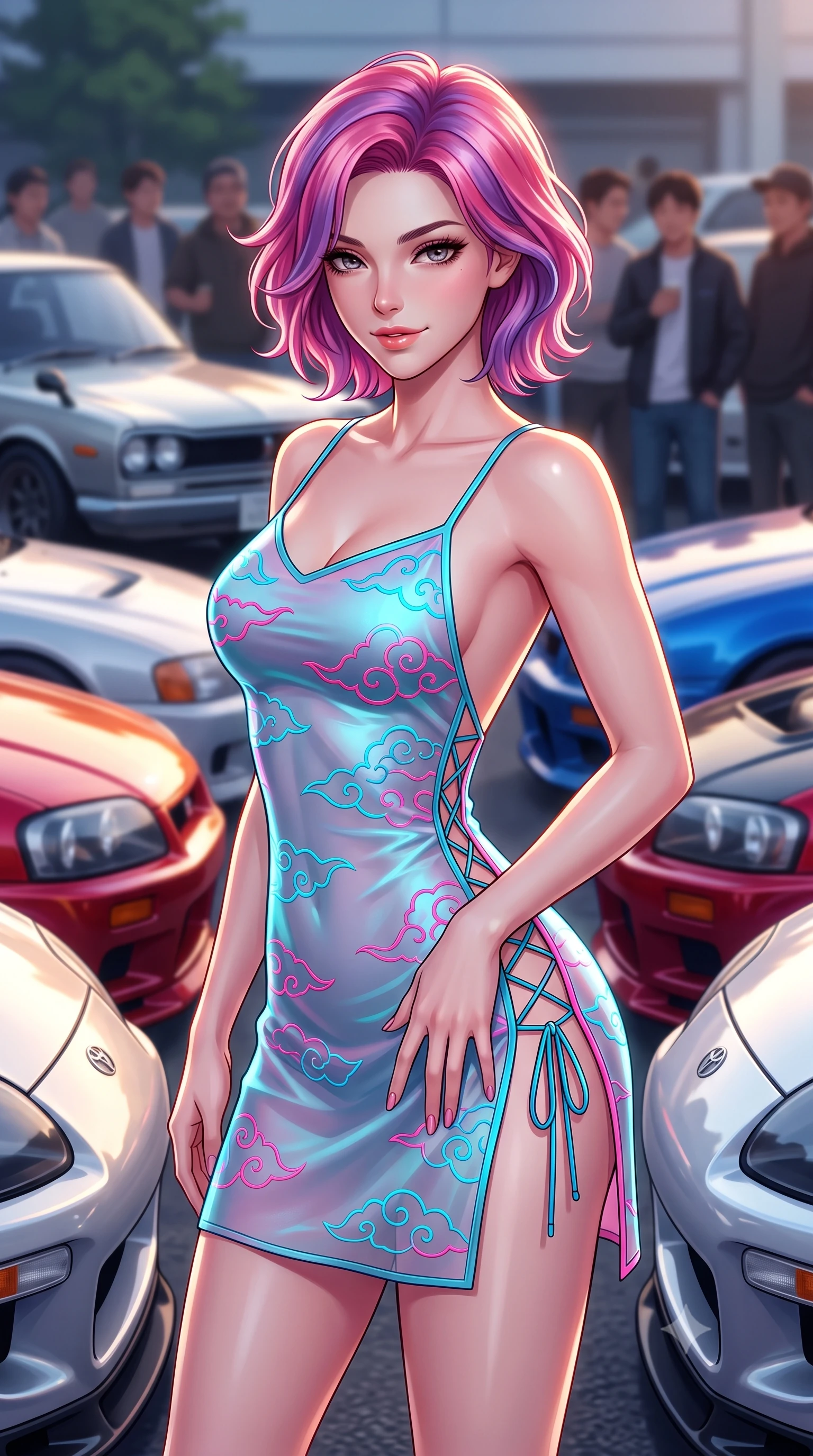 score_9, masterpiece, best quality, ultra-detailed, high-budget anime keyframe, semi-realistic 3D game render, editorial fashion photography, tasteful artistic composition, Caucasian woman. close-up cowboy shot from the waist and thighs up, the character dominates the composition, filling the frame with her large presence. tilting her head with a teasing half-smile, running one hand slowly down the side of her hip in a flirtatious S-curve as ambient light caresses her silhouette while standing poised between rows of polished classic Japanese turbos, arching her lower back with seductive racing queen glamour. The background shows a soft-focus gathering car enthusiasts softened in legendary Japanese automotive shallow focus. She has an exceptionally elegant, slender, and willowy female figure with an ultra-slim waist, flat toned midriff, narrow ribcage, and sculpted feminine hips creating an alluring, slim hourglass silhouette without bulk. sharp v-shaped jawline, high-bridge nose, sparkling eyes with hypnotic seductive depth, thick curled eyelashes, glossy parted lips with a natural dewy peach sheen, alluring bedroom-eyes with an enchanting coquettish smile, exuding magnetic siren charisma and sophisticated glamour, flawlessly proportioned anatomical accuracy, strict slender model proportions, natural body alignment, perfectly sculpted long slender limbs, ultra-slim waistline, clean dynamic posture without body distortion. wearing a backless embroidered silk satin slip dress with traditional cloud motifs contouring her narrow waist and curvy hips in dual-tone high-contrast neon monochrome, made of delicate semi-sheer Korean gossamer organza with subtle pearlescent glints, featuring fine criss-cross lace-up side ties revealing tantalizing glimpses of her hip curve, the liquid-tight tailored fabric clinging flawlessly to her narrow waist and rounded feminine hips, emphasizing every millimeter of her sculpted slim hourglass curves without any bulky heaviness. illuminated by car hood specular bounce and sharp platinum rim lights sculpting her razor-sharp jawline, flat midriff, and curvaceous hips. highly saturated vibrant anime colors, detailed shading with soft gradients, rich glossy textures, high-contrast stereoscopic depth, volumetric dynamic lighting, master piece, 9:16 ratio
