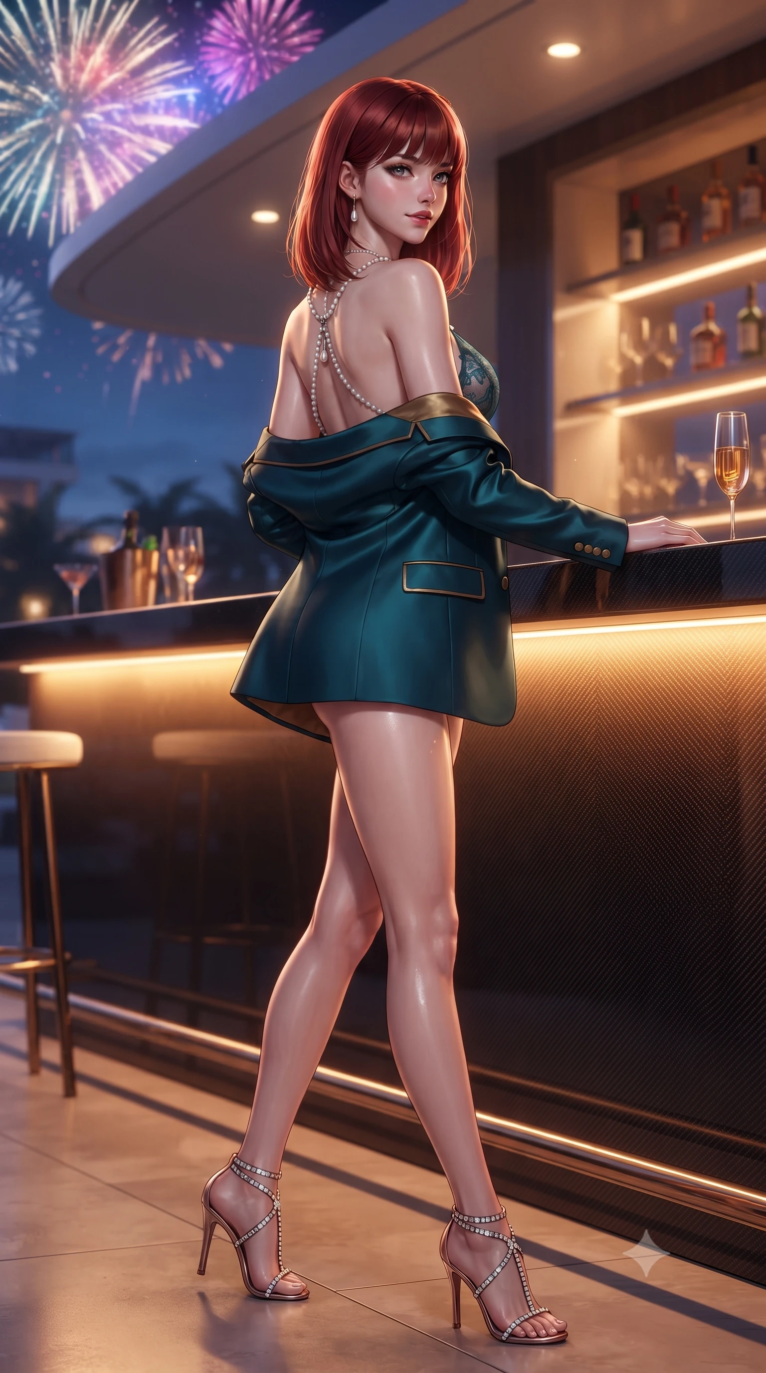 score_9, masterpiece, best quality, ultra-detailed, high-budget anime keyframe, editorial fashion photography, tasteful artistic composition, Caucasian woman. low angle full-body shot from head to toe showing her feet, filling the entire 9:16 vertical frame with her statuesque presence, stretching her vertical silhouette. walking along the terrace with poise, looking back over her bare shoulder with an irresistible smoldering bedroom-gaze while standing poised beside the illuminated high-gloss carbon-fiber bar counter, arching her lower back with sovereign VIP celebration glamour. The background shows a soft-focus high-gloss flybridge bar shelving softened in glamorous Caribbean party shallow focus. She has an absolutely perfect, statuesque 8.5-heads proportion, an exceptionally tall and slender model-like female figure with impossibly long slender legs, an ultra-slim waist, a flat toned midriff, narrow delicate ribcage, and beautifully sculpted feminine hips creating a graceful, slim hourglass silhouette without any bulky heaviness. sharp v-shaped jawline, high-bridge nose, sparkling eyes with hypnotic seductive depth, thick curled eyelashes, glossy parted lips with a natural dewy peach sheen, alluring bedroom-eyes with an enchanting coquettish smile, exuding magnetic siren charisma and sophisticated glamour, flawlessly proportioned anatomical accuracy, strict slender model proportions, natural body alignment, perfectly sculpted long slender limbs, ultra-slim waistline, clean dynamic posture without body distortion. wearing a delicate sheer French Chantilly lace teddy layered under an open tailored tuxedo blazer draped over bare shoulders in deep peacock teal and burnished antique brass, crafted from fluid liquid silk satin that clings smoothly to every curve with a dewy sheen, accented with a pearl-drop body harness subtly framing her dewy collarbones and spine, the form-contouring silhouette accentuating her sculpted flat midriff, narrow delicate ribcage, and gracefully curvy hips with intoxicating allure. bathed in dynamic multi-color light flashes from fireworks overhead mixed with warm amber bar counter glow. ultra-reflective glossy finish, specular highlights, rich textural contrasts, high-contrast stereoscopic depth, volumetric dynamic lighting, 2k, ultra detail, master piece, 9:16 ratio