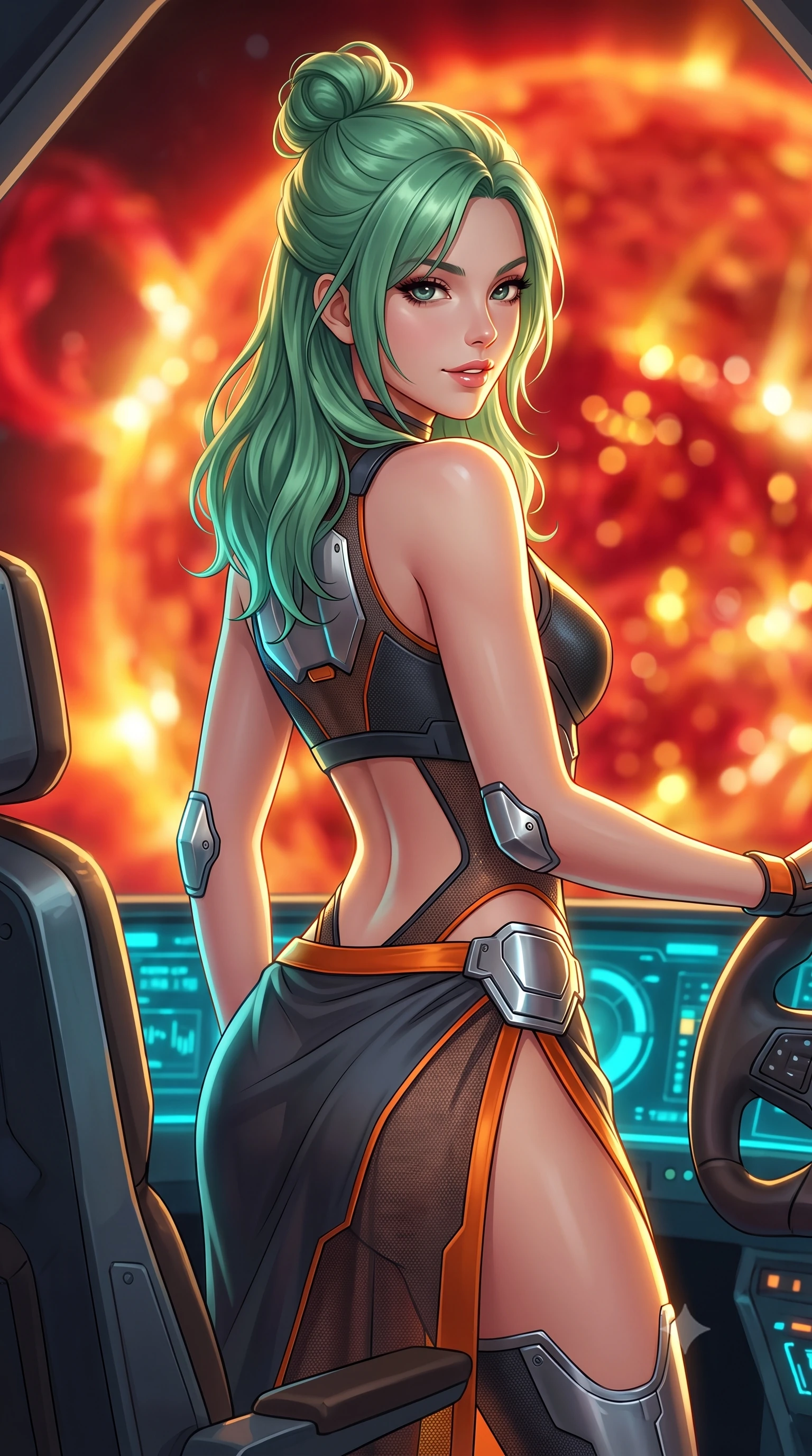 score_9, masterpiece, best quality, ultra-detailed, high-budget anime keyframe, semi-realistic 3D game render, editorial fashion photography, tasteful artistic composition, Japanese woman. close-up cowboy shot from the waist and thighs up, the character dominates the composition, filling the frame with her large presence. posing in an alluring rear three-quarter angle, turning over a bare shoulder with an intoxicating gaze, her hips cocked back to highlight her slim hourglass curve against the glowing reactor while strapped into the ergonomic pilot flight seat, arching her spine with sovereign composure as blinding crimson and gold solar flares erupt outside. The background shows a soft-focus the colossal solar corona eruption and dazzling solar prominence arcs blurred into blinding gold, carmine, and copper bokeh. She has an exceptionally elegant, slender, and willowy female figure with an ultra-slim waist, flat toned midriff, narrow ribcage, and sculpted feminine hips creating an alluring, slim hourglass silhouette without bulk. sharp v-shaped jawline, high-bridge nose, intricate jewel-like sparkling eyes with depth, thick eyelashes, glossy parted lips with a natural sheen, bright confident smile with an enchanting and coquettish sensual glint, exuding both youthful magnetic charm and sovereign high-tech allure, flawlessly proportioned anatomical accuracy, strict slender model proportions, natural body alignment, perfectly sculpted long slender limbs, ultra-slim waistline, clean dynamic posture without body distortion. wearing a cyber-samurai tactical suit featuring a shortened carbon chestplate and high-slit armored wrap skirt in stealth charcoal slate and molten laser orange, crafted from sheer technical cyber-lace reinforced with ultra-thin Kevlar threads, accented with strategically placed chrome armor plate guards covering key curves, the form-contouring cut accentuating her sculpted flat midriff, narrow delicate ribcage, and gracefully curvy hips with cybernetic supermodel precision. illuminated by instrument panel cyan bounce and sharp golden rim lights sculpting her sculpted collarbones, ultra-slim waist, and curvy hips. highly saturated vibrant anime colors, detailed shading with soft gradients, rich glossy textures, high-contrast stereoscopic depth, volumetric dynamic lighting, master piece, 9:16 ratio