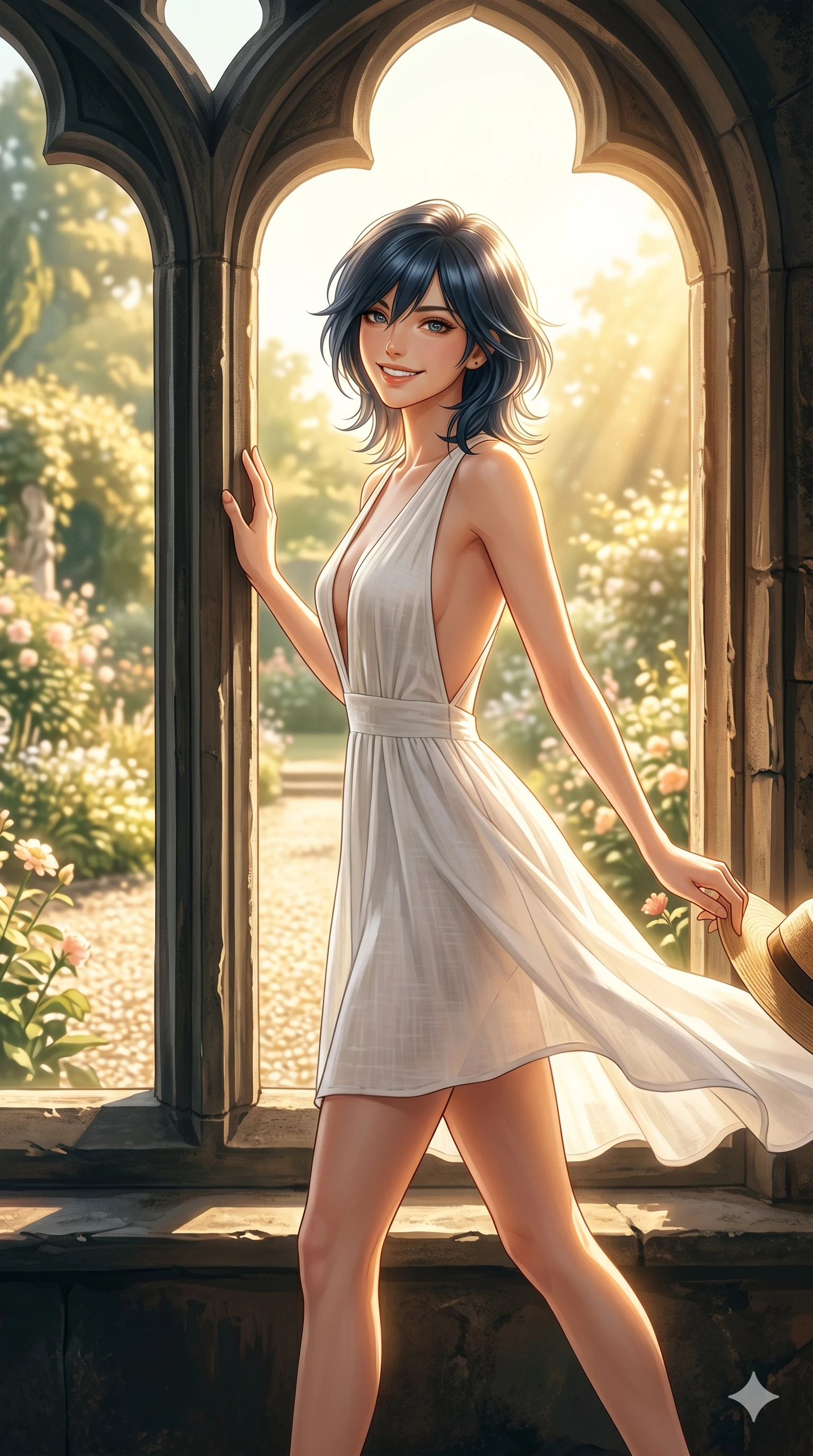 score_9, masterpiece, best quality, ultra-detailed, high-budget anime keyframe, editorial fashion photography, tasteful artistic composition, Caucasian woman, strictly human ears. cowboy shot from the thighs up, character and outfit filling the frame for maximum editorial presence. turning around with a bright, happy smile, one hand resting on the window frame standing by a large arched window overlooking a sunny garden in an old villa. She has an absolutely perfect 8-heads proportion, an exceptionally tall and slender female figure with impossibly long slender legs and an ultra-slim waist. V-shaped jawline, high-bridge nose, intricate jewel-like eyes with depth, thick eyelashes, glossy lips with a natural sheen. wearing a lightweight white linen dress with a deep plunging V-neck and open back. drenched in direct, bright morning sunlight casting warm rays on her silhouette. 2k, ultra detail, master piece, 9:16 ratio
