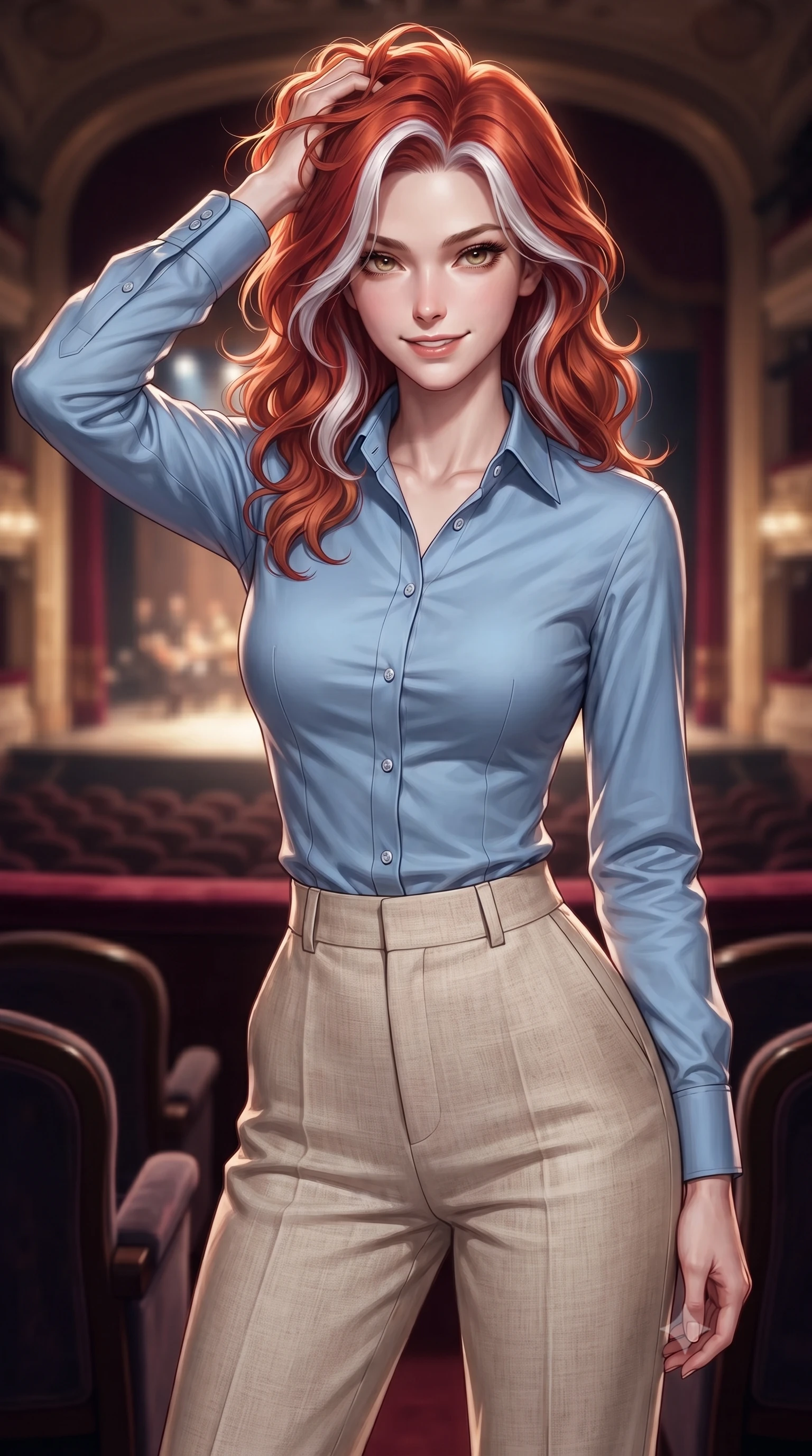 score_9, masterpiece, best quality, ultra-detailed, high-budget anime keyframe, editorial fashion photography, tasteful artistic composition, Caucasian woman. close-up cowboy shot from the waist and thighs up, the character dominates the composition, filling the frame with her large presence, background elements kept in soft focus. smiling with quiet, magnetic self-assurance directly into the camera, running a hand through her hair the background shows a soft-focus an intimate opera box suite with plush velvet seats and a view of the glowing stage. She has an exceptionally elegant, slender, and willowy female figure with an ultra-slim waist, a gracefully sculpted slender torso, and a refined silhouette. sharp v-shaped jawline, high-bridge nose, intricate jewel-like eyes with depth, thick eyelashes, glossy lips with a natural sheen. wearing a slim-fit tailored sky blue button-down shirt tucked into high-waisted beige linen trousers. dramatic theater stage lights casting a bright key light and deep shadows on her silhouette. ultra-reflective glossy finish, specular highlights, metallic sheen, high-contrast stereoscopic depth, volumetric dynamic lighting, 2k, ultra detail, master piece, 9:16 ratio