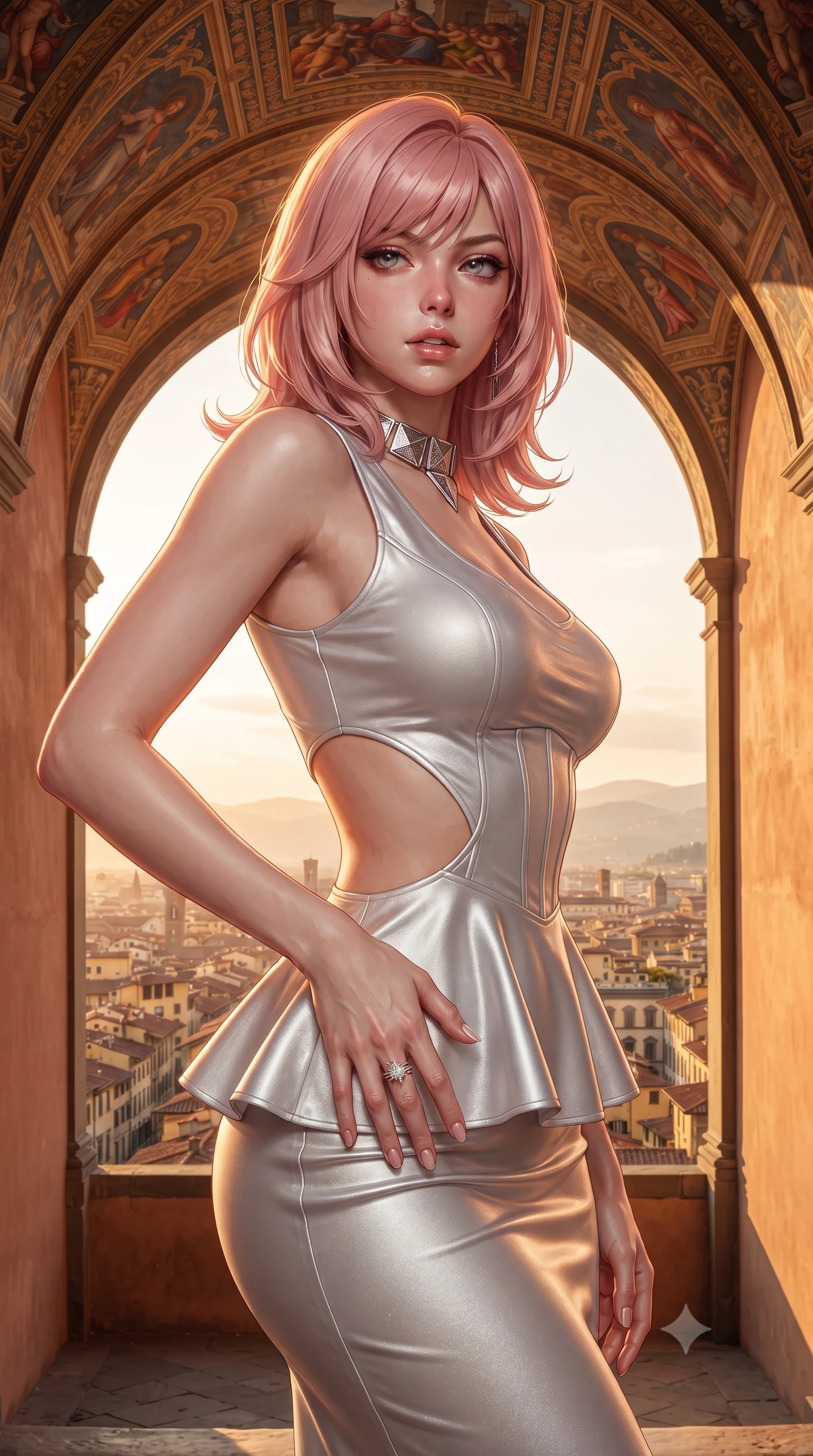 score_9, masterpiece, best quality, ultra-detailed, high-budget anime keyframe, editorial fashion photography, tasteful artistic composition, Japanese woman. close-up cowboy shot from the waist and thighs up, the character dominates the composition, filling the frame with her large presence. resting one manicured hand delicately on her hip bone, her upper body turning in a fluid, seductive S-curve while parted lips glisten in the light while standing poised under a vaulted ceiling adorned with vibrant renaissance frescoes, twisting her slender torso in an alluring S-curve in the evening glow. The surrounding environment is rendered in vivid detail and crisp panoramic clarity. detailed silk brocade gown folds, warm sunset specular highlights on skin, and Florence city grid clarity in high resolution. She has an exceptionally elegant, slender, and willowy female figure with an ultra-slim waist, flat toned midriff, narrow ribcage, and sculpted feminine hips creating an alluring, slim hourglass silhouette without bulk. sharp v-shaped jawline, high-bridge nose, intricate jewel-like eyes with depth, thick eyelashes, glossy parted lips with a natural sheen, intensely captivating and seductive bedroom-eyes expression, flawlessly proportioned anatomical accuracy, strict slender model proportions, natural body alignment, perfectly sculpted long slender limbs, ultra-slim waistline, clean dynamic posture without body distortion. wearing a modern peplum corset dress with side-waist diamond cutouts and an ultra-tight silhouette in shimmering silver mercury and pearl white, tailored from liquid silk jersey adhering flawlessly to her slender build, complemented by a bold geometric choker and sparkling cocktail ring, the form-contouring material adhering flawlessly to her sculpted flat midriff and slender torso, emphasizing her long leg lines and perfectly proportioned willowy build. bathed in rich golden hour Tuscan sunset backlighting and warm terracotta wall bounce fill. ultra-reflective glossy finish, specular highlights, rich textural contrasts, high-contrast stereoscopic depth, volumetric dynamic lighting, 2k, ultra detail, master piece, 9:16 ratio
