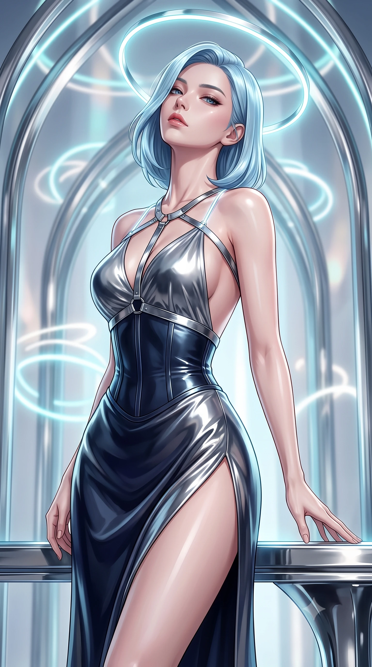 score_9, masterpiece, best quality, ultra-detailed, high-budget anime keyframe, editorial fashion photography, tasteful artistic composition, Korean woman. close-up cowboy shot from the waist and thighs up, the character dominates the composition, filling the frame with her large presence. tilting her head back with serene regal elegance, her sharp jawline and sculpted collarbones highlighted by glowing neon halo reflections while resting one hand along a mirror-finished chrome altar with a serene, sovereign gaze looking directly into the lens. The composition keeps background elements in soft focus with creamy bokeh. soaring polished chrome arches and rotating neon halo rings blurred into luminous cyan and platinum bokeh. She has an exceptionally elegant, slender, and willowy female figure with an ultra-slim waist, a gracefully sculpted slender torso, toned flat midriff, and a refined slim silhouette. sharp v-shaped jawline, high-bridge nose, intricate jewel-like eyes with depth, thick eyelashes, glossy lips with a natural sheen, flawlessly proportioned anatomical accuracy, strict slender model proportions, natural body alignment, perfectly sculpted long slender limbs, ultra-slim waistline, clean dynamic posture without body distortion. wearing a backless molten silver liquid-metal gown with a high-cut side slit and precision-fitted waist boning in deep midnight navy blue and pure starlight chrome, made of smooth flowing silk chiffon that shifts colors with movement, reinforced by a sleek metallic chrome harness and delicate glowing micro-straps, the liquid-tight tailored fabric emphasizing every curve of her tall, slender model proportions and sculptured silhouette during dynamic movement. surrounded by a majestic, sacred, and breathtakingly futuristic cyber-deity atmosphere. ultra-reflective glossy finish, specular highlights, dark metallic sheen, high-contrast stereoscopic depth, volumetric dynamic lighting, 2k, ultra detail, master piece, 9:16 ratio