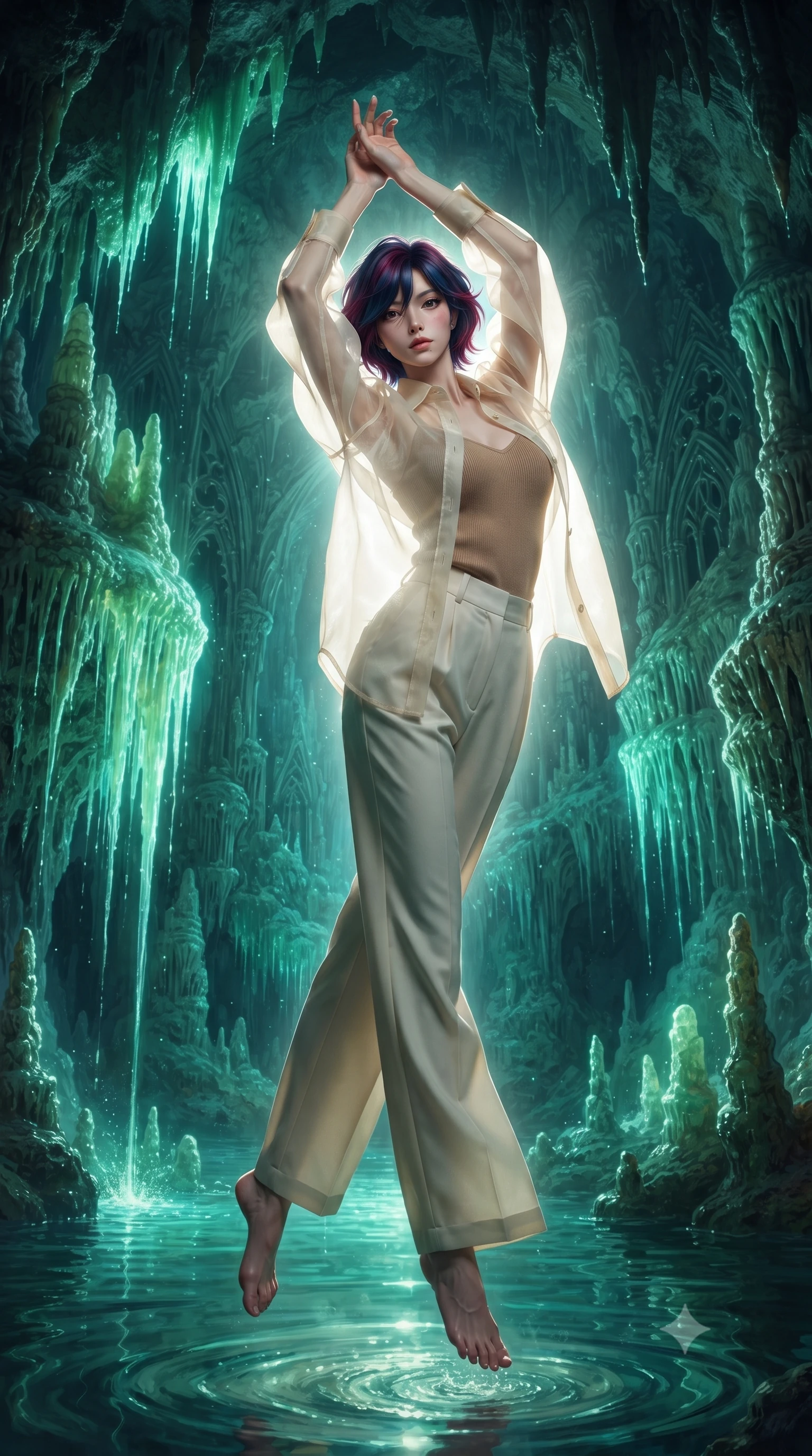 score_9, masterpiece, best quality, ultra-detailed, high-budget anime keyframe, editorial fashion photography, tasteful artistic composition, Korean woman. low angle full-body shot from head to toe showing her feet, filling the entire 9:16 vertical frame with her statuesque presence, stretching her vertical silhouette. floating with ethereal lightness within a vast underground river that glows with intense green-blue phosphorescence illuminating the stalactite cathedral ceiling high above with mineral formations dripping luminous water creating glowing curtains of living light. She has a statuesque 8.5-heads proportion, an exceptionally tall, slender and willowy model-like build with impossibly long legs and a highly sculpted ultra-slim waist. sharp v-shaped jawline, high-bridge nose, intricate jewel-like eyes with depth, thick eyelashes, glossy lips with a natural sheen. wearing a semi-transparent cream organza oversized shirt layered naturally over a tan-colored camisole top, paired with tailored trousers. dramatic backlight creating a radiant halo effect around her entire silhouette. 2k, ultra detail, master piece, 9:16 ratio