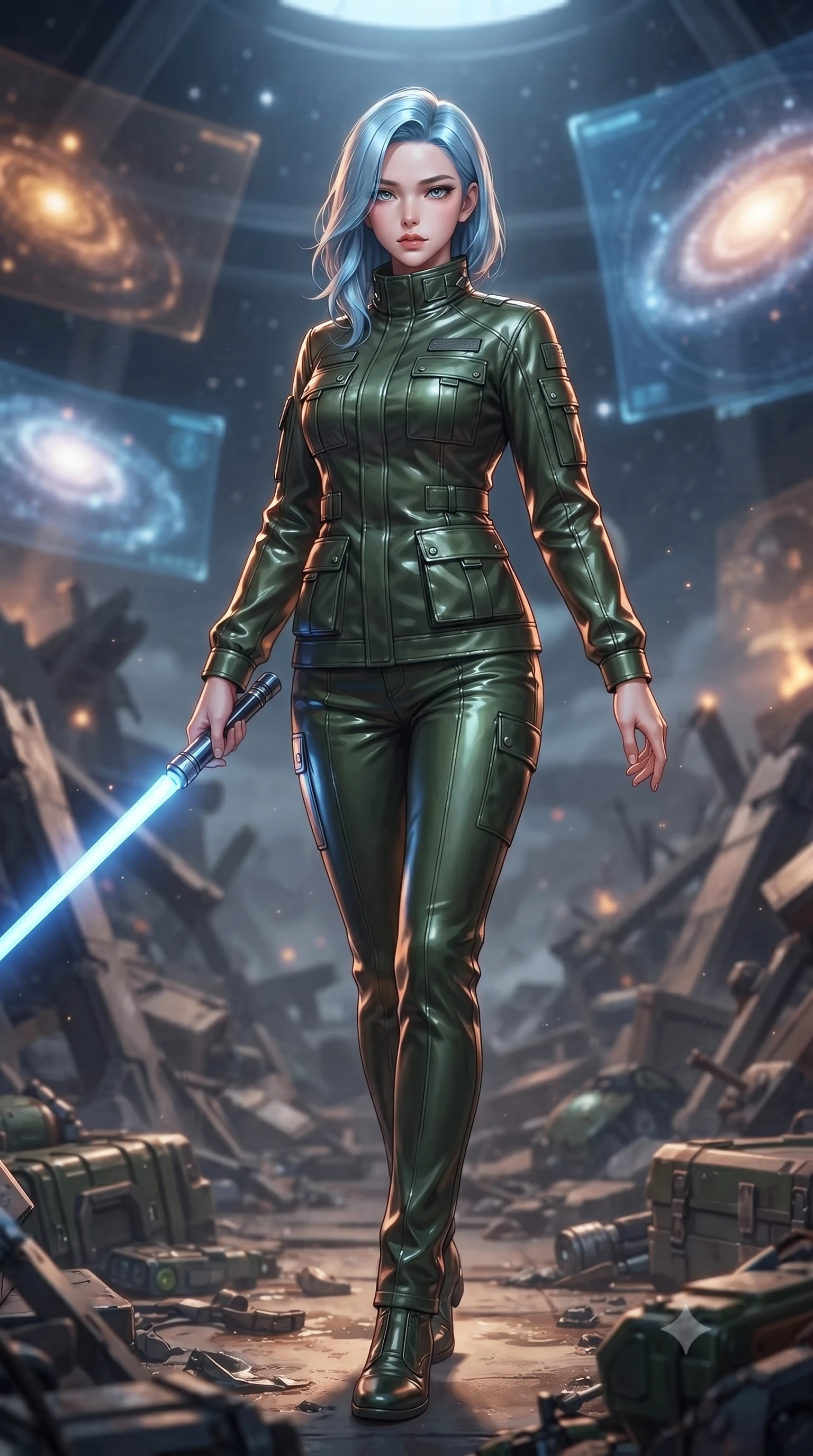 score_9, masterpiece, best quality, ultra-detailed, high-budget anime keyframe, editorial fashion photography, tasteful artistic composition, Korean woman. low angle full-body shot from head to toe showing her feet, filling the entire 9:16 vertical frame with her statuesque presence, stretching her vertical silhouette. stepping gracefully through battlefield debris with a glowing saber hilt in hand, looking back over her shoulder, the background shows a soft-focus a planetarium lounge with floating holograms showing glowing galaxy maps. She has an absolutely perfect, statuesque 8.5-heads proportion, an exceptionally tall and slender model-like female figure with impossibly long slender legs and an ultra-slim waist. sharp v-shaped jawline, high-bridge nose, intricate jewel-like eyes with depth, thick eyelashes, glossy lips with a natural sheen. wearing a slim-fit protective combat pilot jacket in deep olive green, featuring a high collar, utility pockets, and straight-fit trousers. soft starlight and the warm amber glow of planetary coordinate holograms. ultra-reflective glossy finish, specular highlights, metallic sheen, high-contrast stereoscopic depth, volumetric dynamic lighting, 2k, ultra detail, master piece, 9:16 ratio