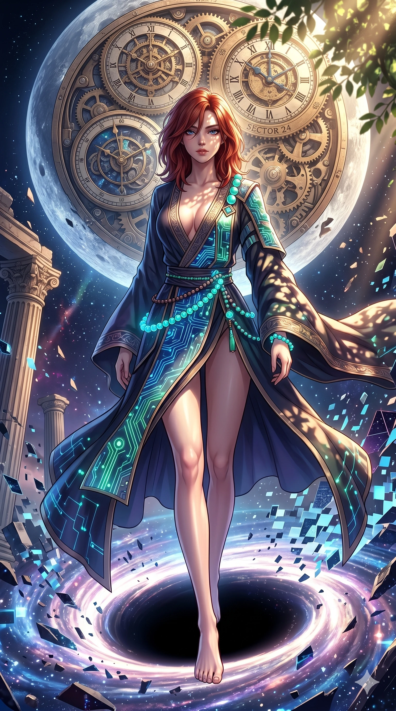 score_9, masterpiece, best quality, ultra-detailed, Set A: High-budget Anime Keyframe, Korean woman. Low angle cowboy shot filling the entire 9:16 frame with her statuesque presence. Theme: Historical Remix. shattering the fabric of reality in the edge of a black hole, with a massive clockwork moon ticking behind her as sector 24. The atmosphere is filled with cinematic sunlight through leaves. She has an absolutely perfect 8-heads proportion, an exceptionally tall and slender female figure with impossibly long slender legs and an ultra-slim waist. Sharp v-shaped jawline, high-bridge nose, intricate jewel-like eyes with depth, glossy lips. Wearing Cyber-monk robes with glowing circuit-patterned prayer beads and a deep V-cut. Cinematic lighting, vivid colors, dramatic shadows, 2k, ultra detail, master piece, 9:16 ratio