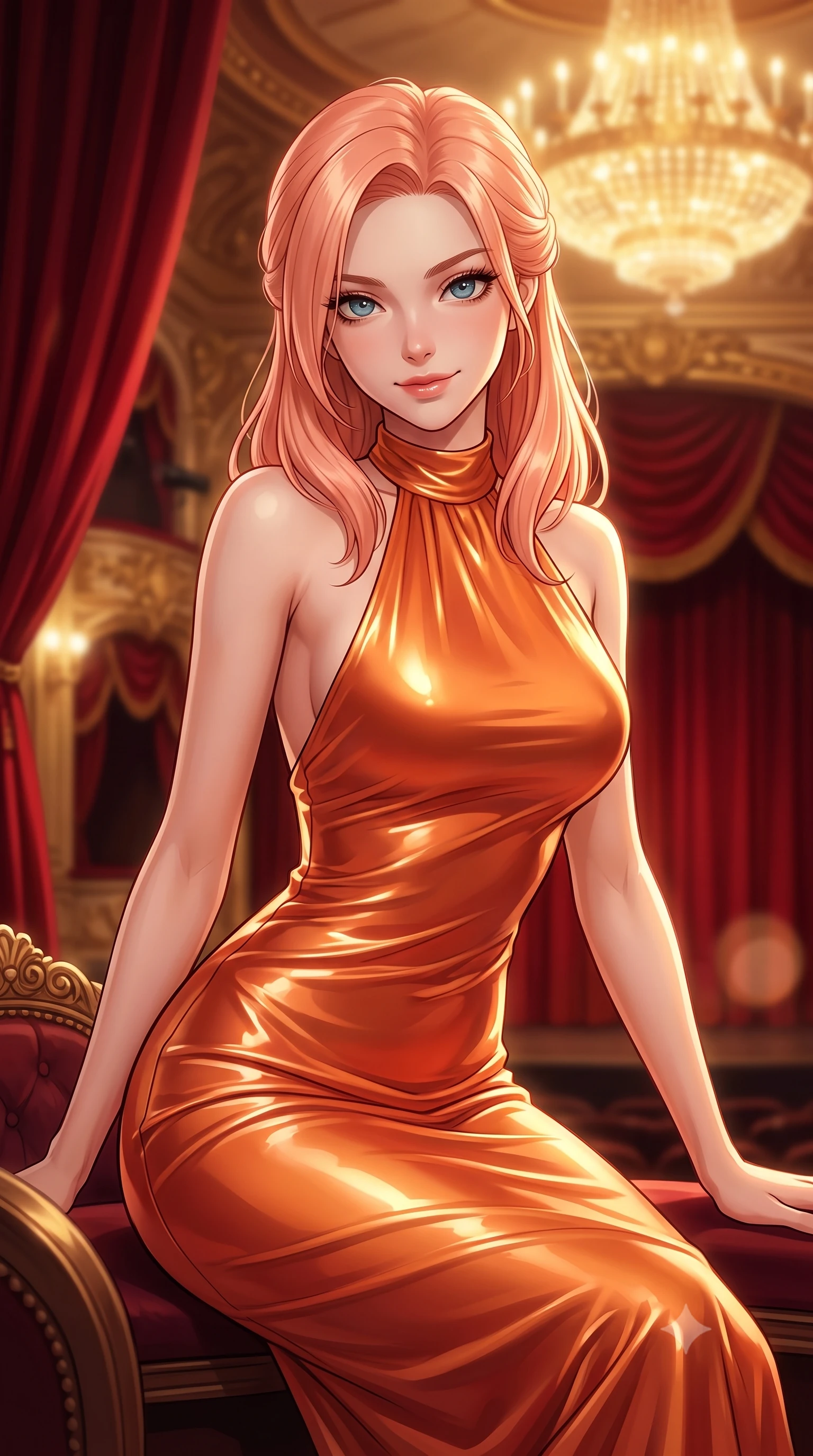 score_9, masterpiece, best quality, ultra-detailed, high-budget anime keyframe, editorial fashion photography, tasteful artistic composition, Japanese woman. close-up cowboy shot from the waist and thighs up, the character dominates the composition, filling the frame with her large presence, background elements kept in soft focus. leaning slightly forward with a playful, teasing smile, her gaze locked onto the viewer the background shows a soft-focus the 2nd-floor VIP opera box suite draped in heavy red silk velvet and gold carving decorations. She has an exceptionally elegant, slender, and willowy female figure with an ultra-slim waist, a gracefully sculpted slender torso, and a refined silhouette. sharp v-shaped jawline, high-bridge nose, intricate jewel-like eyes with depth, thick eyelashes, glossy lips with a natural sheen. wearing a slim-fit form-fitting liquid silk halter-neck maxi dress in sunset orange, draped elegantly to highlight her slender frame. warm golden light from the massive theater chandelier casting a soft wash. ultra-reflective glossy finish, specular highlights, metallic sheen, high-contrast stereoscopic depth, volumetric dynamic lighting, 2k, ultra detail, master piece, 9:16 ratio
